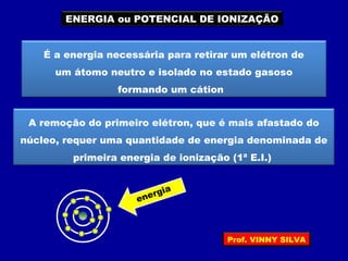 ENERGIA ou POTENCIAL DE IONIZAÇÃO
É a energia necessária para retirar um elétron de
um átomo neutro e isolado no estado gasoso
formando um cátion
A remoção do primeiro elétron, que é mais afastado do
núcleo, requer uma quantidade de energia denominada de
primeira energia de ionização (1ª E.I.)
energia
Prof. VINNY SILVA
 