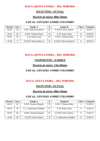 DATA: QUINTA-FEIRA – DIA 18/08/2016
MATUTINO - FUTSAL
Horário de início: 08hs:30min
LOCAL: GINÁSIO ANDRÉ COLOMBO
Horário Sexo Equipe A X Equipe B Chave Categoria
08:30 M E.M. Linha Carmelinda X E.E.B.P. Silvio Santos U SUB 12
09:10 M E.M.F. Vilarino Dutra X E. M. Santa Lúcia U SUB 08
09:50 M E. M. Santa Lúcia X E.M.F. Vilarino Dutra U SUB 10
10:30 F E.E.B.P. Silvio Santos A X E.E.B.P. Silvio Santos B U SUB 16
DATA: QUINTA-FEIRA – DIA 18/08/2016
VESPERTINO - XADREZ
Horário de início: 13hs:00min
LOCAL: GINÁSIO ANDRÉ COLOMBO
DATA: SEXTA-FEIRA – DIA 19/08/2016
MATUTINO - FUTSAL
Horário de início: 08hs:30min
LOCAL: GINÁSIO ANDRÉ COLOMBO
Horário Sexo Equipe A X Equipe B Chave Categoria
08:30 M E.M.P. Guerino Riquetti X E.M.F. Vilarino Dutra U SUB 10
09:10 M C. L. Santíssima Trindade X E. M. Santa Lúcia U SUB 10
09:50 M E.M.P. Guerino Riquetti X E.E.B.P. Silvio Santos U SUB 12
10:30 M E.E.B.P. Silvio Santos X C. L. Santíssima Trindade U SUB 16
 