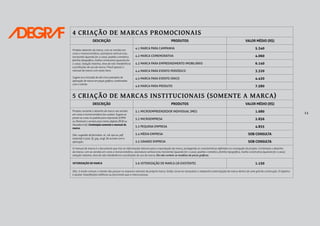 11
4 CRIAÇÃO DE MARCAS PROMOCIONAIS
DESCRIÇÃO PRODUTOS VALOR MÉDIO (R$)
Produto: desenho da marca, com as versões em
cores e monocromática, assinatura vertical e/ou
horizontal (quando for o caso), padrão cromático,
família tipográfica, malha construtiva (quando for
o caso), redução máxima, área de não interferência
e proibições de uso da marca. Prevê apenas o
manual de marca com esses itens.
Sugere-se a inclusão de até cinco exemplos de
aplicação de marca em peças gráfica, combinados
com o cliente.
4.1 MARCA PARA CAMPANHA 5.340
4.2 MARCA COMEMORATIVA 4.060
4.3 MARCA PARA EMPREENDIMENTO IMOBILIÁRIO 6.140
4.4 MARCA PARA EVENTO PERIÓDICO 3.320
4.5 MARCA PARA EVENTO ÚNICO 4.430
4.6 MARCA PARA PRODUTO 7.580
5 CRIAÇÃO DE MARCAS INSTITUCIONAIS (SOMENTE A MARCA)
DESCRIÇÃO PRODUTOS VALOR MÉDIO (R$)
Produto: somente o desenho da marca nas versões
em cores e monocromática (se couber). Sugere-se
prever as cores no padrão para impressão (CMYK
ou Pantone) e versões para meios digitais (RGB ou
Hexadecimal). Contempla somente o manual de
marca.
Obs.: sugestão de formatos: .ai, .cdr. eps ou .pdf
(vetorial) e (.psd, .tif, .jpg, .png). De acordo com a
aplicação.
5.1 MICROEMPREENDEDOR INDIVIDUAL (MEI) 1.680
5.2 MICROEMPRESA 2.856
5.3 PEQUENA EMPRESA 4.855
5.4 MÉDIA EMPRESA SOB CONSULTA
5.5 GRANDE EMPRESA SOB CONSULTA
O manual de marca é o documento que traz as informações básicas para a reprodução da marca, protegendo as características definidas na concepção do projeto. Contempla o desenho
da marca, com as versões em cores e monocromática, assinatura vertical e/ou horizontal (quando for o caso), padrão cromático, família tipográfica, malha construtiva (quando for o caso),
redução máxima, área de não interferência e proibições de uso da marca. Ele não contem os modelos de pecas gráficas.
VETORIZAÇÃO DE MARCA 5.6 VETORIZAÇÃO DE MARCA (JÁ EXISTENTE) 1.150
Obs.: é muito comum o cliente não possuir os arquivos vetoriais da própria marca. Então, torna-se necessário o redesenho (vetorização) de marca dentro de uma grid de construção. O objetivo
é ajustar imperfeições estéticas ou funcionais que a marca possua.
 