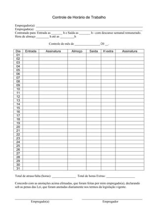 Tabela controle de horário de trabalho | PDF