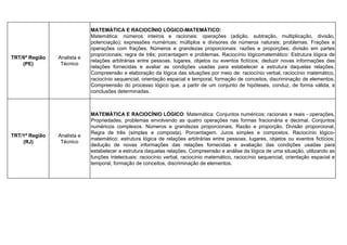 TRT/6ª Região
(PE)
Analista e
Técnico
MATEMÁTICA E RACIOCÍNIO LÓGICO-MATEMÁTICO:
Matemática: números inteiros e racionais: operações (adição, subtração, multiplicação, divisão,
potenciação); expressões numéricas; múltiplos e divisores de números naturais; problemas. Frações e
operações com frações. Números e grandezas proporcionais: razões e proporções; divisão em partes
proporcionais; regra de três; porcentagem e problemas. Raciocínio lógicomatemático: Estrutura lógica de
relações arbitrárias entre pessoas, lugares, objetos ou eventos fictícios; deduzir novas informações das
relações fornecidas e avaliar as condições usadas para estabelecer a estrutura daquelas relações.
Compreensão e elaboração da lógica das situações por meio de: raciocínio verbal, raciocínio matemático,
raciocínio sequencial, orientação espacial e temporal, formação de conceitos, discriminação de elementos.
Compreensão do processo lógico que, a partir de um conjunto de hipóteses, conduz, de forma válida, a
conclusões determinadas.
TRT/1ª Região
(RJ)
Analista e
Técnico
MATEMÁTICA E RACIOCÍNIO LÓGICO: Matemática: Conjuntos numéricos: racionais e reais - operações,
Propriedades, problemas envolvendo as quatro operações nas formas fracionária e decimal. Conjuntos
numéricos complexos. Números e grandezas proporcionais. Razão e proporção. Divisão proporcional.
Regra de três (simples e composta). Porcentagem. Juros simples e compostos. Raciocínio lógico-
matemático: estrutura lógica de relações arbitrárias entre pessoas, lugares, objetos ou eventos fictícios;
dedução de novas informações das relações fornecidas e avaliação das condições usadas para
estabelecer a estrutura daquelas relações. Compreensão e análise da lógica de uma situação, utilizando as
funções intelectuais: raciocínio verbal, raciocínio matemático, raciocínio sequencial, orientação espacial e
temporal, formação de conceitos, discriminação de elementos.
www.estrategiaconcursos.com.br
 