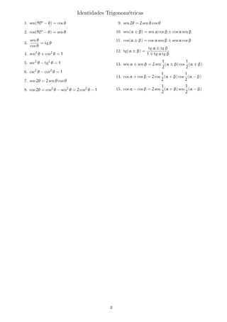 Identidades Trigonom´etricas
1. sen(90o
− θ) = cos θ
2. cos(90o
− θ) = sen θ
3.
sen θ
cos θ
= tg θ
4. sen2
θ + cos2
θ = 1
5. sec2
θ − tg2
θ = 1
6. csc2
θ − cot2
θ = 1
7. sen 2θ = 2 sen θ cos θ
8. cos 2θ = cos2
θ − sen2
θ = 2 cos2
θ − 1
9. sen 2θ = 2 sen θ cos θ
10. sen(α ± β) = sen α cos β ± cos α sen β
11. cos(α ± β) = cos α sen β ± sen α cos β
12. tg(α ± β) =
tg α ± tg β
1 tg α tg β
13. sen α ± sen β = 2 sen
1
2
(α ± β) cos
1
2
(α ± β)
14. cos α + cos β = 2 cos
1
2
(α + β) cos
1
2
(α − β)
15. cos α − cos β = 2 sen
1
2
(α + β) sen
1
2
(α − β)
3
 