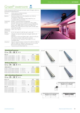 PROJECTORES PARA EMBELEZAMENTO | EXTERIOR



GrazeP owercore
Família de projectores LED lineares para iluminação rasante. Montagem saliente ou
encastrado. Tecnologia Powercore
Materiais      Corpo: alumínio anodizado, extruído
               Lente: policarbonato claro
Balastros      Electrónicos. Versão Cor e iW compatíveis com a linha de
               controladores Philips DMX
               As versões Cor e iW, necessitam Data Enabler Pro e um
               controlador DMX para funcionar
Temperatura BCS459 - CorGraze Powercore: RGB/AWB
de Cor         iW Graze Powercore: branco ajustável entre 2700 e 6500K
               BCS419 - eW Graze Powercore: Branco quente 2700K (WW),
               branco neutro 4000K (NW) ou branco frio 5700K (CW)
               BCS439 - eCor Graze Powercore: âmbar (AM), vermelho (RD),
               verde (GN), azul (BL).
Temperatura de -40 ºC < Ta < +50 °C
funcionamento
Ópticas        9º x 9°, 10º x 60º, 15º x 30º, 30º x 60º e 60º x 30º
Instalação     Aplicação com peça de ﬁxação para montagem saliente e de
               superﬁcie.
               Necessário um cabo inicial (leader cable) e cabos de união para
               linhas contínuas (jumper cable), pedir em separado.
               As versões Cor e iW necessitam Data Enabler Pro e um
               controlador DMX
Acessórios     Cabos de união (de extremo a extremo 0 mm, 305 mm, 1500 mm,
               3000 mm, 5000 mm, 10000mm). Cabo inicial (15,2 m e 1,8 m).
               Blocos de terminação. Lamelas anti-encandeamento.
               Caixas de encastrar. Data Enabler Pro



 iColorGrazeP owercore                                                              BCS419                     BCS439
    Classe I     66              IK 10

RGB, 10º                                                        EOC     EUROS
BCS459 12xLED-HB/RGB        10   DMX        L305 mm           70465199   454,00
BCS459 24xLED-HB/RGB        10   DMX        L609 mm           71580499   794,00
BCS459 36xLED-HB/RGB        10   DMX        L914 mm           71575000 1.063,00
BCS459 48xLED-HB/RGB        10   DMX        L1219 mm          71576700 1.319,00


 iW Graze Powercore
    Classe I     66              IK 10
                                                                                    BCS459 iW                  BCS459 RGB
2700K-6500K, 10º                                                EOC     EUROS
BCS459 12xLED-HB/WH-2700-6500          10   L305 mm           70566599   454,00
BCS459 24xLED-HB/WH-2700-6500          10   L609 mm           70567299   794,00
BCS459 36xLED-HB/WH-2700-6500          10   L914 mm           70580100 1.063,00
BCS459 48xLED-HB/WH-2700-6500          10   L1219 mm          70581800 1.319,00


 eW + eColorGraze Powercore
    Classe I     66              IK 10

Branco, 10º                                                     EOC     EUROS
BCS419 12xLED-HB/CW         10              L305 mm           70489799   377,00
BCS419 24xLED-HB/CW         10              L609 mm           70502399   608,00
BCS419 36xLED-HB/CW         10              L914 mm           70543600   850,00
BCS419 48xLED-HB/CW         10              L1219 mm          70556600 1.046,00
Azul, 10º                                                       EOC     EUROS
BCS439 12xLED-HB/BL         10              L305 mm           70351799   377,00
BCS439 24xLED-HB/BL         10              L609 mm           70371599   608,00
BCS439 36xLED-HB/BL         10              L914 mm           70431600   850,00
BCS439 48xLED-HB/BL         10              L1219 mm          70451400 1.046,00




www.philips.pt/iluminacao                                                                                      Tabela Iluminação Proﬁssional 2012   101
 
