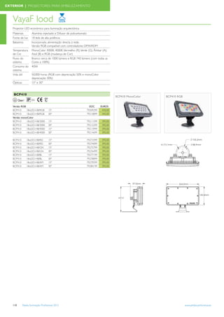 EXTERIOR | PROJECTORES PARA EMBELEZAMENTO



   VayaF lood
   Projector LED económico para iluminação arqutectónica
   Materiais           Alumínio injectado e Difusor de policarbonato
   Fonte de luz        18 leds de alta potência
   Balastros           Incorporado, alimentação directa à rede.
                       Versão RGB compatível com controladores DMX/RDM
   Temperatura         MonoColor 3000K, 4000K, Vermelho (R), Verde (G), Âmbar (A),
   de Cor              Azul (B) e RGB (mudança de Cor)
   Fluxo do            Branco cerca de 1000 lúmens e RGB 740 lúmens (com todas as
   sistema             Cores a 100%)
   Consumo do          40W
   sistema
   Vida útil           50.000 horas (RGB com depreciação 50% e monoColor
                       depreciação 30%)
   Ópticas             15º e 30º


    BCP410
                                                                                      BCP410 MonoColor   BCP410 RGB
         Classe I      66

   Versão RGB                                                      EOC      EUROS
   BCP410     18xLED-HB/RGB           15º                        79209299    445,00
   BCP410     18xLED-HB/RGB           30º                        79210899    445,00
   Versão monoColor
   BCP410     18xLED-HB/3000          15º                        79211599    395,00
   BCP410     18xLED-HB/3000          30º                        79212299    395,00
   BCP410     18xLED-HB/4000          15º                        79213999    395,00
   BCP410     18xLED-HB/4000          30º                        79214699    395,00

   BCP410           18xLED-HB/RD      15º                        79273399    395,00
   BCP410           18xLED-HB/RD      30º                        79274099    395,00
   BCP410           18xLED-HB/GN      15º                        79275799    395,00
   BCP410           18xLED-HB/GN      30º                        79276499    395,00
   BCP410           18xLED-HB/BL      15º                        79277199    395,00
   BCP410           18xLED-HB/BL      30º                        79278899    395,00
   BCP410           18xLED-HB/AM      15º                        79279599    395,00
   BCP410           18xLED-HB/AM      30º                        79280199    395,00




   110        Tabela Iluminação Proﬁssional 2012                                                                      www.philips.pt/iluminacao
 