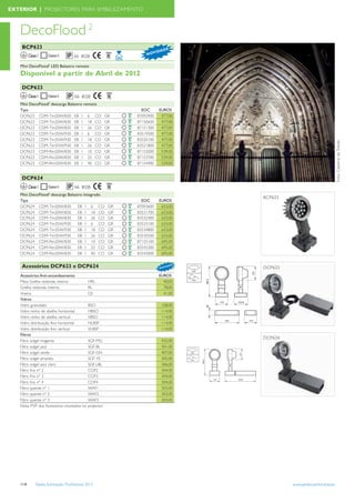 EXTERIOR | PROJECTORES PARA EMBELEZAMENTO



   DecoFlood 2
    BCP623                                                                         DE
                                                                            I DA
         Classe I                                                    N OV


   Mini DecoFlood2 LED Balastro remoto
   Disponível a partir de Abril de 2012
    DCP623
         Classe I
   Mini DecoFlood2 descarga Balastro remoto
   Tipo                                                            EOC       EUROS
   DCP623 CDM-Tm20W/830 EB I 6 CO                          GR    87092900     477,00
   DCP623 CDM-Tm20W/830 EB I 18 CO                         GR    87150600     477,00
   DCP623 CDM-Tm20W/830 EB I 26 CO                         GR    87151300     477,00
   DCP623 CDM-Tm35W/930 EB I 6 CO                          GR    83519500     477,00
   DCP623 CDM-Tm35W/930 EB I 18 CO                         GR    83520100     477,00




                                                                                                                                  Foto: Catedral de Toledo
   DCP623 CDM-Tm35W/930 EB I 26 CO                         GR    83521800     477,00
   DCP623 CDM-Rm20W/830 EB I 10 CO                         GR    87152000     539,00
   DCP623 CDM-Rm20W/830 EB I 25 CO                         GR    87153700     539,00
   DCP623 CDM-Rm20W/830 EB I 40 CO                         GR    87154400     539,00


    DCP624
         Classe I
   Mini DecoFlood2 descarga Balastro      integrado
                                                                                             BCP623
   Tipo                                                            EOC       EUROS
   DCP624 CDM-Tm20W/830           EB       I    6    CO     GR   87093600     633,00
   DCP624 CDM-Tm20W/830           EB       I    18   CO     GR   83531700     633,00
   DCP624 CDM-Tm20W/830           EB       I    26   CO     GR   83532400     633,00
   DCP624 CDM-Tm35W/930           EB       I    6    CO     GR   83533100     633,00
   DCP624 CDM-Tm35W/930           EB       I    18   CO     GR   83534800     633,00
   DCP624 CDM-Tm35W/930           EB       I    26   CO     GR   83535500     633,00
   DCP624 CDM-Rm20W/830           EB       I    10   CO     GR   87155100     695,00
   DCP624 CDM-Rm20W/830           EB       I    25   CO     GR   83542300     695,00
   DCP624 CDM-Rm20W/830           EB       I    40   CO     GR   83543000     695,00


    Acessórios DCP623 e DCP624                                               N OV
                                                                                    IDA
                                                                                        DE
                                                                                             DCP623
   Acessórios Anti-encandeamento                                             EUROS
   Meia Grelha redonda interna                 HRL                             40,00
   Grelha redonda interna                      RL                              78,00
   Viseira                                     GS                              41,00
   Vidros
   Vidro granulado                             BSO                             108,00
   Vidro ninho de abelha horizontal            HBSO                            114,00
   Vidro ninho de abelha vertical              VBSO                            114,00
   Vidro distribuição fino horizontal          HLBSP                           114,00
   Vidro distribuição fino vertical            VLBSP                           114,00
   Filtros
                                                                                             DCP624
   Filtro solgel magenta                       SGF-MG                          432,00
   Filtro solgel azul                          SGF-BL                          301,00
   Filtro solgel verde                         SGF-GN                          407,00
   Filtro solgel amarelo                       SGF-YE                          305,00
   Filtro solgel azul claro                    SGF-LBL                         306,00
   Filtro frio nº 2                            COF2                            304,00
   Filtro frio nº 3                            COF3                            304,00
   Filtro frio nº 4                            COF4                            304,00
   Filtro quente nº 1                          WAF1                            303,00
   Filtro quente nº 2                          WAF2                            303,00
   Filtro quente nº 3                          WAF3                            303,00
   Nota: PVP dos Acessórios montados no        projector




   114        Tabela Iluminação Proﬁssional 2012                                                      www.philips.pt/iluminacao
 