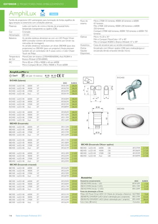 EXTERIOR | PROJECTORES PARA EMBELEZAMENTO



   AmphiLux
   Família de projectores LED submergíveis para iluminação de fontes, espelhos de                Fluxo do         Micro: 2700K 55 lúmenes, 4000K 60 lúmenes e 6000K
   água, tanques ou exteriores com condições adversas.                                           sistema          65 lúmenes
   Materiais           Latão com banho de cromo e Versão de ertacetal; Vidro                                      Mini: 2700K 220 lúmenes, 4000K 240 lúmenes e 6000K
                       temperado transparente ou opalino (OB)                                                     250 lúmenes
   Cor                 Cromado                                                                                    Compact: 2700K 660 lúmenes, 4000K 720 lúmenes e 6000K 750
                                                                                                                  lúmenes
   Alimentação         12V DC
                                                                                                 Ópticas          Micro: 10, 20 e 35º
   Balastros           As versões estáticas alimentam-se com um LED Power Driver
                                                                                                                  Mini e Compact MonoColor: 10º e 40º
                       60W (consultar número de luminárias máximo por Driver nas
                                                                                                                  Mini e Compact RGBW e Branco Aﬁnável: 15º e 30º
                       instruções de montagem).
                       As versões dinâmicas necessitam um driver ZBD408 (para dois               Acessórios       Caixa de encastrar para as versões encastráveis
                       projectores) ou ZBD404 (para um projector). Ainda precisam                Outras           Encastrado com Difusor opalino (OB) para sinalização/guia e
                       também de um controlador de 4 canais como o Color Chaser                  Opções           encastrado, Versão ertacetal (Versão micro)
                       Touch de Philips                                                          Disponíveis
   Temperatura         MonoColor em branco (2700/4000/6000K), Azul, RGBW e
   de Cor              Branco Aﬁnável (2700-6000K)
   IRC                 Micro: 80 em 2700 e 4000K e 60 em 6000K
                       Mini e Compact: 80 em 2700 e 4000K e 70 em 6000K


    AmphiLuxMicr o
         Classe III         68 (até 10 metros)      IK 05 IK 10
                                                    saliente   encastrado
                                                                                                                                                BVD400
    BVD400 (Saliente)
                                                                              EOC      EUROS
   BVD400        1xLED-HB     6000K       10º                               89301099    286,00
   BVD400        1xLED-HB     4000K       10º                               89302799    286,00
   BVD400        1xLED-HB     2700K       10º                               89303499    286,00
   BVD400        1xLED-HB     Azul        10º                               89304199    286,00

   BVD400        1xLED-HB     6000K       20º                               89305899   286,00
   BVD400        1xLED-HB     4000K       20º                               89306599   286,00
   BVD400        1xLED-HB     2700K       20º                               89307299   286,00
   BVD400        1xLED-HB     Azul        20º                               89308999   286,00
                                                                                                                                                BBD400
   BVD400        1xLED-HB     6000K       35º                               89309699   286,00
   BVD400        1xLED-HB     4000K       35º                               89310299   286,00
   BVD400        1xLED-HB     2700K       35º                               89311999   286,00
   BVD400        1xLED-HB     Azul        35º                               89312699   286,00
    BBD400 (Encastrado)
   BBD400        1xLED-HB     6000K       10º                               89313399   214,00
   BBD400        1xLED-HB     4000K       10º                               89314099   214,00
   BBD400        1xLED-HB     2700K       10º                               89315799   214,00
   BBD400        1xLED-HB     Azul        10º                               89316499   214,00

   BBD400        1xLED-HB     6000K       20º                               89317199   214,00
   BBD400        1xLED-HB     4000K       20º                               89318899   214,00
   BBD400        1xLED-HB     2700K       20º                               89319599   214,00    BBC400 (Encastrado Difusor opalino)
   BBD400        1xLED-HB     Azul        20º                               89320199   214,00    BBD400     1xLED-HB    6000K       OB                                89337999     217,00
                                                                                                 BBD400     1xLED-HB    4000K       OB                                89338699     217,00
   BBD400        1xLED-HB     6000K       35º                               89321899   214,00    BBD400     1xLED-HB    2700K       OB                                89339399     217,00
   BBD400        1xLED-HB     4000K       35º                               89322599   214,00    BBD400     1xLED-HB    Azul        OB                                89340999     217,00
   BBD400        1xLED-HB     2700K       35º                               89323299   214,00
   BBD400        1xLED-HB     Azul        35º                               89324999   214,00
    BBC400 (Encastrado ertacetal)
   BBC400        1xLED-HB     6000K       10º                               89325699   259,00
   BBC400        1xLED-HB     4000K       10º                               89326399   259,00
   BBC400        1xLED-HB     2700K       10º                               89327099   259,00
   BBC400        1xLED-HB     Azul        10º                               89328799   259,00
                                                                                                 Acessórios
   BBC400        1xLED-HB     6000K       20º                               89329499   259,00    Acessórios encastramento                                               EOC       EUROS
   BBC400        1xLED-HB     4000K       20º                               89330099   259,00    ZBD400 RMB (Versão 1 LED                                             89341699      17,00
   BBC400        1xLED-HB     2700K       20º                               89331799   259,00    ZBD410 RMB (Versão 4 LED)                                            89511399      21,00
   BBC400        1xLED-HB     Azul        20º                               89332499   259,00    ZBD420 RMB (Versão 12 LED)                                           89512099      25,00
                                                                                                 Fonte de alimentação e Driver
   BBC400        1xLED-HB     6000K       35º                               89333199   259,00    Philips LED Power Driver 60W-12V (Tabela de Lâmpadas e Balastros)    06277800      75,00
   BBC400        1xLED-HB     4000K       35º                               89334899   259,00    ZBD408 PSU DMX/RDM 2x4CH (driver e alimentação para 2 projectores)   89513799     435,00
   BBC400        1xLED-HB     2700K       35º                               89335599   259,00    ZBD404 PSU DMX/RDM 1x4CH (driver e alimentação para 1 projector)     89514499     386,00
   BBC400        1xLED-HB     Azul        35º                               89336299   259,00    Extra Cabo (€/metro)                                                 Consultar      8,00




   116         Tabela Iluminação Proﬁssional 2012                                                                                                                www.philips.pt/iluminacao
 