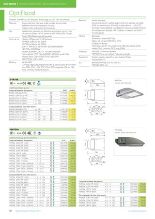 EXTERIOR | PROJECTORES PARA ÁREAS DESPORTIVAS



   OptiFlood
   Projector assimétrico para lâmpadas de descarga ou LED. Fácil manutenção             Balastros        Versão descarga:
   Materiais        Corpo: Alumínio injectado a alta pressão anti-corrosão                               Convencionais com opções duplo nível com cabo de comando
                    Reﬂector: Alumínio metalizado no vazio                                               (DN) ou temporizado (DN+T) ou electrónicos 1-10V (D7).
                    Difusor: Vidro endurecido térmicamente                                               Consultar disponibilidade com Balastros Dynavision DALI Xtreme.
   Cor              Acabamento standard em Alumínio sem pintura ou em cinza                              As versões com lâmpada HPI-T utilizam o balastro de SON-T
                    ultra-escuro Philips 10714 (similar a RAL 7043) (GR). Outras                         Convencionais.
                    Cores RAL Disponíveis sob consulta                                  Ópticas          Descarga:
   Fonte de luz     Módulo LEDgine até 18100 lúmenes                                                     Assimétrica Imax 60/65º (A)
                    MVP506 potências até 600W                                                            Óptica de estrada (OR, OC e TP-S)
                    MVP504 potências até 150W                                                            LEDgine multicapa:
                    SON–T PIA PLUS 50/70/100/150/250/400/600W                                            Assimétrica de 60º (A), simétrica de 360º (S), estreita (DN),
                    HPI-T Plus 250/400W                                                                  média (DM), conforto (DC), larga (DW)
                    MasterCityWhite CDO-TT 70/100/150/250W                              Instalação       MVP506: Corta-ﬂuxo traseiro
                    CosmoWhite CPO-TW 45/60/90/140W (só versão 506)                                      MVP504: Vidro anti-reﬂexo. Malha de proteção
                    MasterColour CDM-T/TD 35/70/150/250W                                Acessórios       Existem ligações especíﬁcas para colunas Philips
                    CDM-TMW 210/3150W                                                                    Horizontal ±15º
   Balastros        Versão LED:                                                         Scx              BVP506/MVP506: 0,10 m2 (inlc.0º)
                    Lumistep, regulação programável (até 5 passos),cabo de comando                       MVP504: 0,037 m2
                    com SDU (D5), 1-10V (D7), DALI (D9), telegestão (D6 ou D8),
                    ﬂuxo luminoso constante (CLO)



    BVP506                                                                                                                                  BVP506
         66 IK 09                                                                                                                           versão sem pintura

    OptiFlood LEDgine grande
   Corpo de Alumínio Sem pintura                                   EOC      EUROS
   BVP506 GRN98-2S/740             I   A                        41775000    1.177,00
   BVP506 GRN107-2S/740            I   A                        41776700    1.402,00
   BVP506 ECO151-2S/657            I   A                        41778100    1.177,00
   BVP506 ECO166-2S/657            I   A T35                    41779800    1.402,00
   BVP506 ECO181-2S/657            I   A T35                    41780400    1.434,00
   Corpo pintado de cinza ultra-escuro
   BVP506 GRN98-2S/740              I A       GR                41781100    1.210,00
   BVP506 GRN107--2S/740            I A       GR                41782800    1.435,00
   BVP506 ECO151-2S/657             I A       GR                41784200    1.210,00
   BVP506 ECO166-2S/657             I A       GR    T35         41785900    1.435,00
   BVP506 ECO181-2S/657             I A       GR    T35         41786600    1.468,00




    MVP506                                                                                                                                  MVP506
         65 IK 09                                                                                                                           versão cinza ultra-escuro

    Optiﬂood descarga grande assimétrico
   Corpo de Alumínio Sem pintura                                  EOC         EUROS
   MVP506 SON-TPP 150W               I K       A                72019700       546,00
   MVP506 SON-TPP 250W               I K       A                72020300       557,00
   MVP506 SON-TPP 400W               I K       A                72021000       588,00
   MVP506 SON-TPP 600W               I K       A                11608200       669,00
   MVP506 HPI-TP 250W                I K       A                72023400       577,00
   MVP506 HPI-TP 400W                I K       A                72024100       582,00
   MVP506 CDO-TT 150W                I K       A                72025800       588,00
   MVP506 CDO-TT 250W                I K       A                Consultar      661,00
   MVP506 CDM-TMW 210W/930 I K                 EB   A           29647100       872,00
   MVP506 CDM-TMW 315W/930 I K                 EB   A           29648800       835,00
   MVP506 CDM-TMW 210W/942 I K                 EB   A           29984700       872,00
   MVP506 CDM-TMW 315W/942 I K                 EB   A           29985400       935,00
   Corpo pintado de cinza ultra-escuro                                                  MVP506
   MVP506 SON-TPP 150W               I    K    A    GR          72027200   674,00
   MVP506 SON-TPP 250W               I    K    A    GR          72028900   689,00
                                                                                        Corpo de Alumínio Sem pintura
   MVP506 SON-TPP 400W               I    K    A    GR          72029600   736,00
                                                                                        MVP506 SON-TPP 250W               II   K   A                          72315000      592,00
   MVP506 SON-TPP 600W               I    K    A    GR          11607500   818,00
                                                                                        MVP506 SON-TPP 400W               II   K   A                          72316700      623,00
   MVP506 HPI-TP 250W                I    K    A    GR          72031900   714,00
                                                                                        MVP506 HPI-TP 250W                II   K   A                          72318100      613,00
   MVP506 HPI-TP 400W                I    K    A    GR          72032600   725,00
   MVP506 CDO-TT 150W                I    K    A    GR          72033300   714,00       MVP506 HPI-TP 400W                II   K   A                          72319800      617,00
   MVP506 CDO-TT 250W                I    K    A    GR          Consultar  789,00       Corpo pintado de cinza ultra-escuro
   MVP506 CDM-TMW 210W/930 I              K    EB   A     GR    29649500   962,00       MVP506 SON-TPP 250W               II   K   A   GR                     72324200      699,00
   MVP506 CDM-TMW 315W/930 I              K    EB   A     GR    29650100 1.025,00       MVP506 SON-TPP 400W               II   K   A   GR                     72325900      745,00
   MVP506 CDM-TMW 210W/942 I              K    EB   A     GR    29988500   962,00       MVP506 HPI-TP 250W                II   K   A   GR                     72327300      725,00
   MVP506 CDM-TMW 315W/942 I              K    EB   A     GR    29989200 1.025,00       MVP506 HPI-TP 400W                II   K   A   GR                     72328000      736,00

   124     Tabela Iluminação Proﬁssional 2012                                                                                                              www.philips.pt/iluminacao
 