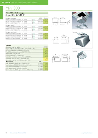 EXTERIOR | PROJECTORES PARA GASOLINEIRAS



   Mini 300
    Mini 300 Versão Descarga                                                      DBP300
         Classe I     65

   Montagem encastrado                                         EOC      EUROS
   DBP300 1xCDM-TD 150W/942              K   A WB            18080200    501,00
   DBP300 1xCDM-TD 150W/942              K   S WB            24991200    501,00
   DBP300 1xCDM-T 250W/942               K   S WB            38495800    698,00
   Montagem saliente
   DCP300 1xCDM-TD15 0W/942              K   A WB            18094900   501,00
   DCP300 1xCDM-TD 15 0W/942             K   S WB            18097000   501,00
   DCP300 1xCDM-T 250W/942               K   S WB            38509200   698,00
   Montagem sobre poste                                                           DCP300
   DGP300 1xCDM-TD150W /942              K   A WB            18059800   597,00
   DGP300 1xCDM-TD 150W/942              K   A MB            18104500   597,00
   DGP300 1xCDM-TD 150W/942              K   A NB            18108300   597,00
   DGP300 1xCDM-T 250W/942               K   A MB            38515300   794,00




    Opções
   Aumento de preço por opção                                           EUROS
   Lâmpada CDM-TD 70W/150W e CDM-T 250W em 830 ou 942                      0,00
   BALASTRO electrónico Primavision CDM-TD 70W                            79,00
   BALASTRO electrónico Primavision CDM-TD 150W                           99,00   DGP300
   De Halogéneo auxilar de 150W                                           99,00
   Difusor transparente TB (Policarbonato)                                15,00
   Versão de reacendimento a quente HR para CDM-TD                       641,00
   Aumento de preço por óptica A ou S. Versão LED                          0,00
   Aumento de preço por RAL 9006 (só Versão BPP300)                       35,00
    Acessórios                                                 EOC
   Peça T para poste ZGP300 MBP-T L590 SI (590 cm)           18130400     96,00
   Peça T para poste ZGP300 MBP-T L1159 SI (1159 cm)         18131100    104,00
   Braço Parede ZGP300 MBW L210 SI (210 cm)                  18132800     96,00
   Braço Parede ZGP300 MBW L600 SI (600 cm)                  18133500    104,00
   Moldura adaptador ZBP300 (para substituir a MPF211/212)   18129800     56,00




   128        Tabela Iluminação Proﬁssional 2012                                           www.philips.pt/iluminacao
 