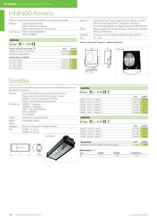EXTERIOR | PROJECTORES PARA TÚNEIS



   HNF600 Almería
   Projector robusto para Iluminação de túneis com lâmpadas de descarga.               Balastros          Convencional com Opções duplo nivel com cabo de comando
   Materiais          Corpo: Alumínio fundido                                                             (DN) ou temporizado (DN+T). Integrado no Projector.
                      Reﬂector: Alumínio anodizado                                                        Consultar disponibilidade com Balastro Dynavision DALI Xtreme
                      Difusor: Vidro endurecido termicamente                           Óptica             Utiliza a amplamente reconhecida óptica de Iluminação rodoviária
   Fonte de luz       SON-T 150/250/400/600W                                                              T-POT da TrafﬁcVision.
                      HPI-T 250/400W                                                   Instalação         Fornecida com lira de ﬁxação à parede ou outra superﬁcie
                                                                                       Peso               19 - 27 kg
    HNF600
                                                                                       Pedir em separado: Projector + Balastro Eléctrico
         Classe I     66 IK 08

   Corpo com óptica descentrada                                     EOC      EUROS                                                   HNF 600
   HNF600 E40 (para 150W/250W)                                    52922000    463,00
   HNF600 E40 (para 400W)                                         52923700    463,00
   Unidade eléctrica HNF600
   U.E. SON 100W                                                  11684600    88,00
   U.E. SON 150W                                                  52481200    93,00
   U.E. SON 250W                                                  52488100    93,00
   U.E. SON 400W                                                  52487400   120,00




   Sondika
   Luminária robusta para Iluminação de túneis de mínima manutenção graças ao seu      HNF901
   alto índice de protecção.
                                                                                              Classe I    66 IK 08
   Materiais          Corpo: Perﬁl de Alumínio extruido pintado de preto
                      Tampas laterais: Alumínio fundido pintado de preto                                                                                 EOC        EUROS
                      Reﬂector: Alumínio de alta pureza (99,9%)                        HNF901        SON-T 1x150W   S                                  52928200      493,00
                      Difusor: Vidro endurecido termicamente                           HNF901        SON-T 1x250W   S                                  52938100      507,00
   Fonte de luz       HNF901: 1 x lâmpada                                              HNF901        SON-T 1x400W   S                                  71754500      528,00
                      HNF902: 2 x lâmpadas                                             HNF901        SON-T 1x150W   A                                  52929900      493,00
                      SON-T 100/150/250/400W                                           HNF901        SON-T 1x250W   A                                  52918300      507,00
                      HPI-T 250/400W                                                   HNF901        SON-T 1x400W   A                                  52934300      528,00
                      TL-D 36/58W
   Óptica             Simétrica (S) e Assimétrica (A)                                  HNF902
   Difusor            Possibilidade de IP67
                                                                                              Classe I    66 IK 08
   óptico
   Instalação         Fornecido com peças de ﬁxação à parede                                                                                             EOC        EUROS
   Peso               HNF901: 11-15 kg                                                 HNF902        2xSON-T 150W   S                                  52932900      789,00
                      HNF902: 20-26,5 kg                                               HNF902        2xSON-T 250W   S                                  01191200      816,00
                                                                                       HNF902        2xSON-T 150W   A                                  01192900      789,00
                                                   SONDIKA                             HNF902        2xSON-T 400W   A                                  52935000      846,00

                                                                                       Acessórios                                                        EOC        EUROS
                                                                                       HNF902/901 Conjunto de Peças de ﬁxação à parede                 11619800       27,00


                                                                                       Dimensões (mm)
                                                                                       Tipo                    HNF901            HNF902                HNF902TLD
                                                                                       A                        712               1.340                  1.319




   130        Tabela Iluminação Proﬁssional 2012                                                                                                    www.philips.pt/iluminacao
 