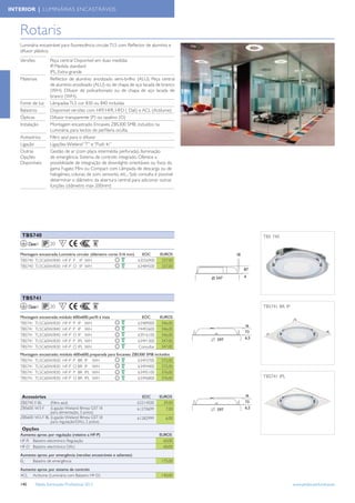 INTERIOR | LUMINÁRIAS ENCASTRÁVEIS



   Rotaris
   Luminária encastrável para ﬂuorescência circular TL5 com Reﬂector de alumínio e
   difusor plástico.
   Versões            Peça central Disponível em duas medidas
                      IP, Medida standard
                      IPL, Extra-grande
   Materiais          Reﬂector de alumínio anodizado semi-brilho (ALU). Peça central
                      de alumínio anodizado (ALU) ou de chapa de aço lacada de branco
                      (WH). Difusor de policarbonato ou de chapa de aço lacada de
                      branco (WH).
   Fonte de luz       Lâmpadas TL5 cor 830 ou 840 incluídas
   Balastros          Disponível versões com HFP, HFR, HFD ( Dali) e ACL (Actilume)
   Ópticas            Difusor transparente (P) ou opalino (O)
   Instalação         Montagem encastrado. Encaixes ZBS300 SMB, incluídos na
                      Luminária, para tectos de perﬁlaría oculta.
   Acessórios         Filtro azul para o difusor
   Ligação            Ligações Wieland “T” e “Push In”
   Outras             Gestão de ar (com placa intermédia perfurada). Iluminação
   Opções             de emergência. Sistema de controlo integrado. Oferece a
   Disponíveis        possibilidade de integração de downlights orientáveis ou ﬁxos da
                      gama Fugato Mini ou Compact com Lâmpada de descarga ou de
                      halogéneo, colunas de som, sensores, etc... Sob consulta é possível
                      determinar o diâmetro da abertura central para adicionar outras
                      funções (diâmetro máx 200mm)




    TBS740                                                                                  TBS 740
         Classe I     20     F

   Montagem encastrada; Luminária circular (diâmetro corte: 516 mm)   EOC         EUROS
   TBS740 TL5C60W/840 HF-P P IP WH                                  63556900       337,00
   TBS740 TL5C60W/830 HF-P O IP WH                                  63484500       337,00




    TBS741
         Classe I     20     F                                                              TBS741 BR IP

   Montagem encastrada; módulo 600x600; perﬁl à vista                   EOC       EUROS
   TBS741 TL5C60W/830 HF-P P IP WH                                    63489000     346,00
   TBS741 TL5C60W/840 HF-P P IP WH                                    74492600     346,00
   TBS741 TL5C60W/840 HF-P O IP WH                                    63916100     346,00
   TBS741 TL5C60W/830 HF-P P IPL WH                                   63491300     347,00
   TBS741 TL5C60W/830 HF-P O IPL WH                                   Consultar    347,00
   Montagem encastrado; módulo 600x600; preparada para Encaixes ZBS300 SMB incluídos
   TBS741 TL5C60W/830 HF-P P BR IP WH                             63493700     372,00
   TBS741 TL5C60W/830 HF-P O BR IP WH                             63494400     372,00
   TBS741 TL5C60W/830 HF-P P BR IPL WH                            63495100     376,00
   TBS741 TL5C60W/830 HF-P O BR IPL WH                            63496800     376,00       TBS741 IPL



    Acessórios                                                          EOC       EUROS
   ZBS740 F-BL    (Filtro azul)                                       63314500      29,00
   ZBS600 W3-F    (Ligação Wieland fêmea GST18                        61270699       7,00
                  para alimentação, 3 polos)
   ZBS600 W2-F BL (Ligação Wieland fêmea GST18                        61282999       6,00
                  para regulação/DALI, 2 polos)
    Opções
   Aumento aprox. por regulação (relativo a HF-P)                                 EUROS
   HF-R Balastro electrónico Regulação                                              60,00
   HF-D Balastro electrónico DALI                                                   60,00

   Aumento aprox. por emergência (versões encastráveis e salientes)
   EL   Balastro de emergência                                                     175,00

   Aumento aprox. por sistema de controlo
   ACL Actilume (Luminária com Balastro HF-D)                                      140,00

   140        Tabela Iluminação Proﬁssional 2012                                                           www.philips.pt/iluminacao
 