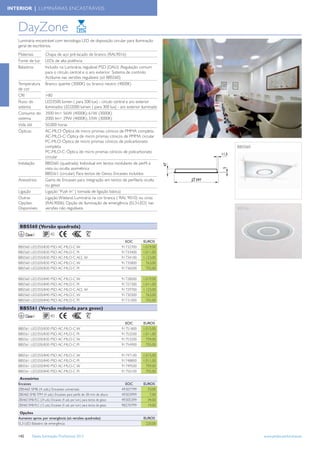 INTERIOR | LUMINÁRIAS ENCASTRÁVEIS



   DayZone
   Luminária encastrável com tecnologia LED de disposição circular para Iluminação
   geral de escritórios.
   Materiais            Chapa de aço pré-lacado de branco (RAL9016)
   Fonte de luz         LEDs de alta potência
   Balastros            Incluído na Luminária, regulável PSD (DALI) .Regulação comum
                        para o círculo central e o aro exterior. Sistema de controlo
                        Actilume nas versões reguláveis (só BBS560)
   Temperatura          Branco quente (3000K) ou branco neutro (4000K)
   de cor
   CRI                  >80
   Fluxo do             LED3500 lumen ( para 500 lux) - círculo central e aro exterior
   sistema              iluminados LED2000 lumen ( para 300 lux) - aro exterior iluminado
   Consumo do           3500 lm= 56W (4000K); 61W (3000K)
   sistema              2000 lm= 29W (4000K); 33W (3000K)
   Vida útil            50.000 horas
                                                                                                     BBS560
   Ópticas              AC-MLO: Óptica de micro prismas cónicos de PMMA completa
                        AC-MLO-C: Óptica de micro prismas cónicos de PMMA circular
                        PC-MLO: Óptica de micro prismas cónicos de policarbonato
                        completa                                                                                           BBS560
                        PC-MLO-C: Óptica de micro prismas cónicos de policarbonato
                                                                                                                    11,5
                        circular
   Instalação           BBS560: (quadrada) Individual em tectos modulares de perﬁl à                47
                        vista ou oculta assimétrica




                                                                                                                     5
                        BBS561: (circular) Para tectos de Gesso. Encaixes incluídos
   Acessórios           Gama de Encaixes para integração em tectos de perﬁlaría oculta                        597
                        ou gesso
   Ligação              Ligação “Push In” ( tomada de ligação básica)
   Outras               Ligação Wieland. Luminária na cor branca ( RAL 9010) ou cinza
   Opções               (RAL9006). Opção de Iluminação de emergência (EL3-LED) nas
   Disponíveis          versões não reguláveis                                                                             BBS561



    BBS560 (Versão quadrada)
         Classe I
                                                                                EOC      EUROS
   BBS560    LED35S/830      PSD AC-MLO-C W                                   91732700   1.019,00
   BBS560    LED35S/830      PSD AC-MLO-C PI                                  91733400   1.011,00
   BBS560    LED35S/830      PSD AC-MLO-C ACL W                               91734100   1.123,00
   BBS560    LED20S/830      PSD AC-MLO-C W                                   91735800     763,00
   BBS560    LED20S/830      PSD AC-MLO-C PI                                  91736500     755,00

   BBS560    LED35S/840      PSD AC-MLO-C W                                   91728000   1.019,00
   BBS560    LED35S/840      PSD AC-MLO-C PI                                  91727300   1.011,00
   BBS560    LED35S/840      PSD AC-MLO-C ACL W                               91729700   1.123,00
   BBS560    LED20S/840      PSD AC-MLO-C W                                   91730300     763,00
   BBS560    LED20S/840      PSD AC-MLO-C PI                                  91731000     755,00

    BBS561 (Versão redonda para gesso)
         Classe I
                                                                                EOC      EUROS
   BBS561    LED35S/830      PSD AC-MLO-C W                                   91751800   1.015,00
   BBS561    LED35S/830      PSD AC-MLO-C PI                                  91752500   1.011,00
   BBS561    LED20S/830      PSD AC-MLO-C W                                   91753200     759,00
   BBS561    LED20S/830      PSD AC-MLO-C PI                                  91754900     755,00

   BBS561    LED35S/840      PSD AC-MLO-C W                                   91747100   1.015,00
   BBS561    LED35S/840      PSD AC-MLO-C PI                                  91748800   1.011,00
   BBS561    LED20S/840      PSD AC-MLO-C W                                   91749500     759,00
   BBS561    LED20S/840      PSD AC-MLO-C PI                                  91750100     755,00
    Acessórios
   Encaixes                                                                     EOC      EUROS
   ZBS460 SMB (4 uds.) Encaixes universais                                    49307799     33,00
   ZBS460 SMB-TPM (4 uds.) Encaixes para perfis de 38 mm de altura            49303999      7,00
   ZBS460 SMB-PLC (24 uds.) Encaixes (4 uds. por lum.) para tectos de gesso   49305399     34,00
   ZBS460 SMB-PLC (12 uds.) Encaixes (4 uds. por lum.) para tectos de gesso   98270799     19,00

    Opções
   Aumento aprox. por emergência (só versões quadradas)                                  EUROS
   EL3-LED Balastro de emergência                                                         220,00


   142        Tabela Iluminação Proﬁssional 2012                                                                                    www.philips.pt/iluminacao
 
