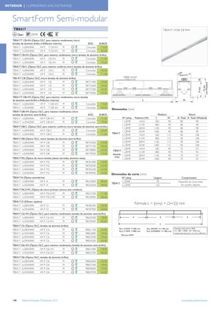 INTERIOR | LUMINÁRIAS ENCASTRÁVEIS



   SmartForm Semi-modular
    TBS417                                                                                                                                    TBS417 1X28 C8 WH
         Classe I     20/40
   TBS417 T C8-VH (Óptica OLC para máximo rendimento, micro
   lamelas de alumínio brilho e Reﬂector interno)                      EOC        EUROS
   TBS417 1x28W/840          HF-P T C8-VH         PI                  Consultar    173,00
   TBS417 1x35W/840          HF-P T C8-VH         PI                  Consultar    182,00
   TBS417 C8-VH (Óptica OLC para máximo rendimento, micro lamelas de alumínio brilho)
   TBS417 1x28W/840      HF-P C8-VH         PI                   Consultar    171,00
   TBS417 1x35W/840      HF-P C8-VH         PI                   Consultar    179,00
   TBS417 C8-C (Óptica OLC para máximo conforto, micro lamelas de alumínio brilho)
   TBS417 1x28W/840      HF-P C8-C          PI                     Consultar    160,00
                                                                                                                                                                69
   TBS417 1x35W/840      HF-P C8-C          PI                     Consultar    171,00                                                                          Asim=71
   TBS-417 C8 (Óptica OLC, micro lamelas de alumínio brilho)




                                                                                                                                                                                            18
   TBS417 1x28W/840      HF-P C8               PI                    98771900     159,00




                                                                                                                                                                                                     con Wieland
   TBS417 1x35W/840      HF-P C8               PI                    98772600     169,00




                                                                                                                                                                                                        A tot.
                                                                                                                                                                                            A tot.
   TBS417 1x49W/840      HF-P C8               PI                    98773300     169,00
   TBS417 1x54W/840      HF-P C8               PI                    98774000     159,00
   TBS417 T D8-VH (Óptica OLC para máximo rendimento, micro lamelas
   de alumínio semi-brilho e Reﬂector interno)                                                                           L                                           W
   TBS417 1x28W/840          HF-P T D8-VH      PI                Consultar        173,00
   TBS417 1x35W/840          HF-P T D8-VH      PI                Consultar        182,00
                                                                                            Dimensões (mm)
   TBS417 D8-VH (Óptica OLC, para máximo rendimento, micro
   lamelas de alumínio semi-brilho)                                    EOC        EUROS                                                Moldura                         Altura
   TBS417 1x28W/840          HF-P D8-VH     PI                        Consultar    171,00            Nº Lâmp       Potência (W)      L         W             A. Total A. Total (Wieland)
   TBS417 1x35W/840          HF-P D8-VH     PI                        Consultar    179,00            1 LÂMP.          14/24          582        90              80            98
                                                                                                     1 LÂMP.          21/39          882        90              80            98
   TBS417 D8-C (Óptica OLC para máximo conforto, micro lamelas de alumínio semi-brilho)
                                                                                                     1 LÂMP.          28/54         1182        90              80            98
   TBS417 1x28W/840      HF-P D8-C          PI                    Consultar    160,00                1 LÂMP.          35/49         1482        90              80            98
   TBS417 1x35W/840      HF-P D8-C          PI                    Consultar    171,00       TBS417
                                                                                                     2 LÂMP.          14/24          582       115              90           108
   TBS417 D8 (Óptica OLC, micro lamelas de alumínio semi-brilho)                                     2 LÂMP.          21/39          882       115              90           108
   TBS417 1x28W/840      HF-P D8               PI                    98776400     159,00             2 LÂMP.          28/54         1182       115              90           108
   TBS417 1x35W/840      HF-P D8               PI                    98777100     169,00             2 LÂMP.          35/49         1482       115              90           108
   TBS417 1x49W/840      HF-P D8               PI                    98778800     169,00             1 LÂMP.          14/24          582        90              75            93
                                                                                             TBS417
                                                                                                     1 LÂMP.          21/39          882        90              75            93
   TBS417 1x54W/840      HF-P D8               PI                    98779500     159,00     Assimé- 1 LÂMP.          28/54         1182        90              75            93
   TBS417 M2 (Óptica de micro lamelas planas estriadas, alumínio mate)                        trica
                                                                                                     1 LÂMP.          35/49         1482        90              75            93
   TBS417 1x28W/840       HF-P M2               PI                     98781800   154,00
   TBS417 1x35W/840       HF-P M2               PI                     98782500   163,00
   TBS417 1x49W/840       HF-P M2               PI                     98783200   163,00
   TBS417 1x54W/840       HF-P M2               PI                     98784900   154,00    Dimensões de corte (mm)
   TBS417 A (Óptica assimétrica)                                                                   Nº Lâmp                          Largura                        Comprimento
   TBS417 1x28W/840        HF-P A                  PI                98525800     184,00           1 LÂMP.                             78                     Depende da Linha total;
                                                                                            TBS417
   TBS417 1x35W/840        HF-P A                  PI                98526500     190,00           2 LÂMP.                            103                      ver quadro adjunto
   TBS417 MLO-PC (Óptica de micro prismas cónicos sem moldura)
   TBS417 1x28W/840      HF-P MLO-PC         PI                      98527200     171,00
   TBS417 1x35W/840      HF-P MLO-PC         PI                      98528900     180,00
   TBS417 O (Difusor opalino)
                                                                                                                   Fórmula L = {(n*y) + (2*12)} mm
   TBS417 1x28W/840            HF-P O              PI                98786300     159,00
   TBS417 1x35W/840            HF-P O              PI                98787000     169,00
   TBS417 C6-VH (Óptica OLC, para máximo rendimento, lamelas de alumínio semi-brilho)
   TBS417 1x28W/840      HF-P C6-VH         PI                    98629300     178,00
   TBS417 1x35W/840      HF-P C6-VH         PI                    98529600     182,00
   TBS417 C6 (Óptica OLC, lamelas de alumínio brilho)
                                                                                                 Para 14/24W: Y=582 mm       Para 28/54W: Y=1182 mm      Exemplo Linha de: 4 x 35W
   TBS417 2x28W/840       HF-P C6              PI                    98821100     165,00         Para 21/39W: Y=882 mm                                   4 x 1482 = 5928 + 24 = 5952 mm
                                                                                                                             Para 35/49/80W: Y=1482 mm
   TBS417 2x35W/840       HF-P C6              PI                    98822800     170,00                                                                 (comprimento de corte es - 2 x 6 mm = 5940 mm)
                                                                                                   Não para ASIM
   TBS417 2x49W/840       HF-P C6              PI                    98823500     170,00
   TBS417 2x54W/840       HF-P C6              PI                    98824200     165,00
   TBS417 D6-VH (Óptica OLC, para máximo rendimento, lamelas de alumínio semi-brilho)
   TBS417 1x28W/840      HF-P D6-VH         PI                    98831000     178,00
   TBS417 1x35W/840      HF-P D6-VH         PI                    98832700     182,00
   TBS417 D6 (Óptica OLC, lamelas de alumínio brilho)
   TBS417 2x28W/840      HF-P D6               PI                    98826600     165,00
   TBS417 2x35W/840      HF-P D6               PI                    98827300     170,00
   TBS417 2x49W/840      HF-P D6               PI                    98828000     170,00
   TBS417 2x54W/840      HF-P D6               PI                    98829700     165,00




   148        Tabela Iluminação Proﬁssional 2012                                                                                                                   www.philips.pt/iluminacao
 