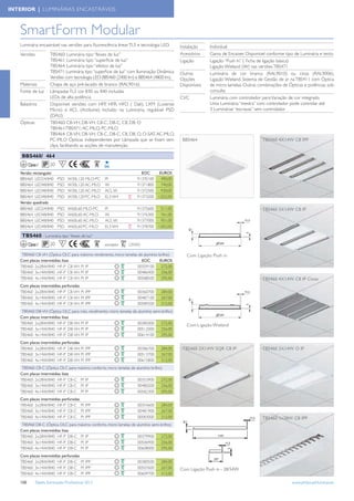INTERIOR | LUMINÁRIAS ENCASTRÁVEIS



   SmartForm Modular
   Luminária encastrável nas versões para ﬂuorescência linear TL5 e tecnologia LED.         Instalação    Individual
   Versões            TBS460: Luminária tipo “feixes de luz”                                Acessórios    Gama de Encaixes Disponível conforme tipo de Luminária e tecto
                      TBS461: Luminária tipo “superﬁcie de luz”                             Ligação       Ligação “Push In” ( Ficha de ligação básica)
                      TBS464: Luminária tipo “efeitos de luz”                                             Ligação Wieland (W) nas versões TBS471
                      TBS471: Luminária tipo “superﬁcie de luz” com Iluminação Dinâmica     Outras        Luminária de cor branca (RAL9010) ou cinza (RAL9006).
                      Versões com tecnologia LED: BBS460 (2400 lm) e BBS464 (4800 lm).      Opções        Ligação Wieland. Sistema de Gestão de ar na TBS411 com Óptica
   Materiais          Chapa de aço pré-lacado de branco (RAL9016)                           Disponíveis   de micro lamelas. Outras combinações de Ópticas e potências, sob
   Fonte de luz       Lâmpadas TL5 cor 830 ou 840 incluídas                                               consulta
                      LEDs de alta potência                                                 CVC           Luminária com controlador para Variação de cor integrado
   Balastros          Disponível versões com HFP, HFR, HFD ( Dali), LXM (Luxense                          Uma Luminária “mestra” com controlador pode controlar até
                      Micro) e ACL (Actilume) Incluído na Luminária, regulável PSD                        3 Luminárias “escravas” sem controlador
                      (DALI)
   Ópticas            TBS460: C8-VH, D8-VH, C8-C, D8-C, C8, D8, O
                      TBS461/TBS471: AC-MLO, PC-MLO
                      TBS464: C8-VH, D8-VH, C8-C, D8-C, C8, D8, O, O-SAT, AC-MLO,
                      PC-MLO Ópticas independentes por Lâmpada que se ﬁxam sem               BBS464                                  TBS460 4X14W C8 IPP
                      clips, facilitando as acções de manutenção.

    BBS460/ 464
         Classe I     20     F
   Versão rectangular                                                  EOC     EUROS
   BBS460 LED24/840        PSD   W30L120 MLO-PC    PI                91370100   490,00
   BBS464 LED48/840        PSD   W30L120 AC-MLO    W                 91371800   740,00
   BBS464 LED48/840        PSD   W30L120 AC-MLO    ACL W             91372500   930,00
   BBS464 LED48/840        PSD   W30L120 PC-MLO    EL3 W4            91373200 1.022,00
   Versão quadrada
   BBS460 LED24/840        PSD   W60L60 MLO-PC     PI                91375600   511,00                                               TBS460 3X14W C8 IP
   BBS464 LED48/840        PSD   W60L60 AC-MLO     W                 91376300   761,00
   BBS464 LED48/840        PSD   W60L60 AC-MLO     ACL W             91377000   951,00
   BBS464 LED48/840        PSD   W60L60 PC-MLO     EL3 W4            91378700 1.052,00

    TBS460 - Luminária tipo “feixes de luz”
         Classe I     20     F                     , excepto    (35W)

    TBS460 C8-VH (Óptica OLC para máximo rendimento, micro lamelas de alumínio brilho)         Com Ligação Push in
   Com placas intermédias lisas                                      EOC        EUROS
   TBS460 2x28W/840 HF-P C8-VH PI IP                              00359100       272,00
   TBS460 3x14W/840 HF-P C8-VH PI IP                              00486400       256,00
   TBS460 4x14W/840 HF-P C8-VH PI IP                              00588500       295,00                                              TBS460 4X14W C8 IP Cinza
   Com placas intermédias perfuradas
   TBS460 2x28W/840 HF-P C8-VH PI IPP                                00360700     284,00
   TBS460 3x14W/840 HF-P C8-VH PI IPP                                00487100     267,00
   TBS460 4x14W/840 HF-P C8-VH PI IPP                                00589200     312,00
    TBS460 D8-VH (Óptica OLC para máx. rendimento, micro lamelas de alumínio semi-brilho)
   Com placas intermédias lisas
   TBS460 2x28W/840 HF-P D8-VH PI IP                                00385000      272,00
                                                                                               Com L igação Wieland
   TBS460 3x14W/840 HF-P D8-VH PI IP                                00512000      256,00
   TBS460 4x14W/840 HF-P D8-VH PI IP                                00614100      295,00
   Com placas intermédias perfuradas
   TBS460 2x28W/840 HF-P D8-VH PI IPP                                00386700     284,00     TBS460 2X14W SQR C8 IP                  TBS460 3X14W O IP
   TBS460 3x14W/840 HF-P D8-VH PI IPP                                00513700     267,00
   TBS460 4x14W/840 HF-P D8-VH PI IPP                                00615800     312,00
    TBS460 C8-C (Óptica OLC para máximo conforto, micro lamelas de alumínio brilho)
   Com placas intermédias lisas
   TBS460 2x28W/840 HF-P C8-C PI IP                                 00353900      272,00
   TBS460 3x14W/840 HF-P C8-C PI IP                                 00480200      256,00
   TBS460 4x14W/840 HF-P C8-C PI IP                                 00582300      295,00
   Com placas intermédias perfuradas
   TBS460 2x28W/840 HF-P C8-C PI IPP                                 00354600     284,00
   TBS460 3x14W/840 HF-P C8-C PI IPP                                 00481900     267,00
   TBS460 4x14W/840 HF-P C8-C PI IPP                                 00583000     312,00                                             TBS460 1x28W C8 IPP
    TBS460 D8-C (Óptica OLC para máximo conforto, micro lamelas de alumínio semi-brilho)
   Com placas intermédias lisas
   TBS460 2x28W/840 HF-P D8-C PI IP                                00379900      272,00
   TBS460 3x14W/840 HF-P D8-C PI IP                                00506900      256,00
   TBS460 4x14W/840 HF-P D8-C PI IP                                00608000      295,00
   Com placas intermédias perfuradas
   TBS460 2x28W/840 HF-P D8-C PI IPP                                 00380500     284,00
   TBS460 3x14W/840 HF-P D8-C PI IPP                                 00507600     267,00    Com Ligação Push in - 28/54W
   TBS460 4x14W/840 HF-P D8-C PI IPP                                 00609700     312,00

   150        Tabela Iluminação Proﬁssional 2012                                                                                                    www.philips.pt/iluminacao
 