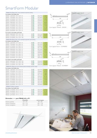 LUMINÁRIAS ENCASTRÁVEIS | INTERIOR



SmartForm Modular
 TBS460 C8 (Óptica OLC, micro lamelas de alumínio brilho)
                                                                                                                               TBS460 1x28W M2 IP
Com placas intermédias lisas
TBS460 1x28W/840 HF-P C8 PI IP                                         00267900    188,00
TBS460 1x35W/840 HF-P C8 PI IP                                         00278500    212,00
TBS460 2x14W/840 HF-P C8 PI IP                                         00295200    189,00
TBS460 2x24W/840 HF-P C8 PI IP                                         00309600    191,00
TBS460 2x28W/840 HF-P C8 PI IP                                         00346100    205,00
TBS460 2x35W/840 HF-P C8 PI IP                                         00408600    229,00
TBS460 3x14W/840 HF-P C8 PI IP                                         00473400    197,00
TBS460 3x24W/840 HF-P C8 PI IP                                         00539700    217,00   Com Ligação Wieland - 28/54W
TBS460 4x14W/840 HF-P C8 PI IP                                         00576200    226,00
TBS460 4x24W/840 HF-P C8 PI IP                                         00642400    241,00
Com placas intermédias perfuradas                                                                                              TBS460 2x28W C8 IP
TBS460 2x28W/840 HF-P C8 PI IPP                                        00341600    253,00
TBS460 3x14W/840 HF-P C8 PI IPP                                        00468000    244,00
TBS460 4x14W/840 HF-P C8 PI IPP                                        00571700    281,00
 TBS460 D8 (Óptica OLC, micro lamelas de alumínio semi-brilho)
Com placas intermédias lisas
TBS460 1x28W/840 HF-P D8 PI IP                                         00271600    188,00
TBS460 1x35W/840 HF-P D8 PI IP                                         00279200    212,00
TBS460 2x14W/840 HF-P D8 PI IP                                         00298300    189,00   Com Ligação Push in - 35/49/80W
TBS460 2x24W/840 HF-P D8 PI IP                                         00311900    191,00
TBS460 2x28W/840 HF-P D8 PI IP                                         00372000    205,00
TBS460 2x35W/840 HF-P D8 PI IP                                         00409300    229,00
                                                                                                                               TBS460 2x28W O IP
TBS460 3x14W/840 HF-P D8 PI IP                                         00499400    197,00
TBS460 3x24W/840 HF-P D8 PI IP                                         00540300    217,00
TBS460 4x14W/840 HF-P D8 PI IP                                         00601100    226,00
TBS460 4x24W/840 HF-P D8 PI IP                                         00643100    241,00
Com placas intermédias perfuradas
TBS460 2x28W/840 HF-P D8 PI IPP                                        00366900    253,00
TBS460 3x14W/840 HF-P D8 PI IPP                                        00493200    244,00
TBS460 4x14W/840 HF-P D8 PI IPP                                        00595300    281,00
                                                                                            Com Ligação Wieland - 35/49/80W
 TBS460 M2 (Óptica de micro lamelas planas estriadas, alumínio mate)
Com placas intermédias lisas
TBS460 1x28W/840 HF-P M2 PI IP                                         00274700    185,00
TBS460 1x35W/840 HF-P M2 PI IP                                         00280800    207,00
TBS460 2x14W/810 HF-P M2 PI IP                                         00301000    186,00
TBS460 2x24W/840 HF-P M2 PI IP                                         00313300    188,00
TBS460 2x28W/840 HF-P M2 PI IP                                         00394200    201,00
TBS460 2x35W/840 HF-P M2 PI IP                                         00410900    224,00
TBS460 3x14W/840 HF-P M2 PI IP                                         00520500    193,00
TBS460 3x24W/840 HF-P M2 PI IP                                         00541000    212,00
TBS460 4x14W/840 HF-P M2 PI IP                                         00623300    221,00
TBS460 4x24W/840 HF-P M2 PI IP                                         00644800    237,00
 TBS460 O (Difusor opalino)
Com placas intermédias lisas
TBS460 3x14W/840 HF-P O        PI   IP                                 00526700    244,00
TBS460 3x24W/840 HF-P O        PI   IP                                 00542700    261,00
TBS460 4x14W/840 HF-P O        PI   IP                                 00629500    289,00
TBS460 4x24W/840 HF-P O        PI   IP                                 00645500    305,00


Dimensões (mm) para TBS460, 461 y 471
                                     Dimensões                    corte em gesso
Versões quadradas                     597 x 597                      585 x 585
Versões rectangulares                297 x 1197                     285 x 1.185
Versões rectangulares                297 x 1497                     285 x 1.485




www.philips.pt/iluminacao                                                                                                      Tabela Iluminação Proﬁssional 2012   151
 