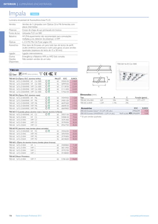 INTERIOR | LUMINÁRIAS ENCASTRÁVEIS



   Impala
   Luminária encastrável de ﬂuorescência linear TL-D.
   Versões            Versões de 3 Lâmpadas com Ópticas C6 e M6 fornecidas com
                      placas intermédias
   Materiais          Corpo de chapa de aço pré-lacado em branco.
   Fonte de luz       Lâmpadas TLD cor 840
   Balastros          HF (Pré-aquecimento não recomendado para comutações
                      múltiplas, p. ex. detector de presença) e HFP
   Ópticas            L, C3, M2, M6, C6, P. (ver página 24)
   Acessórios         Dois tipos de Encaixes, um para todo tipo de tectos de perﬁl
                      oculto simétrico (universais) e outro para gesso, só para versões
                      quadradas (espessura do tecto de 15 a 30 mm)
   Ligação            Ligação interno/externo.
   Outras             Emergência, e Balastros HFR ou HFD Sob consulta
   Opções             Não existem versões de um tubo
   Disponíveis
                                                                                                                                           TBS160 4x18 C6-1000

    TBS160
         Classe I     20/40 (difusor prismático)   F

   TBS160 C6 (Óptica OLC, alumínio brilho)                    PALLET     EOC      EUROS                                       80
   TBS160 4xTL-D18W/840 HF C6-1000                              60     59040100    118,00
   TBS160 2xTL-D36W/840 HF C6-1000                              46     58999300    118,00
   TBS160 3xTL-D18W/840 HFP C6-1000                             60     57138700    122,00
   TBS160 4xTL-D18W/840 HFP C6-1000                             60     57131800    124,00
   TBS160 2xTL-D36W/840 HFP C6-1000                             46     57466100    124,00
   TBS160 M6 (Óptica OLC, alumínio mate)                                                    Dimensões (mm)
   TBS160 4xTL-D18W/840 HF M6                                     60   59049400   113,00    Tipo                      A              B                C           Furação (gesso)
   TBS160 2xTL-D36W/840 HF M6                                     46   59001200   113,00    TBS160 3/4x18W           629            596              596            577 x 577
   TBS160 3xTL-D18W/840 HFP M6                                    60   68297600   117,00    TBS160 2x36W            1.239          1.196             296
   TBS160 4xTL-D18W/840 HFP M6                                    60   68698100   119,00
   TBS160 2xTL-D36W/840 HFP M6                                    46   68699800   119,00    Acessórios                                                          EOC         EUROS
                                                                                            ZBS160 Encaixes Gesso* 10 LUM. (40 uds.)                          29966299        19,00
   TBS160 C3 (Lamelas planas alumínio mate e laterais alumínio brillante)
                                                                                            ZBS160 Encaixes UNIVERSAIS 1 LUM. (4 uds.)       Perﬁl oculto     29960099        15,00
   TBS160 4xTL-D18W/840 HF C3                                    60 59037100       93,00
   TBS160 4xTL-D18W          HF C3                               60 59008100       79,00    * Só para versões quadradas
   TBS160 3xTL-D18W          HFP C3                              60 30391800       83,00
   TBS160 4xTL-D18W          HFP C3                              60 29790300       85,00
   TBS160 2xTL-D36W          HFP C3                              46 09567700       85,00
   TBS160 M2 (alumínio mate, lamelas planas estriadas)
   TBS160 4xTL-D18W/840 HF M2                                     60   59046300    93,00
   TBS160 3xTL-D18W           HFP M2                              60   30929300    83,00
   TBS160 4xTL-D18W           HFP M2                              60   29795800    85,00
   TBS160 2xTL-D36W           HFP M2                              46   68338600    85,00
   TBS160 L (Óptica de alumínio branco, lamelas planas brancas)
   TBS160 4xTL-D18W           HF L                                60   59009800    71,00
   TBS160 3xTL-D18W           HFP L                               60   08515900    75,00
   TBS160 4xTL-D18W           HFP L                               60   29792700    77,00
   TBS160 2xTL-D36W           HFP L                               46   59188000    77,00
   TBS160 Difusor Prismático
   TBS160 4xTL-D18W          HFP P                                60   57081600   136,00




   156        Tabela Iluminação Proﬁssional 2012                                                                                                            www.philips.pt/iluminacao
 
