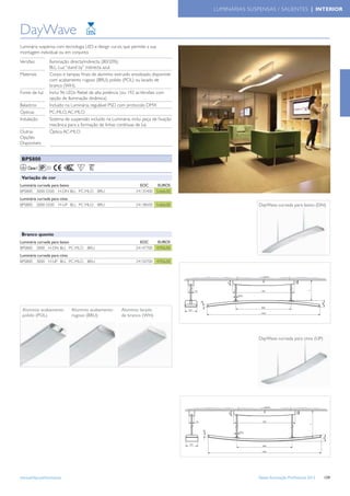 LUMINÁRIAS SUSPENSAS / SALIENTES | INTERIOR



DayWave
Luminária suspensa com tecnologia LED e design curvo, que permite a sua
montagem individual ou em conjunto.
Versões          Iluminação directa/indirecta (80/20%)
                 BLL: Luz “stand by” indirecta azul.
Materiais        Corpo e tampas ﬁnais de alumínio extruido anodizado, disponível
                 com acabamento rugoso (BRU), polido (POL) ou lacado de
                 branco (WH).
Fonte de luz     Inclui 96 LEDs Rebel de alta potência (ou 192 as Versões com
                 opção de Iluminação dinâmica)
Balastros        Incluído na Luminária, regulável PSD com protocolo DMX
Ópticas          PC-MLO, AC-MLO
Instalação       Sistema de suspensão incluído na Luminária, inclui peça de ﬁxação
                 mecânica para a formação de linhas contínuas de luz
Outras           Óptica AC-MLO
Opções
Disponíveis


BPS800
    Classe I

Variação de cor
Luminária curvada para baixo                                     EOC     EUROS
BPS800 3000-5500 H-DN BLL PC-MLO BRU                           24135400 5.666,00
Luminária curvada para cima
BPS800 3000-5500 H-UP BLL PC-MLO BRU                           24138500 5.666,00                    DayWave curvada para baixo (DN)




Branco quente
Luminária curvada para baixo                                     EOC     EUROS
BPS800 3000 H-DN BLL PC-MLO BRU                                24147700 4.956,00
Luminária curvada para cima
BPS800 3000 H-UP BLL PC-MLO BRU                                24150700 4.956,00




 Alumínio acabamento        Alumínio acabamento        Alumínio lacado
 polido (POL)               rugoso (BRU)               de branco (WH)



                                                                                                    DayWave curvada para cima (UP)




www.philips.pt/iluminacao                                                                          Tabela Iluminação Proﬁssional 2012   159
 