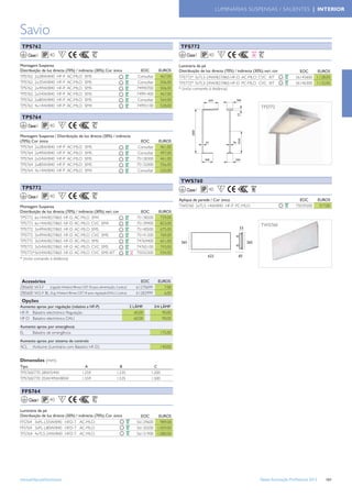 LUMINÁRIAS SUSPENSAS / SALIENTES | INTERIOR



Savio
 TPS762                                                                                                  TFS772
     Classe I      40      F                                                                                Classe I      40      F

Montagem Suspensa                                                                                       Luminária de pé
Distribuição de luz directa (70%) / indirecta (30%); Cor única                   EOC         EUROS      Distribuição de luz directa (70%) / indirecta (30%); vari. cor           EOC     EUROS
TPS762 2x28W/840 HF-P AC-MLO SMS                                               Consultar      467,00    TFS772* 3xTL5-24W/827/865 HF-D AC-MLO CVC KIT                          56145600 1.128,00
TPS762 2x35W/840 HF-P AC-MLO SMS                                               Consultar      506,00    TFS772* 3xTL5-24W/827/865 HF-D PC-MLO CVC KIT                          56146300 1.132,00
TPS762 2x49W/840 HF-P AC-MLO SMS                                               74990700       506,00    * (inclui comando à distância)
TPS762 2x54W/840 HF-P AC-MLO SMS                                               74991400       467,00
TPS762 2x80W/840 HF-P AC-MLO SMS                                               Consultar      564,00
TPS762 4x14W/840 HF-P AC-MLO SM4                                               74992100       528,00                                                       TFS772

 TPS764
     Classe I      40      F

Montagem Suspensa / Distribuição de luz directa (30%) / indirecta
(70%); Cor única                                                                 EOC         EUROS
TPS764 2x28W/840 HF-P AC-MLO SMS                                               Consultar      461,00
TPS764 2x49W/840 HF-P AC-MLO SMS                                               Consultar      497,00
TPS764 2x54W/840 HF-P AC-MLO SMS                                               75128300       461,00
TPS764 2x80W/840 HF-P AC-MLO SMS                                               75132000       556,00
TPS764 4x14W/840 HF-P AC-MLO SM4                                               Consultar      520,00

                                                                                                         TWS760
 TPS772                                                                                                     Classe I      40     F
     Classe I      40      F
                                                                                                        Aplique de parede / Cor única                                            EOC           EUROS
Montagem Suspensa                                                                                       TWS760 2xTL5-14W/840 HF-P PC-MLO                                       75039200         317,00
Distribuição de luz directa (70%) / indirecta (30%); vari. cor                   EOC         EUROS
TPS772 6x14W/827/865 HF-D AC-MLO SM4                                           75138200       729,00
TPS772 6x14W/827/865 HF-D AC-MLO CVC SM4                                       75139900       823,00                                                       TWS760
TPS772 3x49W/827/865 HF-D AC-MLO SMS                                           75140500       675,00
TPS772 3x49W/827/865 HF-D AC-MLO CVC SMS                                       75141200       769,00
TPS772 3x54W/827/865 HF-D AC-MLO SMS                                           74764400       651,00
TPS772 3x54W/827/865 HF-D AC-MLO CVC SMS                                       74765100       743,00
TPS772*3x54W/827/865 HF-D AC-MLO CVC SMS KIT                                   75032300       934,00
* (inclui comando à distância)




 Acessórios                                                                     EOC          EUROS
ZBS600 W3-F (Ligação Wieland fêmea GST18 para alimentação, 3 polos)           61270699          7,00
ZBS600 W2-F BL (lLig.. Wieland fêmea GST18 para regulação/DALI, 2 polos)      61282999          6,00
 Opções
Aumento aprox. por regulação (relativo a HF-P)                             2 LÂMP.         3/4 LÂMP
HF-R Balastro electrónico Regulação                                           60,00             90,00
HF-D Balastro electrónico DALI                                                60,00             90,00

Aumento aprox. por emergência
EL   Balastro de emergência                                                                   175,00

Aumento aprox. por sistema de controlo
ACL Actilume (Luminária com Balastro HF-D)                                                    140,00


Dimensões (mm)
Tipo                                       A                       B                    C
TPS760/770 28W/54W                       1.259                   1.235                1.200
TPS760/770 35W/49W/80W                   1.559                   1.535                1.500


 FFS764
     Classe I      40      F

Luminária de pé
Distribuição de luz directa (30%) / indirecta (70%); Cor única                   EOC     EUROS
FFS764 3xPL-L55W/840 HFD-T AC-MLO                                              56129600   989,00
FFS764 3xPL-L80W/840 HFD-T AC-MLO                                              56130200 1.059,00
TFS764 4xTL5-24W/840 HFD-T AC-MLO                                              56131900 1.080,00




www.philips.pt/iluminacao                                                                                                                                 Tabela Iluminação Proﬁssional 2012       161
 