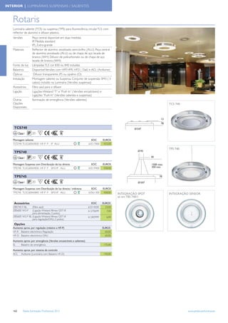 INTERIOR | LUMINÁRIAS SUSPENSAS / SALIENTES



    Rotaris
    Luminária saliente (TCS) ou suspensa (TPS) para ﬂuorescência, circular TL5, com
    reﬂector de alumínio e difusor plástico.
    Versões            Peça central disponível em duas medidas
                       IP, Medida standard
                       IPL, Extra-grande
    Materiais          Reﬂector de alumínio anodizado semi-brilho (ALU). Peça central
                       de alumínio anodizado (ALU) ou de chapa de aço lacada de
                       branco (WH) Difusor de policarbonato ou de chapa de aço
                       lacada de branco (WH)
    Fonte de luz       Lâmpadas TL5 cor 830 ou 840 incluídas
    Balastros          Disponível Versões com HFP, HFR, HFD ( Dali) e ACL (Actilume)
    Ópticas             Difusor transparente (P) ou opalino (O)
    Instalação         Montagem saliente ou Suspensa. Conjunto de suspensão SM3 ( 3
                       cabos) incluído na Luminária (Versões suspensas)
    Acessórios         Filtro azul para o difusor
    Ligação            Ligações Wieland “T” e “Push In” ( Versões encastráveis) e
                       Ligações “Push In” (Versões salientes e suspensas)
    Outras             Iluminação de emergência (Versões salientes)
    Opções                                                                                                                TCS 740
    Disponíveis




    TCS740
          Classe I     20     F

    Montagem saliente                                                    EOC      EUROS
    TCS740 TL5C60W/830 HF-P P            IP ALU                        63517000    433,00
                                                                                                                          TPS 740
    TPS740
          Classe I     20     F

    Montagem Suspensa com Distribuição de luz directa                    EOC      EUROS                       1500 max.
    TPS740 TL5C60W/830 HF-P P SM3 IP ALU                               63519400    458,00                     350 min.


    TPS745
          Classe I     20     F

    Montagem Suspensa com Distribuição de luz directa / indirecta        EOC      EUROS
    TPS745 TL5C60W/840 HF-P P SM3 IP ALU                               63561300    458,00   INTEGRAÇÃO SPOT               INTEGRAÇÃO SENSOR
                                                                                            só em TBS 740/1

    Acessórios                                                           EOC      EUROS
    ZBS740 F-BL    (Filtro azul)                                       63314500     33,00
    ZBS600 W3-F    (Ligação Wieland fêmea GST18                        61270699      7,00
                   para alimentação, 3 polos)
    ZBS600 W2-F BL (Ligação Wieland fêmea GST18                        61282999      6,00
                   para regulação/DALI, 2 polos)
    Opções
    Aumento aprox. por regulação (relativo a HF-P)                                EUROS
    HF-R Balastro electrónico Regulação                                             60,00
    HF-D Balastro electrónico DALI                                                  60,00

    Aumento aprox. por emergência (Versões encastráveis e salientes)
    EL   Balastro de emergência                                                    175,00

    Aumento aprox. por sistema de controlo
    ACL Actilume (Luminária com Balastro HF-D)                                     140,00




    162        Tabela Iluminação Proﬁssional 2012                                                                                   www.philips.pt/iluminacao
 