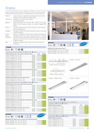 LUMINÁRIAS SUSPENSAS / SALIENTES | INTERIOR



Arano
Luminária saliente (T/BCS), suspensa (T/BPS), de pé (T/FFS) ou aplique de parede
(TWS), para ﬂuorescência linear TL5 e tecnologia LED, com Corpo de alumínio.
Materiais        Corpo de alumínio anodizado natural; tampas ﬁnais de alumínio
                 fundido; cor branco (WH) ou alumínio (ALU)
Fonte de luz     Lâmpadas TL5 cor 830 ou 840 incluídas
                 LEDs de alta potência
Balastros        Disponível Versões com HFP, HFR, HFD ( Dali), LXM (Luxense
                 Micro) e ACL (Actilume) Incluído na Luminária, regulável PSD
                 (DALI)
Ópticas          C8, C8 -VH, D8, D8 -H, M2, AC -MLO, PC -MLO, A. LED: MLO-PC e
                 LIN-PC (ver página 24).
Instalação       Montagem individual. Conjunto de suspensão incluído na Luminária
                 (Versões suspensas)
Outras           Ópticas de reﬂectância máxima (C8 -VH, D8 -VH). Iluminação de
Opções           emergência. Sistema de controlo integrado. Versões de 1 Lâmpada
Disponíveis      para formar linhas contínuas. Sob consulta Fornecem-se Luminárias
                 que formem linhas de luz. Para outras combinações de potências
                 e Ópticas consultar
SMS              Sistema de suspensão de dois cabos por extremo (incluído na                 BCS640                                                                         DE
                 Luminária)                                                                                                                                          I DA
                                                                                                                 F              LED24                         N OV
                                                                                                Classe I   20                   LED48
 TCS640
                                                                                             BCS640 LIN-PC (Óptica efeito “linear”)
    Classe I    20     F                                                                     BCS640 LED24/840 PSD W15L125 LIN-PC                           91530900         541,00
                                                                                             BCS640 LED24/840 PSD W21L125 LIN-PC                           91532300         585,00
 MONTAGEM SALIENTE; COR BRANCO , EXCEPTO                   (2X28W)
                                                                                             BCS640 LED48/840 PSD W21L125 LIN-PC                           91534700         943,00
TCS640 C8 (Óptica OLC, micro-lamelas de alumínio brilho)             EOC        EUROS
TCS640 2x28W/840 HF-P C8 WH                                        74548000      255,00
TCS640 2x35W/840 HF-P C8 WH                                        74552700      278,00
TCS640 3x14W/840 HF-P C8 WH                                        74556500      292,00
TCS640 4x14W/840 HF-P C8 WH                                        74560200      303,00                                               TCS640 1 LÂMP. C8
TCS640 D8 (Óptica OLC, micro-lamelas de alumínio semi-brilho)
TCS640 2x28W/840 HF-P D8 WH                                        74550300         255,00
TCS640 2x35W/840 HF-P D8 WH                                        74554100         278,00     TCS640 - Versões rectangulares
TCS640 3x14W/840 HF-P D8 WH                                         Consultar       292,00
TCS640 4x14W/840 HF-P D8 WH                                         Consultar       303,00
TCS640 M2 (Óptica de micro-lamelas planas estriadas, alumínio mate)
TCS640 2x28W/840 HF-P M2 WH                                         Consultar       248,00
TCS640 2x35W/840 HF-P M2 WH                                        74555800         271,00
TCS640 3x14W/840 HF-P M2 WH                                        74559600         285,00     TCS640 - Versões quadradas
TCS640 4x14W/840 HF-P M2 WH                                        74563300         296,00
TCS640 AC-MLO (Óptica de micro-prismas cónicos)
TCS640 2x28W/840 HF-P AC-MLO WH                                     Consultar       282,00    TCS640 1 LÂMP. AC-MLO                   TCS649 1 LÂMP. A
TCS640 2x35W/840 HF-P AC-MLO WH                                    75011800         312,00
 MONTAGEM SALIENTE; COR ALUMÍNIO , EXCEPTO (2X 28W)
TCS640 C8 (Óptica OLC, micro-lamelas de alumínio brilho)
TCS640 2x28W/840 HF-P C8 ALU                                       74570100         264,00
TCS640 2x35W/840 HF-P C8 ALU                                       74573200         284,00
TCS640 3x14W/840 HF-P C8 ALU                                       74576300         318,00
TCS640 4x14W/840 HF-P C8 ALU                                       74579400         337,00
TCS640 D8 (Óptica OLC, micro-lamelas de alumínio semi-brilho)
TCS640 2x28W/840 HF-P D8 ALU                                       74571800         264,00
TCS640 2x35W/840 HF-P D8 ALU                                        Consultar       284,00
TCS640 3x14W/840 HF-P D8 ALU                                       74577000         318,00
                                                                                             TCS649
TCS640 4x14W/840 HF-P D8 ALU                                        Consultar       337,00
TCS640 M2 (Óptica de micro-lamelas planas estriadas, alumínio mate)                             Classe I   20    F
TCS640 2x28W/840 HF-P M2 ALU                                        Consultar       255,00
                                                                                              MONTAGEM SALIENTE; DISTRIBUIÇÃO DE LUZ ASSIMÉTRICA;
TCS640 2x35W/840 HF-P M2 ALU                                        Consultar       278,00
                                                                                              COR BRANCO , EXCEPTO (28/54W)
TCS640 3x14W/840 HF-P M2 ALU                                        Consultar       292,00
                                                                                             TCS649 A (Óptica assimétrica)                                   EOC           EUROS
TCS640 4x14W/840 HF-P M2 ALU                                       74581700         303,00
                                                                                             TCS649 1x28W/840 HF-P A WH                                    Consultar        281,00
TCS640 AC-MLO (Óptica de micro-prismas cónicos)
                                                                                             TCS649 1x54W/840 HF-P A WH                                    78832600         281,00
TCS640 2x28W/840 HF-P AC-MLO ALU                                   75012500         297,00
                                                                                             TCS649 1x35W/840 HF-P A WH                                    Consultar        311,00
TCS640 2x35W/840 HF-P AC-MLO ALU                                   75013200         322,00
                                                                                             TCS649 1x49W/840 HF-P A WH                                    Consultar        311,00
                                                                                             TCS649 1x80W/840 HF-P A WH                                    78841800         326,00
 BCS640                                                                             DE        MONTAGEM SALIENTE; DISTRIBUIÇÃO DE LUZ ASSIMÉTRICA;
                                                                             I DA
                       F                 LED24                        N OV
    Classe I    20                       LED48
                                                                                              COR ALUMÍNIO , EXCEPTO (28/54W)
                                                                                             TCS649 A (Óptica assimétrica)
BCS640 MLO-PC (Óptica de micro-prismas cónicos de policarbonato)                             TCS649 1x28W/840 HF-P A ALU                                   Consultar        291,00
BCS640 LED24/840 PSD W15L125 MLO-PC                            91529300             540,00   TCS649 1x54W/840 HF-P A ALU                                   78787900         291,00
BCS640 LED24/840 PSD W21L125 MLO-PC                            91531600             585,00   TCS649 1x35W/840 HF-P A ALU                                   Consultar        321,00
BCS640 LED48/840 PSD W21L125 MLO-PC                            91533000             943,00   TCS649 1x49W/840 HF-P A ALU                                   78793000         321,00
                                                                                             TCS649 1x80W/840 HF-P A ALU                                   78796100         336,00

www.philips.pt/iluminacao                                                                                                             Tabela Iluminação Proﬁssional 2012         165
 