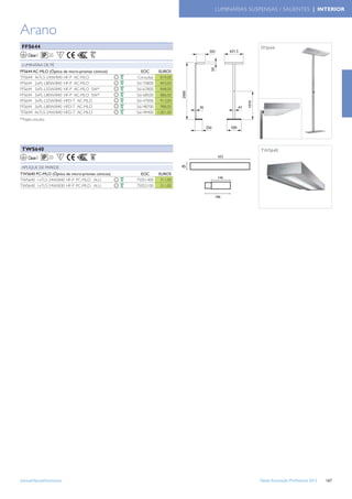 LUMINÁRIAS SUSPENSAS / SALIENTES | INTERIOR



Arano
 FFS644                                                                               FFS644
     Classe I      20   F

 LUMINÁRIA DE PÉ
FFS644 AC-MLO (Óptica de micro-prismas cónicos)     EOC     EUROS
TFS644 4xTL5-24W/840 HF-P AC-MLO                  Consultar  819,00
FFS644 2xPL-L80W/840 HF-P AC-MLO                  56170800   843,00
FFS644 3xPL-L55W/840 HF-P AC-MLO SW*              56167800   848,00
FFS644 3xPL-L80W/840 HF-P AC-MLO SW*              56168500   886,00
FFS644 3xPL-L55W/840 HFD-T AC-MLO                 56147000   913,00
FFS644 3xPL-L80W/840 HFD-T AC-MLO                 56148700   988,00
TFS644 4xTL5-24W/840 HFD-T AC-MLO                 56149400 1.001,00
*Triplo circuito




 TWS640                                                                               TWS640
     Classe I      20   F

 APLIQUE DE PAREDE
TWS640 PC-MLO (Óptica de micro-prismas cónicos)     EOC      EUROS
TWS640 1xTL5-24W/840 HF-P PC-MLO ALU              75051400    311,00
TWS640 1xTL5-24W/830 HF-P PC-MLO ALU              75052100    311,00




www.philips.pt/iluminacao                                                            Tabela Iluminação Proﬁssional 2012   167
 