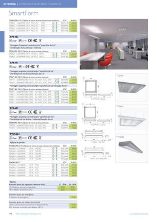INTERIOR | LUMINÁRIAS SUSPENSAS / SALIENTES



    SmartForm
    TPS462 MLO-PC (Óptica de micro-prismas cónicos sem moldura)       EOC         EUROS
    TPS462 1x28W/840 HF-P MLO-PC          SMTI                      90025100       258,00
    TPS462 1x35W/840 HF-P MLO-PC          SMTI                      90028200       267,00
    TPS462 2x28W/840 HF-P MLO-PC          SMTI                      99206500       270,00
    TPS462 2x35W/840 HF-P MLO-PC          SMTI                      90061900       279,00


    TPS463
          Classe I

    Montagem Suspensa; Luminária tipo “superﬁcie de luz”;
    Distribuição de luz directa / indirecta
    TPS463 AC-MLO (Óptica de micro-prismas cónicos)                   EOC         EUROS
    TPS463 2x28W/840 HF-P AC-MLO SMT1                               90286600       266,00
    TPS463 2x35W/840 HF-P AC-MLO SMT1                               90287300       275,00


    TPS471
          Classe I

    Montagem suspensa; Luminária tipo “superﬁcie de luz”;
    Distribuição de luz directa;Variação de cor
                                                                                                                                               TCS460
    TPS471 AC-MLO (Óptica de micro-prismas cónicos)                   EOC         EUROS
                                                                                                       480
    TPS 471 3x28W/827/865 HF-D AC-MLO CVC SMT1                      90078700       732,00
    TPS 471 3x49W/827/865 HF-D AC-MLO CVC SMT1                      90080000       762,00
    Montagem suspensa; Luminária tipo “superﬁcie de luz”;Variação de cor




                                                                                                                       560
    TPS471 AC-MLO (Óptica de micro-prismas cónicos)                   EOC         EUROS
    TPS471 3x28W/827/865 HFD AC-MLO CVC SMS                         Consultar      833,00
                                                                                                 56




                                                                                                                                          49
    TPS471 3x35W/827/865 HFD AC-MLO CVC SMS                         Consultar      863,00
                                                                                                       640                    660
    TPS471 3x49W/827/865 HFD AC-MLO CVC SMS                         Consultar      863,00
    TPS471 6x14W/827/865 HFD AC-MLO CVC SM4                         90834900       841,00               TCS/TPS460 Cuadrada

    TPS471 6x24W/827/865 HFD AC-MLO CVC SM4                         90756400       846,00
                                                                                                      490

                                                                                                                                               TPS461
    TPS473
          Classe I     20/40
                                                                                                                     490




    Montagem suspensa; Luminária tipo “superfície de luz”;
                                                                                             80




    Distribuição de luz directa / indirecta;Variação de cor
                                                                                                                                      65




    TPS473 AC-MLO (Óptica de micro-prismas cónicos)                   EOC         EUROS               640                    660

    TPS473 3x28W/827/865 HF-D AC-MLO SMS                            90288000       742,00               TCS/TPS461 Cuadrada

    TPS473 3x49W/827/865 HF-D AC-MLO SMS                            90289700       772,00
                                                                                                              585



    TWS462
                                                                                            49




                                                                                                                                               TWS462
          Classe I     20/40
                                                                                                              640                   135

    Aplique de parede                                                                                        TWS462 13W, 20W

    TWS462 MLO-PC (Óptica de micro-prismas cónicos sem moldura)       EOC         EUROS                       1185
    TWS462 1x13W/840      HF-P MLO-PC                               90812700       206,00
                                                                                            49




    TWS462 1x20W/840      HF-P MLO-PC                               90764900       211,00
    TWS462 1x25W/840      HF-P MLO-PC                               90814100       246,00
    TWS462 1x28W/830      HF-P MLO-PC                               99142600       241,00                     1240                  135

    TWS462 1x50W/840      HF-P MLO-PC                               90766300       251,00             TWS462 25W, 28W, 50W

    TWS462 PCO                                                        EOC         EUROS
    TWS462 1x13W/840             HF-P   PCO                         90813400       191,00
    TWS462 1x20W/840             HF-P   PCO                         90765600       191,00
    TWS462 1x25W/840             HF-P   PCO                         90815800       247,00
    TWS462 1x28W/830             HF-P   PCO                         90835600       243,00
    TWS462 1x50W/840             HF-P   PCO                         90767000       249,00


     Opções
    Aumento aprox. por regulação (relativo a HF-P)                1/2 LÂMP      3/4 LÂMP
    HF-R Balastro electrónico Regulação                             60,00         90,00
    HF-D Balastro electrónico DALI                                  60,00         90,00

    Aumento aprox. por emergência
    EL Balastro de emergência                                                     175,00

    Aumento aprox. por sistema de controlo
    LXM Luxsense micro (Luminária com Balastro HF-R)                               34,00
    ACL Actilume (Luminária com Balastro HF-D)                                    140,00


    170        Tabela Iluminação Proﬁssional 2012                                                                                                       www.philips.pt/iluminacao
 