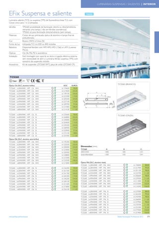 LUMINÁRIAS SUSPENSAS / SALIENTES | INTERIOR



EFix Suspensa e saliente
Luminária saliente (TCS) ou suspensa (TPS) de ﬂuorescência linear TL5, com
Corpo único para 1 e 2 Lâmpadas.
Versões          TPS260: possibilidade de Iluminação directa ou directa/indirecta,
                 retirando uma tampa ( não em Versões assimétricas)
                 TPS262: só para Iluminação directa/indirecta (sem tampa).
Materiais        Corpo de aço pré-lacado, óptica de alumínio e tampa ﬁnal de
                 policarbonato.
Cor              Branco (WH) e Cinza (SI)
Fonte de luz     Lâmpadas TL5 cor 830 ou 840 incluídas
Balastros        Disponível Versões com HFP, HFR, HFD ( Dali) e LXM (Luxense
                 Micro)
Ópticas          C6, D6, M6, M2 e assimétrica
Instalação       Fácil montagem por suporte ao tecto e Ligação eléctrica externa,
                 sem necessidade de abrir a Luminária. Versão suspensa (TPS) com
                 acessório de suspensão incluído.
Acessórios       Kit de suspender (ZCS260 SMT), peça de união (ZCS260 CP)




 TCS260
    Classe I     20     F
                                                                                                                           TCS260 (BRANCO)
Óptica C6 (OLC, alumínio brilho)                                 EOC      EUROS
TCS260 1x28W/840 HFP C6            WH                          61194600     90,00
TCS260 2x28W/840 HFP C6            WH                          61219600    105,00
TCS260 1x35W/840 HFP C6            WH                          61199100    104,00
TCS260 2x35W/840 HFP C6            WH                          61223300    119,00
TCS260 1x49W/840 HFP C6            WH                          61204200    104,00
TCS260 2x49W/840 HFP C6            WH                          61227100    119,00
TCS260 1x54W/840 HFP C6            WH                          61209700     97,00
TCS260 2x54W/840 HFP C6            WH                          61231800    108,00
TCS260 1x80W/840 HFP C6            WH                          61214100    111,00

TCS260     1x28W/840   HFP   C6    SI                          61235600     90,00
                                                                                                                           TCS260 (CINZA)
TCS260     2x28W/840   HFP   C6    SI                          61260800    105,00
TCS260     1x35W/840   HFP   C6    SI                          61240000    104,00
TCS260     2x35W/840   HFP   C6    SI                          61264600    119,00
TCS260     1x49W/840   HFP   C6    SI                          61245500    104,00
TCS260     2x49W/840   HFP   C6    SI                          61268400    119,00
TCS260     1x54W/840   HFP   C6    SI                          61250900     97,00
TCS260     2x54W/840   HFP   C6    SI                          61272100    10800
TCS260     1x80W/840   HFP   C6    SI                          61255400    111,00
Óptica D6 (OLC, alumínio semi-brilho)
TCS260 1x28W/840 HFP D6 WH                                     61195300     90,00
TCS260 2x28W/840 HFP D6 WH                                     61220200    105,00
TCS260 1x35W/840 HFP D6 WH                                     61200400    104,00    Dimensões (mm)
TCS260 2x35W/840 HFP D6 WH                                     61224000    119,00    TCS260                       A               B                     C.
TCS260 1x49W/840 HFP D6 WH                                     61205900    10400     28W-54W                     1000            500                   1241
TCS260 2x49W/840 HFP D6 WH                                     61228800    119,00     TCS260
                                                                                     35W-49W-80W                 1300            550                   1541
TCS260 1x54W/840 HFP D6 WH                                     61210300     97,00
TCS260 2x54W/840 HFP D6 WH                                     61232500    108,00
TCS260 1x80W/840 HFP D6 WH                                     61215800    111,00    Óptica M6 (OLC, alumínio mate)
                                                                                     TCS260 1x28W/840 HFP M6          WH                        61196000         88,00
TCS260     1x28W/840   HFP   D6    SI                          61236300     90,00    TCS260 2x28W/840 HFP M6          WH                        61221900         99,00
TCS260     2x28W/840   HFP   D6    SI                          61261500    105,00    TCS260 1x35W/840 HFP M6          WH                        61201100         98,00
TCS260     1x35W/840   HFP   D6    SI                          61241700    104,00    TCS260 2x35W/840 HFP M6          WH                        61225700        111,00
TCS260     2x35W/840   HFP   D6    SI                          61265300    119,00    TCS260 1x49W/840 HFP M6          WH                        61206600         98,00
TCS260     1x49W/840   HFP   D6    SI                          61246200    104,00    TCS260 2x49W/840 HFP M6          WH                        61229500        111,00
TCS260     2x49W/840   HFP   D6    SI                          61269100    119,00    TCS260 1x54W/840 HFP M6          WH                        61211000         91,00
TCS260     1x54W/840   HFP   D6    SI                          61251600     97,00    TCS260 2x54W/840 HFP M6          WH                        61233200        102,00
TCS260     2x54W/840   HFP   D6    SI                          61273800    108,00    TCS260 1x80W/840 HFP M6          WH                        61216500        106,00
TCS260     1x80W/840   HFP   D6    SI                          61256100    111,00
                                                                                     TCS260   1x28W/840   HFP   M6    SI                        61237000         88,00
                                                                                     TCS260   2x28W/840   HFP   M6    SI                        61262200         99,00
                                                                                     TCS260   1x35W/840   HFP   M6    SI                        61242400         98,00
                                                                                     TCS260   2x35W/840   HFP   M6    SI                        61266000        111,00
                                                                                     TCS260   1x49W/840   HFP   M6    SI                        61247900         98,00
                                                                                     TCS260   2x49W/840   HFP   M6    SI                        61270700        111,00
                                                                                     TCS260   1x54W/840   HFP   M6    SI                        61252300         91,00
                                                                                     TCS260   2x54W/840   HFP   M6    SI                        61274500        102,00
                                                                                     TCS260   1x80W/840   HFP   M6    SI                        61257800        106,00

www.philips.pt/iluminacao                                                                                                  Tabela Iluminação Proﬁssional 2012      171
 