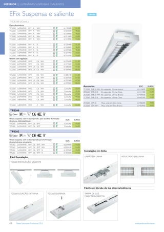 INTERIOR | LUMINÁRIAS SUSPENSAS / SALIENTES



    EFix Suspensa e saliente
    TCS260 (Cont.)
    Óptica Assimétrica
    TCS260 1x28W/840          HFP   A    WH                        61198400     81,00
    TCS260 1x35W/840          HFP   A    WH                        61203500     90,00
    TCS260 1x49W/840          HFP   A    WH                        61208000     90,00
    TCS260 1x54W/840          HFP   A    WH                        61213400     83,00
    TCS260 1x80W/840          HFP   A    WH                        61218900     93,00

    TCS260       1x28W/840    HFP   A    SI                        61239400     81,00
    TCS260       1x35W/840    HFP   A    SI                        61244800     90,00
    TCS260       1x49W/840    HFP   A    SI                        61249300     90,00
    TCS260       1x54W/840    HFP   A    SI                        61254700     83,00
    TCS260       1x80W/840    HFP   A    SI                        61259200     93,00
    Versões com regulação
    TCS260 1x54W/840          HFR    C6       WH                   61276900    121,00
    TCS260 2x49W/840          HFR    C6       WH                   61277600    154,00
    TCS260 1x54W/840          HFR LX C6       WH                   61288200    147,00
    TCS260 2x49W/840          HFR LX C6       WH                   61289900    180,00

    TCS260       1x54W/840    HFR    D6       WH                   61285100    121,00
    TCS260       2x49W/840    HFR    D6       WH                   61287500    154,00
    TCS260       1x54W/840    HFR LX D6       WH                   61297400    147,00
    TCS260       2x49W/840    HFR LX D6       WH                   61299800    180,00
                                                                                        Acessórios                                                   EOC        EUROS
    TCS260       1x28W/840    HFD        C6   WH                   Consultar   120,00   ZCS260   SME-3-WH   Kit suspensão 3 linhas branco         61110600        52,00
    TCS260       2x28W/840    HFD        C6   WH                   Consultar   135,00   ZCS260   SME-3-SI   Kit suspensão 3 linhas Cinza          61111300        52,00
    TCS260       1x54W/840    HFD        C6   WH                   Consultar   129,00   ZCS260   SME-5-WH   Kit suspensão 5 linhas Branco         61404600        55,00
    TCS260       2x54W/840    HFD        C6   WH                   Consultar   144,00   ZCS260   SME-5-SI   Kit suspensão 5 linhas Cinza          61405300        55,00
    TCS260       1x80W/840    HFD        C6   WH                   Consultar   146,00
                                                                                        ZCS260 CPS-SI       Peça união em linha Cinza             61406000        34,00
    TCS260 1x80W/840          HFD        A    WH                   Consultar   155,00   ZCS260 CPS-WH       Peça união em linha Branco            61403900        34,00

    TPS260
          Classe I     20     F

    Versão suspensa com kit incorporado para escolher Iluminação
                                                                      EOC      EUROS
    directa ou indirecta/directa
    TPS260 2x49W/840 HFP C6 SMT                                    Consultar   159,00
    TPS260 2x54W/840 HFP C6 SMT                                    Consultar   156,00

    TPS262
          Classe I     20     F
    Versão suspensa com kit incorporado para Iluminação
                                                                      EOC      EUROS
    directa/indirecta únicamente
    TPS262 2x35W/840 HFP C6 SMT WH                                 62209600    154,00
    TPS262 2x49W/840 HFP C6 SMT WH                                 62204100    154,00
    TPS262 1x54W/840 HFP D6 SMT SI                                 61347600    135,00
                                                                                        Instalação em linha
    TPS262 2x54W/840 HFP D6 SMT SI                                 61350600    147,00

    Fácil Instalação                                                                     UNIÃO EM LINHA                               RESULTADO EM LINHA

     TCS260 INSTALAÇÃO SALIENTE




                                                                                        Fácil com Versão de luz directa/indirecta

     TCS260 LIGAÇÃO EXTERNA                         TCS260 SUSPENSA                      TAMPA DE LUZ
                                                                                         DIRECTA/INDIRECTA




    172        Tabela Iluminação Proﬁssional 2012                                                                                               www.philips.pt/iluminacao
 