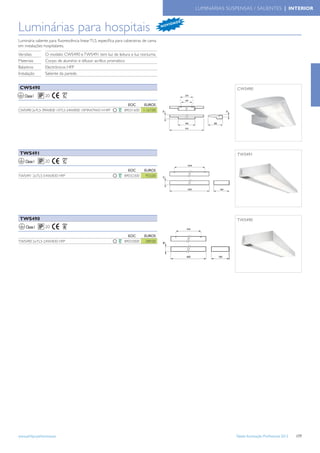 LUMINÁRIAS SUSPENSAS / SALIENTES | INTERIOR

                                                                                               DE

Luminárias para hospitais                                                            N OV
                                                                                          I DA



Luminária saliente para ﬂuorescência linear TL5, especíﬁca para cabeceiras de cama
em instalações hospitalares.
Versões          O modelo CWS490 e TWS491 tem luz de leitura e luz nocturna
Materiais        Corpo de alumínio e difusor acrílico prismático
Balastros        Electrónicos HFP
Instalação       Saliente da parede.


 CWS490                                                                                                            CWS490
    Classe I     20
                                                                 EOC     EUROS
CWS490 2xTL5-39W/830 1XTL5-24W/830 1XMAX7W-E14 HFP             89031600 1.167,00




 TWS491                                                                                                            TWS491
    Classe I     20
                                                                 EOC      EUROS
TWS491 2xTL5-54W/830 HFP                                       89032300    933,00




 TWS490                                                                                                            TWS490
     Classe I    20
                                                                 EOC      EUROS
TWS490 2xTL5-24W/830 HFP                                       89033000    589,00




www.philips.pt/iluminacao                                                                                         Tabela Iluminação Proﬁssional 2012   177
 