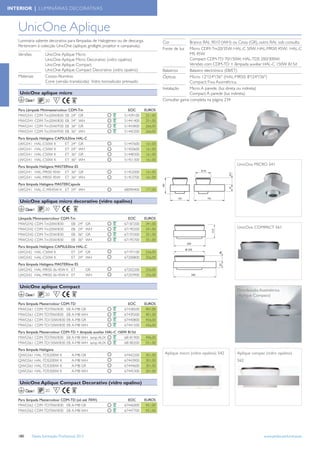 INTERIOR | LUMINÁRIAS DECORATIVAS



   UnicOne Aplique
   Luminária saliente decorativa para lâmpadas de Halogéneo ou de descarga.              Cor           Branco RAL 9010 (WH) ou Cinza (GR), outro RAL sob consulta
   Pertencem à colecção UnicOne (aplique, gridlight, projetor e campanula).
                                                                                         Fonte de luz  Micro: CDM-Tm20/35W; HAL-C 50W; HAL-MR50 45W; HAL-C
   Versões            UnicOne Aplique Micro                                                            MS 45W
                      UnicOne Aplique Micro Decorativo (vidro opalino)                                 Compact: CDM-TD 70/150W; HAL-TDS 200/300W;
                      UnicOne Aplique Compact                                                          Versões com CDM-TD + lâmpada auxiliar HAL-C 150W B15d
                      UnicOne Aplique Compact Decorativo (vidro opalino)                 Balastros     Balastro electrónico (EB/ET)
   Materiais          Corpo: Alumínio                                                    Ópticas       Micro: 12º/24º/36º (HAL-MR50: 8º/24º/36º)
                      Cone (versão translúcida): Vidro borosilicato prensado                           Compact: Fixa Assimétrica.
                                                                                         Instalação    Micro: A parede, (luz direta ou indireta)
    UnicOne aplique micro                                                                              Compact: A parede (luz indireta)
         Classe I     20     F                                                           Consultar gama completa na página 234

   Para Lâmpada Minimastercolour CDM-Tm                               EOC      EUROS
   MWG541 CDM-Tm20W/830 EB 24º GR                                   51439100    251,00
   MWG541 CDM-Tm20W/830 EB 24º WH                                   51441400    251,00
   MWG541 CDM-Tm35W/930 EB 36º GR                                   51443800    266,00
   MWG541 CDM-Tm35W/930 EB 36º WH                                   51445200    266,00
   Para lâmpada Halógena CAPSULEline HAL-C
   LWG541 HAL-C50W K          ET 24º GR                             51447600   161,00
   LWG541 HAL-C50W K          ET 24º WH                             51450600   161,00
   LWG541 HAL-C50W K          ET 36º GR                             51448300   161,00
   LWG541 HAL-C50W K          ET 36º WH                             51451300   161,00
                                                                                                                               UnicOne MICRO 541
   Para lâmpada Halógena MASTERline ES
   LWG541 HAL-MR50 45W ET 36º GR                                    51452000   161,00
   LWG541 HAL-MR50 45W ET 36º WH                                    51453700   161,00
   Para lâmpada Halógena MASTERCapsule
   LWG541 HAL-C-MS45W K ET 24º WH                                   68090400   171,00


    UnicOne aplique micro decorativo (vidro opalino)
         Classe I     20     F

   Lâmpada Minimastercolour CDM-Tm                                    EOC      EUROS
   MWG542 CDM-Tm20W/830         EB          24º    GR               67187200    341,00
   MWG542 CDM-Tm20W/830         EB          24º    WH               67190200    341,00                                         UnicOne COMPACT 561
   MWG542 CDM-Tm35W/830         EB          36º    GR               67193300    351,00
   MWG542 CDM-Tm35W/830         EB          36º    WH               67195700    351,00
   Para lâmpada Halógena CAPSULEline HAL-C
   LWG542 HAL-C50W K              ET 24º GR                         67197100   256,00
   LWG542 HAL-C50W K              ET 24º WH                         67200800   256,00
   Para lâmpada Halógena MASTERline ES
   LWG542 HAL-MR50-36-45W K ET                     GR               67202200   256,00
   LWG542 HAL-MR50-36-45W K ET                     WH               67203900   256,00


    UnicOne aplique Compact
                                                                                                                               Distribuição Assimétrica
         Classe I     20     F                                                                                                 (Aplique Compact)
   Para lâmpada Mastercolour CDM-TD                                   EOC      EUROS
   MWG561 CDM-TD70W/830 EB A-MB GR                                  67438500    401,00
   MWG561 CDM-TD70W/830 EB A-MB WH                                  67439200    401,00
   MWG561 CDM-TD150W/830 EB A-MB GR                                 67440800    456,00
   MWG561 CDM-TD150W/830 EB A-MB WH                                 67441500    456,00
   Para lâmpada Mastercolour CDM-TD + lâmpada auxiliar HAL-C 150W B15d
   MWG561 CDM-TD70W/830 EB A-MB WH lamp AUX                     68181900       496,00
   MWG561 CDM-TD150W/830 EB A-MB WH lamp AUX                    68180200       551,00
   Para lâmpada Halógena
   QWG561 HAL-TDS200W K                 A-MB GR                     67442200   301,00     Aplique micro (vidro opalino) 542    Aplique compac (vidro opalino)
   QWG561 HAL-TDS200W K                 A-MB WH                     67443900   301,00                                          562
   QWG561 HAL-TDS300W K                 A-MB GR                     67444600   301,00
   QWG561 HAL-TDS300W K                 A-MB WH                     67445300   301,00


    UnicOne Aplique Compact Decorativo (vidro opalino)
         Classe I     20     F

   Para lâmpada Mastercolour CDM-TD (só até 70W)                      EOC      EUROS
   MWG562 CDM-TD70W/830 EB A-MB GR                                  67446000    451,00
   MWG562 CDM-TD70W/830 EB A-MB WH                                  67447700    451,00




   180        Tabela Iluminação Proﬁssional 2012                                                                                              www.philips.pt/iluminacao
 