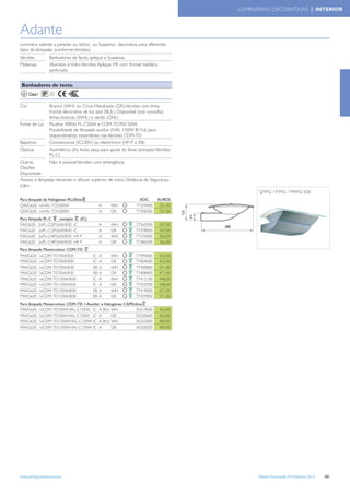 LUMINÁRIAS DECORATIVAS | INTERIOR



Adante
Luminária saliente a paredes ou tectos ou Suspensa , decorativa, para diferentes
tipos de lâmpadas (conforme Versões).
Versões          Banhadores de Tecto, aplique e Suspensa .
Materiais        Alumínio e Vidro. Versões Aplique MF com frontal metálico
                 perfurado.


 Banhadores de tecto
      Classe I   20

Cor              Branco (WH) ou Cinza Metalizado (GR).Versões com linha
                 frontal decorativa de luz azul (BUL). Disponível (sob consulta)
                 linhas brancas (WHL) e verde (GNL)
Fonte de luz     Plusline 300W, PL-C26W e CDM-TD70/150W
                 Possibilidade de lâmpada auxiliar (HAL 150W B15d) para
                 reacendimento instantâneo nas Versões CDM-TD
Balastros        Convencional (IC230V) ou electrónico (HF-P o EB)
Ópticas          Assimétrica (A). Inclui peça para ajuste do feixe (excepto Versões
                 PL-C)
Outras           Não é possível Versões com emergência
Opções
Disponívels
Acesso à lâmpada retirando o difusor superior de vidro. Distância de Segurança
0,8m
                                                                                            QWG / FWG / MWG 620
Para lâmpada de Halogéneo PLUSline                                EOC       EUROS
QWG620 1xHAL-TDS300W                         A    WH            77354400     331,00
QWG620 1xHAL-TDS300W                         A    GR            77358200     331,00
Para lâmpada PL-C , excepto (IC)
FWG620 2xPL-C/2P26W/830 IC                   A    WH            77362900     347,00
FWG620 2xPL-C/2P26W/830 IC                   A    GR            77378000     347,00
FWG620 2xPL-C/4P26W/830 HF-P                 A    WH            77370400     362,00
FWG620 2xPL-C/4P26W/830 HF-P                 A    GR            77386500     362,00
Para lâmpada Mastercolour CDM-TD
MWG620 1xCDM-TD70W/830                  IC   A    WH            77394000     433,00
MWG620 1xCDM-TD70W/830                  IC   A    GR            77404600     433,00
MWG620 1xCDM-TD70W/830                  EB   A    WH            77400800     471,00
MWG620 1xCDM-TD70W/830                  EB   A    GR            77408400     471,00
MWG620 1xCDM-TD150W/830                 IC   A    WH            77412100     448,00
MWG620 1xCDM-TD150W/830                 IC   A    GR            77423700     448,00
MWG620 1xCDM-TD150W/830                 EB   A    WH            77419000     571,00
MWG620 1xCDM-TD150W/830                 EB   A    GR            77429900     571,00
Para lâmpada Mastercolour CDM-TD + Auxiliar e Halogéneo CAPSUline
MWG620 1xCDM-TD70W/HAL-C150W IC A BUL WH                     56314500        463,00
MWG620 1xCDM-TD70W/HAL-C150W IC A                 GR         56320600        463,00
MWG620 1xCDM-TD150W/HAL-C150W IC A BUL WH                    56322000        483,00
MWG620 1xCDM-TD150W/HAL-C150W IC A                GR         56328200        483,00




www.philips.pt/iluminacao                                                                   Tabela Iluminação Proﬁssional 2012   181
 