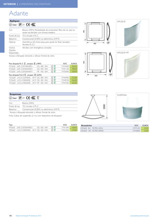 INTERIOR | LUMINÁRIAS DECORATIVAS



   Adante
    Apliques                                                                                                      APLIQUE
         Classe I     20

   Cor                Branco (WH). Possibilidade de acrescentar ﬁltro de cor azul ou
                      verde nas Versões com frontal metálico
   Fonte de luz       TL5 circular e PL-C
   Balastros          Convencional (I230V) ou electrónico (HF-P)
   Ópticas            Assimétrica (A). Inclui peça para ajuste do feixe (excepto
                      Versões PL-C)
   Outras             Versões com emergência consultar
   Opções
   Disponívels                                                                                                    APLIQUE MF
   Acesso à lâmpada retirando o difusor frontal de vidro.


   Para lâmpada PL-C , excepto           (18W)                        EOC      EUROS
   FCG620 2xPL-C/2P18W/830 I              DG 400 WH                 77433600    362,00
   FCG620 2xPL-C/2P26W/830 I              DG 450 WH                 77441100    398,00
   FCG620 2xPL-C/2P26W/830 I              MF 450 WH                 77435000    438,00
   Para lâmpada TL5-C , excepto (22W)
   TCG620 1xTL5-C22W/830 HF-P DG 400 WH                             77445900    416,00
   TCG620 1xTL5-C40W/830 HF-P DG 450 WH                             77449700    426,00
   TCG620 1xTL5-C40W/830 HF-P MF 450 WH                             77447300    463,00




    Suspensas                                                                                                     SUSPENSA
         Classe I     20

   Cor           Branco (WH)
   Fonte de luz TL5 circular e PL-C
   Balastros     Convencional (I230V) ou electrónico (HF-P)
   “Acesso à lâmpada retirando o difusor frontal de vidro.
   Inclui Cabos de suspensão (2 m.) com dispositivo de bloqueio.”



   Tipo                                                               EOC      EUROS     Acessórios                                EOC         EUROS
   FPG620 2xPL-C/2P26W/830 I  DG 450 WH                             77451000    548,00   ZZN620 BU FILTRO AZUL                   15975100        32,00
   TPG620 1xTL5-C40W/830 HF-P DG 450 WH                             77453400    578,00   ZZN620 GN FILTRO VERDE                  15976800        32,00




   182        Tabela Iluminação Proﬁssional 2012                                                                               www.philips.pt/iluminacao
 
