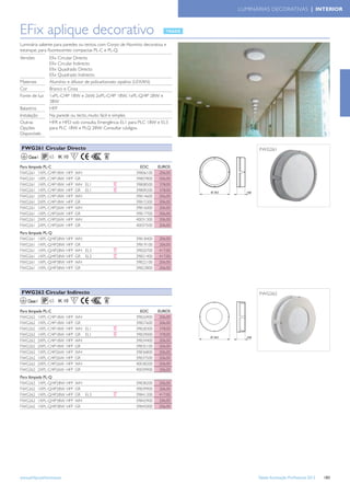 LUMINÁRIAS DECORATIVAS | INTERIOR



EFix aplique decorativo
Luminária saliente para paredes ou tectos, com Corpo de Alumínio decorativa e
estanque, para ﬂuorescentes compactas PL-C e PL-Q.
Versões          Eﬁx Circular Directo
                 Eﬁx Circular Indirecto
                 Eﬁx Quadrado Directo
                 Eﬁx Quadrado Indirecto
Materiais        Alumínio e difusor de policarbonato opalino (LEXAN)
Cor              Branco e Cinza
Fonte de luz     1xPL-C/4P 18W e 26W, 2xPL-C/4P 18W, 1xPL-Q/4P 28W e
                 38W
Balastros        HFP
Instalação       Na parede ou tecto, muito fácil e simples
Outras           HFR e HFD sob consulta. Emergência EL1 para PLC 18W e EL3
Opções           para PLC 18W e PLQ 28W: Consultar códigos.
Disponívels


 FWG261 Circular Directo                                                                FWG261
     Classe I    65 IK 10         F

Para lâmpada PL-C                                              EOC      EUROS
FWG261 1XPL-C/4P18W         HFP   WH                         39806100    206,00
FWG261 1XPL-C/4P18W         HFP   GR                         39807800    206,00
FWG261 1XPL-C/4P18W         HFP   WH EL1                     39808500    378,00
FWG261 1XPL-C/4P18W         HFP   GR EL1                     39809200    378,00
FWG261 2XPL-C/4P18W         HFP   WH                         39814600    206,00
FWG261 2XPL-C/4P18W         HFP   GR                         39815300    206,00
FWG261 1XPL-C/4P26W         HFP   WH                         39816000    206,00
FWG261 1XPL-C/4P26W         HFP   GR                         39817700    206,00
FWG261 2XPL-C/4P26W         HFP   WH                         40031300    206,00
FWG261 2XPL-C/4P26W         HFP   GR                         40037500    206,00
Para lâmpada PL-Q
FWG261 1XPL-Q/4P28W         HFP   WH                         39818400    206,00
FWG261 1XPL-Q/4P28W         HFP   GR                         39819100    206,00
FWG261 1XPL-Q/4P28W         HFP   WH EL3                     39820700    417,00
FWG261 1XPL-Q/4P28W         HFP   GR EL3                     39821400    417,00
FWG261 1XPL-Q/4P38W         HFP   WH                         39822100    206,00
FWG261 1XPL-Q/4P38W         HFP   GR                         39823800    206,00




 FWG262 Circular Indirecto                                                              FWG262
    Classe I     65 IK 10         F

Para lâmpada PL-C                                              EOC      EUROS
FWG262 1XPL-C/4P18W         HFP   WH                         39826900    206,00
FWG262 1XPL-C/4P18W         HFP   GR                         39827600    206,00
FWG262 1XPL-C/4P18W         HFP   WH EL1                     39828300    378,00
FWG262 1XPL-C/4P18W         HFP   GR EL1                     39829000    378,00
FWG262 2XPL-C/4P18W         HFP   WH                         39834400    206,00
FWG262 2XPL-C/4P18W         HFP   GR                         39835100    206,00
FWG262 1XPL-C/4P26W         HFP   WH                         39836800    206,00
FWG262 1XPL-C/4P26W         HFP   GR                         39837500    206,00
FWG262 2XPL-C/4P26W         HFP   WH                         40038200    206,00
FWG262 2XPL-C/4P26W         HFP   GR                         40039900    206,00
Para lâmpada PL-Q
FWG262 1XPL-Q/4P28W         HFP   WH                         39838200    206,00
FWG262 1XPL-Q/4P28W         HFP   GR                         39839900    206,00
FWG262 1XPL-Q/4P28W         HFP   GR EL3                     39841200    417,00
FWG262 1XPL-Q/4P38W         HFP   WH                         39842900    206,00
FWG262 1XPL-Q/4P38W         HFP   GR                         39845000    206,00




www.philips.pt/iluminacao                                                               Tabela Iluminação Proﬁssional 2012   183
 