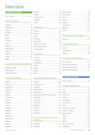 Índice Geral
 LUMINÁRIAS EXTERIOR                                                                    CPS 200 . . . . . . . . . . . . . . . . . . . . . . . . . . . . . . . . . . . . 83      M/SNF 100/300 . . . . . . . . . . . . . . . . . . . . . . . . . . . . . 120

                                                                                        HPB430 . . . . . . . . . . . . . . . . . . . . . . . . . . . . . . . . . . . . 84       QVF 415/416 . . . . . . . . . . . . . . . . . . . . . . . . . . . . . . . 120
Indice de imagens . . . . . . . . . . . . . . . . . . . . . . . . 40
                                                                                        Montmartre 2000 . . . . . . . . . . . . . . . . . . . . . . . . . . . . 85              Tempo . . . . . . . . . . . . . . . . . . . . . . . . . . . . . . . . . . . . 121
                                                                                        StreetSaver . . . . . . . . . . . . . . . . . . . . . . . . . . . . . . . . . . 86      Tempo 4 . . . . . . . . . . . . . . . . . . . . . . . . . . . . . . . . . . . 122
ILUMINAÇÃO PÚBLICA
                                                                                        Urbana . . . . . . . . . . . . . . . . . . . . . . . . . . . . . . . . . . . . . 87     OptiVision . . . . . . . . . . . . . . . . . . . . . . . . . . . . . . . . . 123
SpeedStar . . . . . . . . . . . . . . . . . . . . . . . . . . . . . . . 43                                                                                                      ConfortVision . . . . . . . . . . . . . . . . . . . . . . . . . . . . . . 123
Mini Modena . . . . . . . . . . . . . . . . . . . . . . . . . . . . . 44                BALIZADORES                                                                             OptiFlood . . . . . . . . . . . . . . . . . . . . . . . . . . . . . . . . . . 124
Modena . . . . . . . . . . . . . . . . . . . . . . . . . . . . . . . . 45                                                                                                       Mini 333 . . . . . . . . . . . . . . . . . . . . . . . . . . . . . . . . . . . 126
                                                                                        CitySpirit . . . . . . . . . . . . . . . . . . . . . . . . . . . . . . . . . . . . 89
Mini Koffer2 . . . . . . . . . . . . . . . . . . . . . . . . . . . . . 46
                                                                                        Vivarazon . . . . . . . . . . . . . . . . . . . . . . . . . . . . . . . . . . . 89
Koffer2 . . . . . . . . . . . . . . . . . . . . . . . . . . . . . . . . . 47                                                                                                    PROJECTORES PARA GASOLINEIRAS
                                                                                        Vivara . . . . . . . . . . . . . . . . . . . . . . . . . . . . . . . . . . . . . . 90
Iridium2 . . . . . . . . . . . . . . . . . . . . . . . . . . . . . . . . . . . . 48
                                                                                        DecoScene . . . . . . . . . . . . . . . . . . . . . . . . . . . . . . . . . . 91        Mini 300 . . . . . . . . . . . . . . . . . . . . . . . . . . . . . . . 127
Mini Iridium . . . . . . . . . . . . . . . . . . . . . . . . . . . . . . . . . 50
                                                                                        Amazon LED . . . . . . . . . . . . . . . . . . . . . . . . . . . . . . . . 94
Iridium . . . . . . . . . . . . . . . . . . . . . . . . . . . . . . . . . . 51
                                                                                        Banhador de chão LED . . . . . . . . . . . . . . . . . . . . . . . 94                   PROJECTORES PARA TÚNEIS
Trafﬁc Vision . . . . . . . . . . . . . . . . . . . . . . . . . . . . . 55              EFix decorativo exterior . . . . . . . . . . . . . . . . . . . . . . . 95
                                                                                                                                                                                TunLED . . . . . . . . . . . . . . . . . . . . . . . . . . . . . . . . . . . . 129
Selenium LED . . . . . . . . . . . . . . . . . . . . . . . . . . . . . . . 55           Accent Powercore . . . . . . . . . . . . . . . . . . . . . . . . . . . 96
                                                                                                                                                                                HNF 600 Almería . . . . . . . . . . . . . . . . . . . . . . . . . . . 130
Selenium . . . . . . . . . . . . . . . . . . . . . . . . . . . . . . . 56
                                                                                                                                                                                Sondika . . . . . . . . . . . . . . . . . . . . . . . . . . . . . . . . . . . . 130
Residium . . . . . . . . . . . . . . . . . . . . . . . . . . . . . . . . 57             ECRÃS DE LED
AluRoad . . . . . . . . . . . . . . . . . . . . . . . . . . . . . . . . 58
                                                                                        iColor Flex . . . . . . . . . . . . . . . . . . . . . . . . . . . . . . 97              BALASTROS PARA PROJECTORES
Málaga . . . . . . . . . . . . . . . . . . . . . . . . . . . . . . . . . 59
                                                                                        eW Flex SLX . . . . . . . . . . . . . . . . . . . . . . . . . . . . 97
                                                                                                                                                                                Placas equipadas . . . . . . . . . . . . . . . . . . . . . . . . . . . . 131
                                                                                        Street furniture . . . . . . . . . . . . . . . . . . . . . . . . . . . 98
ILUMINAÇÃO DE SEGURANÇA E ORIENTAÇÃO                                                                                                                                            Caixas estanques equipadas . . . . . . . . . . . . . . . . . . . 131
                                                                                        Candeo . . . . . . . . . . . . . . . . . . . . . . . . . . . . . . . . . 98
                                                                                                                                                                                Substituições para luminárias . . . . . . . . . . . . . . . . . . 132
Combi RX 601 / 602. . . . . . . . . . . . . . . . . . . . . . . 60                      DayPix . . . . . . . . . . . . . . . . . . . . . . . . . . . . . . . . . 99
                                                                                                                                                                                Substituições para Projectores. . . . . . . . . . . . . . . . . 132
Combi GS 604                . . . . . . . . . . . . . . . . . . . . . . . . . . 60      dTube . . . . . . . . . . . . . . . . . . . . . . . . . . . . . . . . . . 99
Combi FWC 120/121 . . . . . . . . . . . . . . . . . . . . . . . . 60                    dMesh . . . . . . . . . . . . . . . . . . . . . . . . . . . . . . . . . . 99

                                                                                                                                                                                 LUMINÁRIAS INTERIOR
ILUMINAÇÃO RESIDÊNCIAL                                                                  PROJECTORES PARA EMBELEZAMENTO

                                                                                                                                                                                Indice de imagens . . . . . . . . . . . . . . . . . . . . . . . 134
UrbanStick . . . . . . . . . . . . . . . . . . . . . . . . . . . . . . 61               LEDline2 . . . . . . . . . . . . . . . . . . . . . . . . . . . . . . . . . . . 100
CitySwan . . . . . . . . . . . . . . . . . . . . . . . . . . . . . . . 62               Graze Powercore . . . . . . . . . . . . . . . . . . . . . . . . . . . 101
                                                                                                                                                                                LUMINÁRIAS ENCASTRÁVEIS
Copenhagen . . . . . . . . . . . . . . . . . . . . . . . . . . . . 63                   Vaya Linear . . . . . . . . . . . . . . . . . . . . . . . . . . . . . . . . . 103
UrbanScene . . . . . . . . . . . . . . . . . . . . . . . . . . . . . . . . . 64         Reach Powercore . . . . . . . . . . . . . . . . . . . . . . . . . . . 104               Savio . . . . . . . . . . . . . . . . . . . . . . . . . . . . . . . . . . 139

CitySoul . . . . . . . . . . . . . . . . . . . . . . . . . . . . . . . . . . . . 67     Blast Powercore. . . . . . . . . . . . . . . . . . . . . . . . . . . . . 105            Rotaris . . . . . . . . . . . . . . . . . . . . . . . . . . . . . . . . 140

Milewide2 . . . . . . . . . . . . . . . . . . . . . . . . . . . . . . . . . . . 69      Burst Powercore / Burst Compact Powercore . . . . . 107                                 Maxos LED. . . . . . . . . . . . . . . . . . . . . . . . . . . . . . . . . 141

Mini Milewide. . . . . . . . . . . . . . . . . . . . . . . . . . . . . . . . 70         Beamer LED. . . . . . . . . . . . . . . . . . . . . . . . . . . . . . . . 109           DayZone . . . . . . . . . . . . . . . . . . . . . . . . . . . . . . 142

Milewide . . . . . . . . . . . . . . . . . . . . . . . . . . . . . . . . . . . . 71     Vaya Flood . . . . . . . . . . . . . . . . . . . . . . . . . . . . . . . . . 110        Power Balance . . . . . . . . . . . . . . . . . . . . . . . . . . . . . . 143

VikingVision . . . . . . . . . . . . . . . . . . . . . . . . . . . . . . . . . 73       DecoFlood2 . . . . . . . . . . . . . . . . . . . . . . . . . . . . . . . . 111          CoreView Panel. . . . . . . . . . . . . . . . . . . . . . . . . . . . . 144

Triangel . . . . . . . . . . . . . . . . . . . . . . . . . . . . . . . . . . . . . 73   DecoFlood . . . . . . . . . . . . . . . . . . . . . . . . . . . . . . . . . 115         Celino . . . . . . . . . . . . . . . . . . . . . . . . . . . . . . . . . . . . . 145

MultiGlow. . . . . . . . . . . . . . . . . . . . . . . . . . . . . . . . . . . 74       Proﬂood . . . . . . . . . . . . . . . . . . . . . . . . . . . . . . . . . . . 115       SmartForm Semimodular . . . . . . . . . . . . . . . . . . . . . 146

StraightLine . . . . . . . . . . . . . . . . . . . . . . . . . . . . . . . . . 74       AmphiLux . . . . . . . . . . . . . . . . . . . . . . . . . . . . . . . . . . 116        SmartForm Modular . . . . . . . . . . . . . . . . . . . . . . . . . 150

UrbanStar . . . . . . . . . . . . . . . . . . . . . . . . . . . . . . . . . . . 75      ColorSplash . . . . . . . . . . . . . . . . . . . . . . . . . . . . . . . . 118         EFix empotrable . . . . . . . . . . . . . . . . . . . . . . . . . . . . 154

Metronomis 1 . . . . . . . . . . . . . . . . . . . . . . . . . . . . . . . 76                                                                                                   TBS165 . . . . . . . . . . . . . . . . . . . . . . . . . . . . . . . . . . . . 155
                                                                                        PROJECTORES ASSIMÉTRICOS PARA ÁREAS
Metronomis 11 . . . . . . . . . . . . . . . . . . . . . . . . . . . . . . 77                                                                                                    Impala . . . . . . . . . . . . . . . . . . . . . . . . . . . . . . . . . . . . . 156
                                                                                        DESPORTIVAS
CitySpirit . . . . . . . . . . . . . . . . . . . . . . . . . . . . . . . . . . . . 78                                                                                           FBS163 . . . . . . . . . . . . . . . . . . . . . . . . . . . . . . . . . . . . 157

CityVision . . . . . . . . . . . . . . . . . . . . . . . . . . . . . . . . . . . 82     ArenaVision . . . . . . . . . . . . . . . . . . . . . . . . . . . . . . . . 119         Marcos para escayola . . . . . . . . . . . . . . . . . . . . . . . . 157

Grandeville . . . . . . . . . . . . . . . . . . . . . . . . . . . . . . . . . . 83      PowerVision . . . . . . . . . . . . . . . . . . . . . . . . . . . . . . . . 119         TBS/FBS 105 . . . . . . . . . . . . . . . . . . . . . . . . . . . . . . . 158

www.philips.pt/iluminacao                                                                                                                                                                              Tabela Iluminação Proﬁssional 2012                       25
 