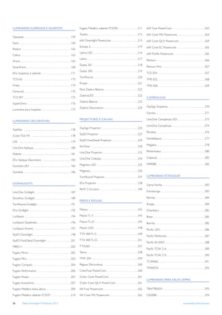 LUMINÁRIAS SUSPENSAS E SALIENTES                                                        Fugato Metálico saliente FCS296 . . . . . . . . . . . . . . 211                         eW Fuse PowerCore . . . . . . . . . . . . . . . . . . . . . . . . 263

                                                                                        Toulón . . . . . . . . . . . . . . . . . . . . . . . . . . . . . . . . . . . . . 212    eW Cove MX Powercore . . . . . . . . . . . . . . . . . . . . 264
Daywave . . . . . . . . . . . . . . . . . . . . . . . . . . . . . . . . . . . 159
                                                                                        eW Downlight Powercore . . . . . . . . . . . . . . . . . . . . 213                      eW Cove QLX Powercore . . . . . . . . . . . . . . . . . . . 264
Savio . . . . . . . . . . . . . . . . . . . . . . . . . . . . . . . . . . . . . . 160
                                                                                        Europa 2 . . . . . . . . . . . . . . . . . . . . . . . . . . . . . . . . . . . 214      eW Cove EC Powercore . . . . . . . . . . . . . . . . . . . . . 265
Rotaris . . . . . . . . . . . . . . . . . . . . . . . . . . . . . . . . . . . . 162
                                                                                        Latina LED . . . . . . . . . . . . . . . . . . . . . . . . . . . . . . . . . 216        eW Proﬁle Powercore . . . . . . . . . . . . . . . . . . . . . . . 265
Celino . . . . . . . . . . . . . . . . . . . . . . . . . . . . . . . . . . . . . 163
                                                                                        Latina . . . . . . . . . . . . . . . . . . . . . . . . . . . . . . . . . . . . . 217    Pentura . . . . . . . . . . . . . . . . . . . . . . . . . . . . . . . . . . . . 266
Arano . . . . . . . . . . . . . . . . . . . . . . . . . . . . . . . . . . . . . 165
                                                                                        Dueta 201 . . . . . . . . . . . . . . . . . . . . . . . . . . . . . . . . . 218
SmartForm . . . . . . . . . . . . . . . . . . . . . . . . . . . . . . . . . 168                                                                                                 Pentura Mini . . . . . . . . . . . . . . . . . . . . . . . . . . . . . . . . 267
                                                                                        Dueta 200 . . . . . . . . . . . . . . . . . . . . . . . . . . . . . . . . . 219
EFix Suspensa e saliente . . . . . . . . . . . . . . . . . . . . . . 171                                                                                                        TCS 054 . . . . . . . . . . . . . . . . . . . . . . . . . . . . . . . . . . . 267
                                                                                        TurnRound . . . . . . . . . . . . . . . . . . . . . . . . . . . . . . . . . 220
TCS165 . . . . . . . . . . . . . . . . . . . . . . . . . . . . . . . . . . . 173                                                                                                TMS 022 . . . . . . . . . . . . . . . . . . . . . . . . . . . . . . . . . . . 268
                                                                                        Proset . . . . . . . . . . . . . . . . . . . . . . . . . . . . . . . . . . . . . 221
Finess . . . . . . . . . . . . . . . . . . . . . . . . . . . . . . . . . . . . . 174                                                                                            TMS 028 . . . . . . . . . . . . . . . . . . . . . . . . . . . . . . . . . . . 269
                                                                                        Pack Zadora Básicos . . . . . . . . . . . . . . . . . . . . . . . . . 222
Centura2 . . . . . . . . . . . . . . . . . . . . . . . . . . . . . . . . . . 175
                                                                                        ZadoraLED . . . . . . . . . . . . . . . . . . . . . . . . . . . . . . . . 222
TCS 097 . . . . . . . . . . . . . . . . . . . . . . . . . . . . . . . . . . . 175                                                                                               CAMPANULAS
                                                                                        Zadora Básicos . . . . . . . . . . . . . . . . . . . . . . . . . . . . . 223
SuperOmni. . . . . . . . . . . . . . . . . . . . . . . . . . . . . . . . . 176
                                                                                        Zadora Decorativos . . . . . . . . . . . . . . . . . . . . . . . . . 224                DaySign Suspensa . . . . . . . . . . . . . . . . . . . . . . . . . . . 270
Luminária para hospitais . . . . . . . . . . . . . . . . . . . . . . 177
                                                                                                                                                                                Garnea . . . . . . . . . . . . . . . . . . . . . . . . . . . . . . . . . . . . 271

                                                                                        PROJECTORES E CALHAS                                                                    UnicOne Campânula LED . . . . . . . . . . . . . . . . . . . . 273
LUMINÁRIAS DECORATIVAS
                                                                                                                                                                                UnicOne Campânula . . . . . . . . . . . . . . . . . . . . . . . . 274
                                                                                        DaySign Projector . . . . . . . . . . . . . . . . . . . . . . . . . . . 225
TaskFlex . . . . . . . . . . . . . . . . . . . . . . . . . . . . . . . 178
                                                                                                                                                                                Pendola . . . . . . . . . . . . . . . . . . . . . . . . . . . . . . . . . . . . 276
                                                                                        StyliD Projector . . . . . . . . . . . . . . . . . . . . . . . . . . . . . 227
iColor TILE FX . . . . . . . . . . . . . . . . . . . . . . . . . . 178
                                                                                                                                                                                GentleSpace . . . . . . . . . . . . . . . . . . . . . . . . . . . . . . . . 277
                                                                                        StyliD PureDetail Projector . . . . . . . . . . . . . . . . . . . 229
LYA . . . . . . . . . . . . . . . . . . . . . . . . . . . . . . . . . . 179
                                                                                        ArcTone . . . . . . . . . . . . . . . . . . . . . . . . . . . . . . . . . . . 230       Megalux . . . . . . . . . . . . . . . . . . . . . . . . . . . . . . . . . . . 278
UnicOne Aplique. . . . . . . . . . . . . . . . . . . . . . . . . 180
                                                                                        UnicOne Projector . . . . . . . . . . . . . . . . . . . . . . . . . . 232               Performalux . . . . . . . . . . . . . . . . . . . . . . . . . . . . . . . . 280
Adante . . . . . . . . . . . . . . . . . . . . . . . . . . . . . . . . 181
                                                                                        UnicOne Coleção . . . . . . . . . . . . . . . . . . . . . . . . . . . 234               Cabana2 . . . . . . . . . . . . . . . . . . . . . . . . . . . . . . . . . . . 282
EFix Aplique Decorativo . . . . . . . . . . . . . . . . . . . 183
                                                                                        Magneos LED . . . . . . . . . . . . . . . . . . . . . . . . . . . . . . 235             HPK080 . . . . . . . . . . . . . . . . . . . . . . . . . . . . . . . . . . . 282
Gondola LED . . . . . . . . . . . . . . . . . . . . . . . . . . . 185

Gondola . . . . . . . . . . . . . . . . . . . . . . . . . . . . . . . 186               Magneos . . . . . . . . . . . . . . . . . . . . . . . . . . . . . . . . . . . 236

                                                                                        TurnRound Projector . . . . . . . . . . . . . . . . . . . . . . . . 237                 LUMINÁRIAS ESTANQUES

DOWNLIGHTS                                                                              EFix Projector . . . . . . . . . . . . . . . . . . . . . . . . . . . . . . 238
                                                                                                                                                                                Gama Norka . . . . . . . . . . . . . . . . . . . . . . . . . . . . . . . 283
                                                                                        Perﬁl 3 Circuitos . . . . . . . . . . . . . . . . . . . . . . . . . . . . 240
UnicOne Gridlight . . . . . . . . . . . . . . . . . . . . . . . . . . . 187                                                                                                     Estrasburgo . . . . . . . . . . . . . . . . . . . . . . . . . . . . . . . . 283

StoreFlux Gridlight . . . . . . . . . . . . . . . . . . . . . . . . . . 189                                                                                                     Rennes . . . . . . . . . . . . . . . . . . . . . . . . . . . . . . . . . . . . 284
                                                                                        PERFIS E RÉGUAS
TurnRound Gridlight . . . . . . . . . . . . . . . . . . . . . . . . . 191                                                                                                       Rungis . . . . . . . . . . . . . . . . . . . . . . . . . . . . . . . . . . . . . 284

EFix Gridlight . . . . . . . . . . . . . . . . . . . . . . . . . . . . . . . 192        Maxos . . . . . . . . . . . . . . . . . . . . . . . . . . . . . . . . . . . . . 242     Chambery . . . . . . . . . . . . . . . . . . . . . . . . . . . . . . . . . 285
LuxSpace . . . . . . . . . . . . . . . . . . . . . . . . . . . . . . . . . . 194        Maxos TL-5 . . . . . . . . . . . . . . . . . . . . . . . . . . . . . . . . 243          Brest . . . . . . . . . . . . . . . . . . . . . . . . . . . . . . . . . . . . . . 285
LuxSpace Quadrado . . . . . . . . . . . . . . . . . . . . . . . . . 196                 Maxos TL-D . . . . . . . . . . . . . . . . . . . . . . . . . . . . . . . . 245
                                                                                                                                                                                Biarritz . . . . . . . . . . . . . . . . . . . . . . . . . . . . . . . . . . . . 285
LuxSpace Accent . . . . . . . . . . . . . . . . . . . . . . . . . . . . 197             Maxos LED. . . . . . . . . . . . . . . . . . . . . . . . . . . . . . . . . 248
                                                                                                                                                                                Paciﬁc LED . . . . . . . . . . . . . . . . . . . . . . . . . . . . . . . . . 286
StyliD Downlight . . . . . . . . . . . . . . . . . . . . . . . . . . . . 198            TTX 400 TL-5 . . . . . . . . . . . . . . . . . . . . . . . . . . . . . . 249
                                                                                                                                                                                Paciﬁc Performer . . . . . . . . . . . . . . . . . . . . . . . . . . . . 287
StyliD PureDetail Downlight . . . . . . . . . . . . . . . . . . 201                     TTX 400 TL-D . . . . . . . . . . . . . . . . . . . . . . . . . . . . . . 251
                                                                                                                                                                                Paciﬁc Kit WEC . . . . . . . . . . . . . . . . . . . . . . . . . . . . . 288
MBS511 . . . . . . . . . . . . . . . . . . . . . . . . . . . . . . . . . . . 202        TTX260 . . . . . . . . . . . . . . . . . . . . . . . . . . . . . . . . . . . 257
                                                                                                                                                                                Paciﬁc TCW 216 . . . . . . . . . . . . . . . . . . . . . . . . . . . . 289
Fugato Micro . . . . . . . . . . . . . . . . . . . . . . . . . . . . . . . 202          Tetrix. . . . . . . . . . . . . . . . . . . . . . . . . . . . . . . . . . . . . . 258
                                                                                                                                                                                Paciﬁc TCW 215 . . . . . . . . . . . . . . . . . . . . . . . . . . . . 290
Fugato Mini. . . . . . . . . . . . . . . . . . . . . . . . . . . . . . . . . 203        TMX 204 . . . . . . . . . . . . . . . . . . . . . . . . . . . . . . . . . . 259
                                                                                                                                                                                TCW060 . . . . . . . . . . . . . . . . . . . . . . . . . . . . . . . . . . 291
Fugato Compact . . . . . . . . . . . . . . . . . . . . . . . . . . . . 204              Réguas Decorativas . . . . . . . . . . . . . . . . . . . . . . . . . . 260
                                                                                                                                                                                TMW076 . . . . . . . . . . . . . . . . . . . . . . . . . . . . . . . . . . 292
Fugato Performance . . . . . . . . . . . . . . . . . . . . . . . . . 206                ColorFuse PowerCore . . . . . . . . . . . . . . . . . . . . . . . 260

Fugato Power . . . . . . . . . . . . . . . . . . . . . . . . . . . . . . . 207          iColor Cove PowerCore . . . . . . . . . . . . . . . . . . . . . 261
                                                                                                                                                                                LUMINÁRIAS PARA SALAS LIMPAS
Fugato Acessórios . . . . . . . . . . . . . . . . . . . . . . . . . . . 207             iColor Cove QLX PowerCore . . . . . . . . . . . . . . . . 261

Fugato Metálico baixa altura . . . . . . . . . . . . . . . . . . 209                    iW Fuse Powercore . . . . . . . . . . . . . . . . . . . . . . . . . 262                 TBH/TBS424 . . . . . . . . . . . . . . . . . . . . . . . . . . . . . . . 293

Fugato Metálico saliente FCS291 . . . . . . . . . . . . . . 210                         iW Cove MX Powercore . . . . . . . . . . . . . . . . . . . . . 262                      CR200B . . . . . . . . . . . . . . . . . . . . . . . . . . . . . . . . . . . 294

26          Tabela Iluminação Proﬁssional 2012                                                                                                                                                                                   www.philips.pt/iluminacao
 