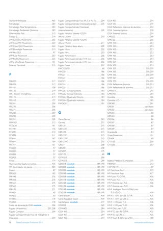 Standard Reforçada . . . . . . . . . . . . . . . . . . . . . . . . . . 465              Fugato Compact Versão Fixa (PL-C e PL-T) . . . . . 204                               GGX 453 . . . . . . . . . . . . . . . . . . . . . . . . . . . . . . . . . . 254
Estrasburgo . . . . . . . . . . . . . . . . . . . . . . . . . . . . . . . . 283         Fugato Compact Versão Orientável (cardan) . . . . 205                                GGX 555 . . . . . . . . . . . . . . . . . . . . . . . . . . . . . . . . . . 259
Estrasburgo Altas Temperaturas. . . . . . . . . . . . . . . . 283                       Fugato Compact Versão Orientável                                                     GGX Reﬂectores internos de alumínio . . . . . . . . . 254
Estrasburgo Ambientes Químicos . . . . . . . . . . . . . . 283                          (interna/externa) . . . . . . . . . . . . . . . . . . . . . . . . . . . 205          GGX Sistemas ópticos . . . . . . . . . . . . . . . . . . . . . . 250
Ethernet Key Pad. . . . . . . . . . . . . . . . . . . . . . . . . . . . 313             Fugato Metálico Saliente FCS291                                                      GGX Sistemas ópticos . . . . . . . . . . . . . . . . . . . . . . . 254
Europa 2 . . . . . . . . . . . . . . . . . . . . . . . . . . . . . . . . . . . 214      Altura 125mm . . . . . . . . . . . . . . . . . . . . . . . . . . . . . 210           GMS022 . . . . . . . . . . . . . . . . . . . . . . . . . . . . . . . . . . . 268
eW Cove EC Powercore . . . . . . . . . . . . . . . . . . . . . 265                      Fugato Metálico Saliente FCS296                                                      GMS122 . . . . . . . . . . . . . . . . . . . . . . . . . . . . . . . . . . . 266
eW Cove MX Powercore . . . . . . . . . . . . . . . . . . . . 264                        Altura 195mm . . . . . . . . . . . . . . . . . . . . . . . . . . . . . 211           GMX 430 . . . . . . . . . . . . . . . . . . . . . . . . . . . . . . . . . . 253
eW Cove QLX Powercore . . . . . . . . . . . . . . . . . . . 264                         Fugato Metálico Baixa altura . . . . . . . . . . . . . . . . . . 209                 GMX 440 . . . . . . . . . . . . . . . . . . . . . . . . . . . . . . . . . . 253
eW Downlight Powercore . . . . . . . . . . . . . . . . . . . . 213                      Fugato Micro . . . . . . . . . . . . . . . . . . . . . . . . . . . . . . . 202       GMX 450 . . . . . . . . . . . . . . . . . . . . . . . . . . . . . . . . . . 253
eW Flex SLX . . . . . . . . . . . . . . . . . . . . . . . . . . . . . . . . 97          Fugato Mini. . . . . . . . . . . . . . . . . . . . . . . . . . . . . . . . . 203     GMX 460 . . . . . . . . . . . . . . . . . . . . . . . . . . . . . . . . . . 253
eW Fuse Powercore . . . . . . . . . . . . . . . . . . . . . . . . . 263                 Fugato Performance . . . . . . . . . . . . . . . . . . . . . . . . . 206             GMX 465 . . . . . . . . . . . . . . . . . . . . . . . . . . . . . . . . . . 253
eW Proﬁle Powercore . . . . . . . . . . . . . . . . . . . . . . . 265                   Fugato Performance Versão H135 mm . . . . . . . . . 206                              GMX 466 . . . . . . . . . . . . . . . . . . . . . . . . . . . . . . . . . . 253
eW y eCorGraze Powercore . . . . . . . . . . . . . . . . . 101                          Fugato Performance Versão H192 mm . . . . . . . . . 206                              GMX 467 . . . . . . . . . . . . . . . . . . . . . . . . . . . . . . . . . . 253
Exterior Funcional . . . . . . . . . . . . . . . . . . . . . . . . . . . 315            Fugato Power . . . . . . . . . . . . . . . . . . . . . . . . . . . . . . 207         GMX 470 . . . . . . . . . . . . . . . . . . . . . . . . . . . . . . . . . . 253
                                                                                        FWC120/121 . . . . . . . . . . . . . . . . . . . . . . . . . . . . . . . . 60        GMX 555 . . . . . . . . . . . . . . . . . . . . . . . . . . . . . . 250, 259
                                                                                        FWG201 . . . . . . . . . . . . . . . . . . . . . . . . . . . . . . . . . . 186       GMX 565 . . . . . . . . . . . . . . . . . . . . . . . . . . . . . . 250, 259
F                                                                                       FWG211 . . . . . . . . . . . . . . . . . . . . . . . . . . . . . . . . . . 186       GMX 566 . . . . . . . . . . . . . . . . . . . . . . . . . . . . . . 250, 259
                                                                                        FWG221 . . . . . . . . . . . . . . . . . . . . . . . . . . . . . . . . . . 186       GMX 567 . . . . . . . . . . . . . . . . . . . . . . . . . . . . . . . . . . 250
FBH024. . . . . . . . . . . . . . . . . . . . . . . . . . . . . . . . . . . . 217       FWG231 . . . . . . . . . . . . . . . . . . . . . . . . . . . . . . . . . . 186       GMX 570 . . . . . . . . . . . . . . . . . . . . . . . . . . . . . . 250, 259
FBH026. . . . . . . . . . . . . . . . . . . . . . . . . . . . . . . . . . . . 217       FWG241 . . . . . . . . . . . . . . . . . . . . . . . . . . . . . . . . . . 186       GMX Reﬂectores brancos . . . . . . . . . . . . . . . . 250, 253
FBS105 . . . . . . . . . . . . . . . . . . . . . . . . . . . . . . . . . . . . 158      FWG251 . . . . . . . . . . . . . . . . . . . . . . . . . . . . . . . . . . 186       GMX Reﬂectores de alumínio . . . . . . . . . . . . . 250, 253
FBS120 . . . . . . . . . . . . . . . . . . . . . . . . . . . . . . . . . . . . 214      FWG261 Circular Directo . . . . . . . . . . . . . . . . . . . . 183                  GMW076 . . . . . . . . . . . . . . . . . . . . . . . . . . . . . . . . . . 292
FBS120 com emergência . . . . . . . . . . . . . . . . . . . . . 215                     FWG262 Circular Indirecto . . . . . . . . . . . . . . . . . . . 183                  GMW401 . . . . . . . . . . . . . . . . . . . . . . . . . . . . . . . . . . 284
FBS122 . . . . . . . . . . . . . . . . . . . . . . . . . . . . . . . . . . . . 214      FWG263 Quadrado Directo . . . . . . . . . . . . . . . . . . 184                      Gondola . . . . . . . . . . . . . . . . . . . . . . . . . . . . . . . . . . . 186
FBS163 . . . . . . . . . . . . . . . . . . . . . . . . . . . . . . . . . . . . 157      FWG264 Quadrado Indirecto . . . . . . . . . . . . . . . . . 184                      Gondola LED . . . . . . . . . . . . . . . . . . . . . . . . . . . . . . . 185
FBS261 . . . . . . . . . . . . . . . . . . . . . . . . . . . . . . . . . . . . 204      FWG620 . . . . . . . . . . . . . . . . . . . . . . . . . . . . . . . . . . 181       GPK380 . . . . . . . . . . . . . . . . . . . . . . . . . . . . . . . . . . . 281
FBS270 . . . . . . . . . . . . . . . . . . . . . . . . . . . . . . . . . . . . 206                                                                                           GPS301 . . . . . . . . . . . . . . . . . . . . . . . . . . . . . .cancelado
FBS271 . . . . . . . . . . . . . . . . . . . . . . . . . . . . . . . . . . . . 206                                                                                           GPS302 . . . . . . . . . . . . . . . . . . . . . . . . . . . . . .cancelado
FBS280 . . . . . . . . . . . . . . . . . . . . . . . . . . . . . . . . . . . . 207      G                                                                                    GPS303 . . . . . . . . . . . . . . . . . . . . . . . . . . . . . . . . . . . . 88
FBS290 . . . . . . . . . . . . . . . . . . . . . . . . . . . . . . . . . . . . 209                                                                                           GPS304 . . . . . . . . . . . . . . . . . . . . . . . . . . . . . . . . . . . . 88
FBS291 . . . . . . . . . . . . . . . . . . . . . . . . . . . . . . . . . . . . 209      Gama Norka . . . . . . . . . . . . . . . . . . . . . . . . . . . . . . . 283         GPS306 . . . . . . . . . . . . . . . . . . . . . . . . . . . . . . . . . . . . 88
FBW501 . . . . . . . . . . . . . . . . . . . . . . . . . . . . . . . . . . . 212        Garnea . . . . . . . . . . . . . . . . . . . . . . . . . . . . . . . . . . . . 271   GPS307 . . . . . . . . . . . . . . . . . . . . . . . . . . . . . . . . . . . . 87
FCG620 . . . . . . . . . . . . . . . . . . . . . . . . . . . . . . . . . . . 181        GBS120 . . . . . . . . . . . . . . . . . . . . . . . . . . . . . . . . . . . 215     GPS308 . . . . . . . . . . . . . . . . . . . . . . . . . . . . . . . . . . . . 87
FCH481 . . . . . . . . . . . . . . . . . . . . . . . . . . . . . . . . . . . 176        GBS1220 . . . . . . . . . . . . . . . . . . . . . . . . . . . . . . . . . . 215      GPS309 . . . . . . . . . . . . . . . . . . . . . . . . . . . . . . . . . . . . 87
FCS291 . . . . . . . . . . . . . . . . . . . . . . . . . . . . . . . . . . . . 210      GBS120L . . . . . . . . . . . . . . . . . . . . . . . . . . . . . . . . . . 215      Grandeville . . . . . . . . . . . . . . . . . . . . . . . . . . . . . . . . . 83
FCS296 . . . . . . . . . . . . . . . . . . . . . . . . . . . . . . . . . . . . 211      GBS122P . . . . . . . . . . . . . . . . . . . . . . . . . . . . . . . . . . 215      Graze Powercore . . . . . . . . . . . . . . . . . . . . . . . . . . . 101
FFS644 . . . . . . . . . . . . . . . . . . . . . . . . . . . . . . . . . . . . 167      GBS122PG . . . . . . . . . . . . . . . . . . . . . . . . . . . . . . . . . 215       GS-604 . . . . . . . . . . . . . . . . . . . . . . . . . . . . . . . . . . . . . 60
FFS684 . . . . . . . . . . . . . . . . . . . . . . . . . . . . . . . . . . . . 164      GBS122RG . . . . . . . . . . . . . . . . . . . . . . . . . . . . . . . . . 215       GTX150 . . . . . . . . . . . . . . . . . . . . . . . . . . . . . . . . . . . 258
FFS764 . . . . . . . . . . . . . . . . . . . . . . . . . . . . . . . . . . . . 161      GBS271 . . . . . . . . . . . . . . . . . . . . . . . . . . . . . . . . . . . 208     GTX260 . . . . . . . . . . . . . . . . . . . . . . . . . . . . . . . . . . . 257
FGS223 . . . . . . . . . . . . . . . . . . . . . . . . . . . . . . . . . . . . . 57     GBS280 . . . . . . . . . . . . . . . . . . . . . . . . . . . . . . . . . . . 208
FGS224 . . . . . . . . . . . . . . . . . . . . . . . . . . . . . . . . . . . . . 57     GC5097 . . . . . . . . . . . . . . . . . . . . . . . . . . . . . . . . . . . 175
FGS225 . . . . . . . . . . . . . . . . . . . . . . . . . . . . . . . . . . . . 57       GCP170 . . . . . . . . . . . . . . . . . . . . . . . . . . . . . . . . . . . . 89    H
FGS425 . . . . . . . . . . . . . . . . . . . . . . . . . . . . . . . . . . . . . 57     GCW215 . . . . . . . . . . . . . . . . . . . . . . . . . . . . . . . . . . 290
Finess . . . . . . . . . . . . . . . . . . . . . . . . . . . . . . . . . . . . . 174    GCW216 . . . . . . . . . . . . . . . . . . . . . . . . . . . . . . . . . . 289       Iodetos Metálicos Compactos . . . . . . . . . . . . . . . . . 375
Fluorescentes Captura-insectos . . . . . . . . . . . . . . . . 475                      GD501B novidade . . . . . . . . . . . . . . . . . . . . . . 189, 190                 HBW501 . . . . . . . . . . . . . . . . . . . . . . . . . . . . . . . . . . 212
FM Controlador de planta . . . . . . . . . . . . . . . . . . . . 303                    GD502B novidade . . . . . . . . . . . . . . . . . . . . . . 189, 190                 HCP170/171 . . . . . . . . . . . . . . . . . . . . . . . . . . . . . . . . 89
Forest . . . . . . . . . . . . . . . . . . . . . . . . . . . . . . . . . . . . . . 87   GD503B novidade . . . . . . . . . . . . . . . . . . . . . . 189, 190                 HF Matchbox Azul . . . . . . . . . . . . . . . . . . . . . . . . . . 427
FPG620. . . . . . . . . . . . . . . . . . . . . . . . . . . . . . . . . . . . 182       GD504B novidade . . . . . . . . . . . . . . . . . . . . . . 189, 190                 HF Matchbox Rojo . . . . . . . . . . . . . . . . . . . . . . . . . 427
FPK440 . . . . . . . . . . . . . . . . . . . . . . . . . . . . . . . . . . . . 276      GD505B novidade . . . . . . . . . . . . . . . . . . . . . . 189, 190                 HF-P para PL-C/T/R . . . . . . . . . . . . . . . . . . . . . . . . . 426
FPK450 . . . . . . . . . . . . . . . . . . . . . . . . . . . . . . . . . . . . 276      GD511B novidade . . . . . . . . . . . . . . . . . . . . . . 189, 190                 HF-P para PL-L . . . . . . . . . . . . . . . . . . . . . . . . . . . . . 426
FPK561 . . . . . . . . . . . . . . . . . . . . . . . . . . . . . . . . . . . . 275      GD512B novidade . . . . . . . . . . . . . . . . . . . . . . 189, 190                 HF-P Xtreme para TL5 . . . . . . . . . . . . . . . . . . . . . . . 406
FPK562 . . . . . . . . . . . . . . . . . . . . . . . . . . . . . . . . . . . . 275      GD513B novidade . . . . . . . . . . . . . . . . . . . . . . 189, 190                 HF-P Xtreme para TLD . . . . . . . . . . . . . . . . . . . . . . 406
FPK630 . . . . . . . . . . . . . . . . . . . . . . . . . . . . . . . . . . . . 271      GD514B novidade . . . . . . . . . . . . . . . . . . . . . . 189, 190                 HF-R Intelligent Touch & DALI para
FRX601 . . . . . . . . . . . . . . . . . . . . . . . . . . . . . . . . . . . . 60       GD515B novidade . . . . . . . . . . . . . . . . . . . . . . 189, 190                    TL5 e TL-D . . . . . . . . . . . . . . . . . . . . . . . . . . . . . 404
FRX602 . . . . . . . . . . . . . . . . . . . . . . . . . . . . . . . . . . . . 60       Genie Esaver . . . . . . . . . . . . . . . . . . . . . . . . . . . . . . . 439       HF-R (1-10V) para PL-C/T/R. . . . . . . . . . . . . . . . . . 425
FS400D . . . . . . . . . . . . . . . . . . . . . . . . . . . . . . . . . . . . 178      Genie Regulável Esaver . . . . . . . . . . . . . . . . . . . . . . . 439             HF-R (1-10V) para PL-L . . . . . . . . . . . . . . . . . . . . . . 426
FS400Z . . . . . . . . . . . . . . . . . . . . . . . . . . . . . . . . . . . . 178      GentleSpace novidade . . . . . . . . . . . . . . . . . . . . . . . 277               HF-R 1-10V para TL5 . . . . . . . . . . . . . . . . . . . . . . . . 406
Fonte de alimentação KNX novidade . . . . . . . . . . 306                               GGS028 . . . . . . . . . . . . . . . . . . . . . . . . . . . . . . . . . . . 269     HF-R 1-10V para TL-D . . . . . . . . . . . . . . . . . . . . . . . 406
Fugato (Acessórios) . . . . . . . . . . . . . . . . . . . . . 207, 208                  GGW402 . . . . . . . . . . . . . . . . . . . . . . . . . . . . . . . . . . 284       HF-R DALI para TL5C . . . . . . . . . . . . . . . . . . . . . . . 405
Fugato Compact . . . . . . . . . . . . . . . . . . . . . . . . . . . . 204              GGX 450 . . . . . . . . . . . . . . . . . . . . . . . . . . . . . . . . . . 254      HF-R TD para PL-C/T/R . . . . . . . . . . . . . . . . . . . . . . 425
Fugato Compact Versão Fixa (de Halogéneo e                                              GGX 451 . . . . . . . . . . . . . . . . . . . . . . . . . . . . . . . . . . 254      HF-R TD para PL-L . . . . . . . . . . . . . . . . . . . . . . . . . . 425
Descarga) . . . . . . . . . . . . . . . . . . . . . . . . . . . . . . . . . . 204       GGX 452 . . . . . . . . . . . . . . . . . . . . . . . . . . . . . . . . . . 254      HF-R Touch & DALI para TL5 . . . . . . . . . . . . . . . . . 380
32          Tabela Iluminação Proﬁssional 2012                                                                                                                                                                               www.philips.pt/iluminacao
 