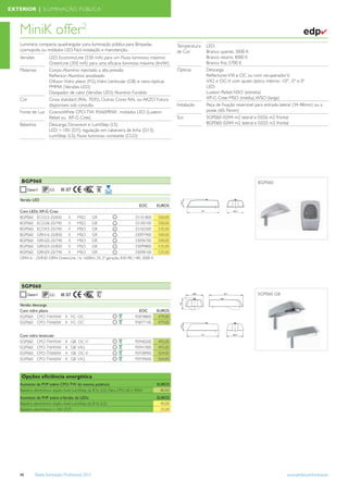 EXTERIOR | ILUMINAÇÃO PÚBLICA



   MiniK offer2                                                                                                                                                                  ✔
   Luminária compacta quadrangular para iluminação pública para lâmpadas                     Temperatura           LED:
   cosmopolis ou módulos LED. Fácil instalação e manutenção.                                 de Cor                Branco quente, 3000 K
   Versões      LED: EconomyLine (530 mA) para um Fluxo luminoso máximo                                            Branco neutro, 4000 K
                GreenLine (350 mA) para uma eﬁcácia luminosa máxima (lm/W)                                         Branco frio, 5700 K
   Materiais    Corpo: Alumínio injectado a alta pressão                                     Ópticas               Descarga:
                Reﬂector: Alumínio anodizado                                                                       Reﬂectores VXI e OC ou com recuperador V,
                Difusor: Vidro plano (FG), Vidro Lenticular (GB) e nano-ópticas                                    VX2 e OC-V com ajuste óptico interno -10º, -5º e 0º
                PMMA (Versões LED)                                                                                 LED:
                Dissipador de calor (Versões LED): Alumínio Fundido                                                Luxeon Rebel: NSO (estreita)
   Cor          Cinza standard (RAL 7035). Outras Cores RAL ou AKZO Futura                                         XP-G Cree: MSO (média), WSO (larga)
                disponíveis sob consulta                                                     Instalação            Peça de ﬁxação reversível para entrada lateral (34-48mm) ou a
   Fonte de Luz CosmoWhite CPO-TW 45/60/90W , módulos LED (Luxeon                                                  poste (60-76mm)
                Rebel ou XP-G Cree)                                                          Scx                   SGP060: 0,044 m2 lateral e 0,026 m2 frontal
   Balastros    Descarga: Dynavison e LumiStep (LS)                                                                BGP060: 0,044 m2 lateral e 0,025 m2 frontal
                LED: 1-10V (D7), regulação em cabeceira de linha (D13),
                LumiStep (LS), Fluxo luminoso constante (CLO)




    BGP060                                                                                                                                    BGP060
                     66     IK 07

   Versão LED
                                                                         EOC      EUROS
   Com LEDs XP-G Cree
   BGP060 ECO23-2S/830       II    MSO      GR                         33101800    500,00
   BGP060 ECO28-2S/740       II    MSO      GR                         33100100    500,00
   BGP060 ECO43-2S/740       II    MSO      GR                         33102500    535,00
   BGP060 GRN16-2S/830       II    MSO      GR                         33097400    500,00
   BGP060 GRN20-2S/740       II    MSO      GR                         33096700    500,00
   BGP060 GRN24-2S/830       II    MSO      GR                         33099800    535,00
   BGP060 GRN29-2S/740       II    MSO      GR                         33098100    535,00
   GRN16 - 2S/830: GRN: GreenLine, 16: 1600lm, 2S: 2ª geração, 830 IRC>80, 3000 K




    SGP060                              (Versão CPO disponível até Setembro de 2012)
                     66     IK 07                                                                      264                  511               SGP060 GB
                                                                                              170




   Versão descarga
   Com vidro plano                                                        EOC      EUROS
   SGP060 CPO-TW45W            K FG OC                                  95878800    479,00
   SGP060 CPO-TW60W            K FG OC                                  95877100    479,00
                                                                                               125.3




                                                                                                             511                  263.7
   Com vidro lenticular
   SGP060 CPO-TW45W            K   GB   OC-V                            95940200   492,00
   SGP060 CPO-TW45W            K   GB   VX2                             95941900   492,00
   SGP060 CPO-TW60W            K   GB   OC-V                            95938900   504,00
   SGP060 CPO-TW60W            K   GB   VX2                             95939600   504,00



    Opções eﬁciência energética
   Aumento de PVP sobre CPO-TW da mesma potência                                   EUROS
   Balastro electrónico duplo nivel LumiStep (6, 8 h) (LS). Para CPO 60 e 90W        80,00
   Aumento de PVP sobre a Versão de LEDs                                           EUROS
   Balastro electrónico duplo nivel LumiStep (6, 8 h) (LS)                           40,00
   Balastro electrónico 1-10V (D7)                                                   25,00




   46       Tabela Iluminação Proﬁssional 2012                                                                                                               www.philips.pt/iluminacao
 