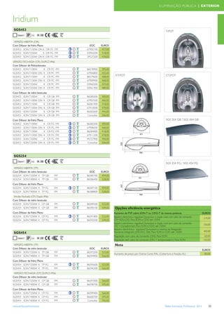 ILUMINAÇÃO PÚBLICA | EXTERIOR



Iridium
 SGS453                                                                                                            T-POT
                 66 IK 08

 VERSÃO ABERTA (OR)
Com Difusor de Vidro Plano                    EOC       EUROS
SGS453 SON T150W DN K OR FG FM              67905100     457,00
SGS453 SON T250W          K OR FG FM        03956500     418,00
SGS453 SON T250W DN K OR FG FM              39527200     478,00
VERSÃO FECHADA (CR) DUPLO IP66
Com Difusor de Policarbonato
SGS453 SON T100W          K CR PC      FM   86578900    395,00
SGS453 SON T100W DN K CR PC            FM   67906800    455,00
SGS453 SON T150W          K CR PC      FM   86579600    408,00
                                                                   XT-POT                                          CT-POT
SGS453 SON T150W DN K CR PC            FM   67909900    468,00
SGS453 SON T250W          K CR PC      FM   03960200    429,00
SGS453 SON T250W DN K CR PC            FM   03961900    489,00
Com Difusor de vidro lenticular
SGS453 SON T100W            K CR GB    FM   86580200    400,00
SGS453 SON T100W DN K CR GB            FM   67907500    460,00
SGS453 SON T150W            K CR GB    FM   86581900    418,00
SGS453 SON T150W DN K CR GB            FM   67910500    478,00
SGS453 SON T250W            K CR GB    FM   86582600    446,00
SGS453 SON T250W DN K CR GB            FM   Consultar   506,00
Com Difusor de Vidro Plano                                                                                         SGS 254 GB / SGS 454 GB
SGS453 SON T100W           K   CR FG   FM   86583300    400,00
SGS453 SON T100W DN K          CR FG   FM   67908200    460,00
SGS453 SON T150W           K   CR FG   FM   86584000    418,00
SGS453 SON T150W DN K          CR FG   FM   67911200    478,00
SGS453 SON T250W           K   CR FG   FM   95727900    446,00
SGS453 SON T250W DN K          CR FG   FM   Consultar   506,00
                                                                       320




 SGS254
                 66 IK 08
                                                                                                                   SGS 254 FG / SGS 454 FG
 VERSÃO ABERTA (TP)
Com Difusor de vidro lenticular               EOC       EUROS
SGS254 SON T250W K TP GB               FM   86585700     494,00
SGS254 SON T400W K TP GB               FM   86586400     528,00
Com Difusor de Vidro Plano
                                                                       247




SGS254 SON T250W K TP FG               FM   86587100    494,00
SGS254 SON T400W K TP FG               FM   86588800    528,00
 Versão Fechada (CP) Duplo IP66
Com Difusor de vidro lenticular
SGS254 SON T250W K CP GB               FM   86589500    522,00
SGS254 SON T400W K CP GB               FM   86590100    549,00     Opções eﬁciência energética
Com Difusor de Vidro Plano                                        Aumento de PVP sobre SON-T ou CDO-T da mesma potência                                EUROS
SGS254 SON T250W K CP FG               FM   86591800    522,00    Balastro electrónico regulável Dynavision e duplo nivel com cabo de comando
                                                                  (DV+SDU, D5). Para SON e CDO até 150W                                                 219,00
SGS254 SON T400W K CP FG               FM   86592500    549,00
                                                                  Balastro electrónico regulável Dynavision e duplo nivel sem cabo de comando           336,00
                                                                  (DV + Dynadimmer). Para SON e CDO até 150W
                                                                  Balastro electrónico regulável Dynavision e sistema de Telegestão
                                                                  Starsense Integrado (DV-OLC, D6). Para SON e CDO até 150W                             400,00
 SGS454
                                                                  Regulação com cabo de comando (DN). Para SON                                          60,00
                 66 IK 08                                         Regulação sem cabo de comando (DN + temporizadorr). Para SON                         150,00
 VERSÃO ABERTA (TP)                                                Nota
Com Difusor de vidro lenticular               EOC       EUROS
                                                                                                                                                       EUROS
SGS454 SON T250W K TP GB               FM   86593200     533,00
                                                                  Aumento de preço por Outras Cores RAL (Cobertura e ﬁxação, AL)                         80,00
SGS454 SON T400W K TP GB               FM   86594900     566,00
Com Difusor de Vidro Plano
SGS454 SON T250W K TP FG               FM   86595600    533,00
SGS454 SON T400W K TP FG               FM   86596300    566,00
 VERSÃO FECHADA (CP) DUPLO IP66
Com Difusor de vidro lenticular
SGS454 SON T250W K CP GB        FM          86597000    566,00
SGS454 SON T400W K CP GB        FM          86598700    595,00
Com Difusor de Vidro Plano
SGS454 SON T250W K CP FG               FM   86599400    566,00
SGS454 SON T400W K CP FG               FM   86600700    595,00
SGS454 SON T600W K CP FG               FM   Consultar   702,00

www.philips.pt/iluminacao                                                                                         Tabela Iluminação Proﬁssional 2012        53
 