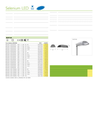EXTERIOR | ILUMINAÇÃO PÚBLICA
                                                                    EXTERIOR | ILUMINAÇÃO PÚBLICA


                                                                           Selenium LED                                                               NOVIDADE



                                                                            Luminária LED para iluminação rodoviária
                                                                                                                                                                           Eficácia do       Até 87 lm/W
                                                                           Materiais                        Corpos: Alumínio                                               sistema
                                                                                                            Difusor: Vidro plano temperado                                 Vida útil         50.000 horas
                                                                           Cor                              Cinza RAL7035
                                                                                                                                                                           Ópticas           LEDgine multicapa feixe médio (DM)
                                                                           Fonte de luz                     Módulos LEDgine                                                Difusor           Vidro plano
                                                                                                                                                                           Instalação        Em topo ou entrada lateral (48-60mm). Inclinação 0,5, 15º topo
                                                                            Equipamento Regulação programável (até 5 níveis, DDF, funcionalidade                                             0, -10, -15º entrada lateral
                                                                                        integrada no driver), regulação de cabeceira (D13) e telegestão
                                                                                        por rádio frequência (RF)                                                          Outras            Fotocélula
                                                                                                                                                                           opções
                                                                            Temperatura 4000K                                                                              disponíveis
                                                                            de cor
                                                                            Fluxo do    De 3202 a 9415lm
                                                                            sistema


                                                                            BGP340
                                                                                                                                                                                                                                BGP340
                                                                                                 Classe I   Classe II IK   08

                                                                           Con módulos LEDGINE                                                          EOC      EUROS
                                                                           BGP340 LED55S/640                          PSD       II   DM   FG   RF     06403900    670,00
                                                                           BGP340 LED55S/640                          PSR       II   DM   FG   D13    06353700    515,00
                                                                           BGP340 LED55S/640                          PSR       II   DM   FG   DDF1   06373500    525,00
                                                                           BGP340 LED55S/640                          PSR       II   DM   FG   LS-8   06542500    515,00
                                                                           BGP340 LED55S/640                          PSU       II   DM   FG          06348300    475,00
                                                                           BGP340 LED74S/640                          PSD       II   DM   FG   RF     06404600    690,00
                                                                           BGP340 LED74S/640                          PSR       II   DM   FG   D13    06354400    535,00
                                                                           BGP340 LED74S/640                          PSR       II   DM   FG   DDF1   06374200    545,00
                                                                           BGP340 LED74S/640                          PSR       II   DM   FG   LS-8   06543200    535,00
                                                                           BGP340 LED74S/640                          PSU       II   DM   FG          06349000    495,00
                                                                           BGP340 LED92S/640                          PSD       II   DM   FG   RF     06405300    740,00
                                                                           BGP340 LED92S/640                          PSR       II   DM   FG   D13    06355100    585,00
                                                                           BGP340 LED92S/640                          PSR       II   DM   FG   DDF1   06375900    595,00
                                                                           BGP340 LED92S/640                          PSR       II   DM   FG   LS-8   06544900    585,00   Opções de eficiência energética
                                                                           BGP340 LED92S/640                          PSU       II   DM   FG          06350600    545,00   Aumento de PVP sobre versões em tabela                                          EUROS
                                                                           BGP340 LED110S/640                         PSD       II   DM   FG   RF     06406000    770,00
                                                                                                                                                                           Equipamento electrónico com regulação programável até 5 passos (DDF)
                                                                           BGP340 LED110S/640                         PSR       II   DM   FG   D13    06356800    615,00                                                                                     50,00
                                                                                                                                                                           Equipamento electrónico para regulação em cabeceira (D13)
                                                                           BGP340 LED110S/640                         PSR       II   DM   FG   DDF1   06376600    625,00                                                                                     40,00
                                                                           BGP340 LED110S/640                         PSR       II   DM   FG   LS-8   06545600    615,00   Equipamento electrónico e sistema de telegestão por radio frequência (RF)        195,00          DA   D
                                                                                                                                                                                                                                                                       NOVE

                                                                           BGP340 LED110S/640                         PSU       II   DM   FG          06351300    575,00   Equipamento electrónico duplo nível LumiStep                                      40,00
                                                                           55S/640, 55:00:00, 5500 lm, 640:00:00, IRC>60, 4000K




                                                                           www.philips.pt/iluminacao                                                                                                                      Tabela Iluminação Profissional 2012   56/1



                                                                   DDDRL      LDDMCPIO
aPLIPMMDPMCRCPPPCCRLORLMPPOPIPLUMCCDOCCPOCDDLLDDDDDLIDDRIPPLLD
                                                                              MMCCRLMLDRDDDRCD
 