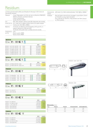 ILUMINAÇÃO PÚBLICA | EXTERIOR



Residium
Luminária para iluminação pública para lâmpadas de descarga e LED. Custos de      Consumo do    LED: entre 12 e 34W conforme Versões 1100, 1800 ou 3000lm
manutenção reduzidos                                                              sistema
Materiais         Corpo: Polipropileno com ﬁbra de vidro ou Alumínio (F/BGS425)   Instalação    Peça de ﬁxação reversível para montagem a poste 60mm (76mm
                  Reﬂector: Alumínio anodizado (laterais).                                      em FGS225) ou braço lateral 42-60mm.
                  Difusor: Policarbonato                                                        Para as Versões em Alumínio a Peça ﬂexível é de 34mm (braço)
                  Junção: Alumínio Fundido                                                      ou 76mm (poste).
Cor               RAL 7035 standard. Outras Cores RAL disponíveis sob consulta.
Fonte de Luz      PL-L 24W, 36, 55 e 80W e SOX/e 35W, 36, 55, 66W, módulos
                  Fortimo de 1100, 1800 e 3000lm
Balastros         Fornecido com Balastros de alta frequência (HF) para PL-L e
                  balastros electrónicos (EB) para SOX.
                  As Versões LED podem levar LumiStep (LS) sob consulta.
Temperatura       LED:
de Cor            Branco quente, 3000K
                  Branco neutro, 4000K



 BGS425
    Classe I      66

                                                               EOC      EUROS
BGS425      LLM1100-12W/740       GR   34/76                 87590000    400,00
BGS425      LLM1100-14W/730       GR   34/76                 87593100    413,00
BGS425      LLM1800-21W/740       GR   34/76                 87596200    422,00
BGS425      LLM1800-23W/730       GR   34/76                 87599300    435,00
BGS425      LLM3000-33W/740       GR   34/76                 87785000    474,00
BGS425      LLM3000-34W/730       GR   34/76                 87788100    488,00


 BGS224
    Classe I      65
                                                                                                                         FGS223 / 224 / 225 / 425
                                                               EOC      EUROS
BGS224 LLM1800-24W/730 42/60                                 29702700    326,00
BGS224 LLM1800-24W/730 42/60 LS-8                            29703400    366,00


 FGS425
    Classe I      66

                                                               EOC      EUROS
FGS425      PL-L80W/830     HFP   GR   34/76                 87602000    370,00
FGS425      PL-L55W/830     HFP   GR   34/76                 87572600    370,00
FGS425      PL-L36W/830     HFP   GR   34/76                 87575700    370,00
FGS425      PL-L24W/830     HFP   GR   34/76                 87578800    370,00

                                                                                                                         BGS224 / 425
 FGS223
    Classe I      65

                                                               EOC      EUROS
FGS223 PL-L24W HF                                            15018500    253,00
FGS223 SOX-35W EB                                            15022200    289,00


 FGS224
    Classe I      65

                                                               EOC      EUROS
FGS224      PL-L36W HF                                       15024600    261,00
FGS224      PL-L36W HF DN                                    15025300    338,00
FGS224      2 x PL-L36W HF                                   03922000    338,00   Dimensões (mm)
FGS224      SOX-E36W EB                                      15028400    305,00   Tipo         FGS223          FGS224       FGS225/FGS425       BGS224/BGS425
FGS224      SOX-E55W EB                                      15030700    317,00   A             182             182              183                 182
                                                                                  B             659             752              908                 752
 FGS225                                                                           C             235             235              250                 235

    Classe I      65

                                                               EOC      EUROS
FGS225      PL-L55W HF                                       54745900    326,00
FGS225      PL-L80W HF                                       54744200    326,00
FGS225      PL-L55W HF DN                                    54746600    403,00
FGS225      SOX-E66W EB                                      54747300    419,00


www.philips.pt/iluminacao                                                                                               Tabela Iluminação Proﬁssional 2012   57
 