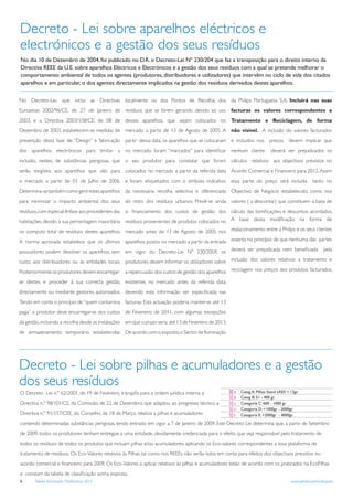Decreto - Lei sobre aparelhos eléctricos e
electrónicos e a gestão dos seus resíduos
No dia 10 de Dezembro de 2004, foi publicado no D.R. o Decreto-Lei Nº 230/204 que faz a transposição para o direito interno da
Directiva REEE da U.E. sobre aparelhos Eléctricos e Electrónicos e a gestão dos seus resíduos com a qual se pretende melhorar o
comportamento ambiental de todos os agentes (produtores, distribuidores e utilizadores) que intervêm no ciclo de vida dos citados
aparelhos e em particular, o dos agentes directamente implicados na gestão dos resíduos derivados destes aparelhos.

No Decreto-Lei, que inclui as Directivas localmente ou dos Pontos de Recolha, dos da Philips Portuguesa S.A. Incluirá nas suas
Europeias 2002/96/CE, de 27 de Janeiro de resíduos que se forem gerando devido ao uso facturas os valores correspondentes a
2003, e a Directiva 2003/108/CE, de 08 de desses aparelhos, que sejam colocados no Tratamento e Reciclagem, de forma
Dezembro de 2003, estabelecem-se medidas de mercado a partir de 13 de Agosto de 2005. A não visível. A inclusão do valores facturados
prevenção desta fase de “Design” e fabricação partir dessa data, os aparelhos que se colocaram e incluidos nos           preços      devem implicar que
dos aparelhos electrónicos para limitar a no mercado foram “marcados” para identiﬁcar nenhum cliente                      deverá ver prejudicados os
inclusão, nestes, de substâncias perigosas, que o seu produtor para constatar que foram cálculos relativos aos objectivos previstos no
serão exigíveis aos aparelhos que vão para colocados no mercado a partir da referida data Acordo Comercial e Financeiro para 2012. Assim
o mercado a partir de 01 de Julho de 2006. e foram etiquetados com o símbolo indicativo essa parte do preço será incluida                         tanto no
Determina-se também como gerir estes aparelhos da necessária recolha selectiva e diferenciada Objectivo de Negócio estabelecido, como nos
para minimizar o impacto ambiental dos seus do resto dos resíduos urbanos. Prevê-se ainda valores ( a descontar) que constituem a base de
resíduos, com especial ênfase aos procedentes das o ﬁnanciamento dos custos de gestão dos cálculo das boniﬁcações e descontos acordados.
habitações, devido à sua percentagem maioritária resíduos provenientes de produtos colocados no A base desta modiﬁcação na forma de
no computo total de resíduos destes aparelhos. mercado antes de 13 de Agosto de 2005; nos realacionamento entre a Philips e os seus clientes
A norma aprovada estabelece que os últimos aparelhos postos no mercado a partir da entrada assenta no princípio de que nenhuma das partes
possuidores podem devolver os aparelhos, sem em vigor do Decreto-Lei Nº 230/2004, os deverá ser prejudicada nem beneﬁciada pela
custo, aos distribuidores ou às entidades locais. produtores devem informar os utilizadores sobre inclusão dos valores relativos a tratamento e
Posteriormente os produtores devem encarregar- a repercussão dos custos de gestão dos aparelhos reciclagem nos preços dos produtos facturados.
se destes, e proceder à sua correcta gestão, existentes no mercado antes da referida data,
directamente ou mediante gestores autorizados. devendo esta informação ser especiﬁcada nas
Tendo em conta o princípio de “quem contamina facturas. Esta actuação poderia manter-se até 13
paga” o produtor deve encarregar-se dos custos de Fevereiro de 2011, com algumas excepções
da gestão, incluindo a recolha desde as instalações em que o prazo seria até 13 de Fevereiro de 2013.
de armazenamento temporário estabelecidas De acordo com o exposto, o Sector de Iluminação




Decreto - Lei sobre pilhas e acumuladores e a gestão
dos seus resíduos
O Decreto -Lei n.º 62/2001, de 19 de Fevereiro, transpôs para a ordem jurídica interna a                 Categ A: Pilhas Stand LR03 = 12gr.
                                                                                                         Categ B: 51 - 400 gr.
Directiva n.º 98/101/CE, da Comissão, de 22 de Dezembro, que adaptou ao progresso técnico a              Categoria C: 600 - 1000 gr.
                                                                                                         Categoria D: >1000gr - 2000gr.
Directiva n.º 91/157/CEE, do Conselho, de 18 de Março, relativa a pilhas e acumuladores                  Categoria E: >2000gr - 4000gr.

contendo determinadas substâncias perigosas, tendo entrado em vigor a 7 de Janeiro de 2009. Este Decreto Lei determina que, a partir de Setembro
de 2009, todos os produtores tenham entregue a uma entidade, devidamente credenciada para o efeito, que seja responsável pelo tratamento de
todos os resíduos de todos os produtos que incluam pilhas e/ou acumuladores, aplicando os Eco-valores correspondentes a essa plataforma de
tratamento de resíduos. Os Eco-Valores relativos às Pilhas, tal como nos REEEs não serão tidos em conta para efeitos dos objectivos previstos no
acordo comercial e ﬁnanceiro para 2009. Os Eco-Valores a aplicar, relativos às pilhas e acumuladores estão de acordo com os praticados na EcoPilhas
e constam da tabela de classiﬁcação acima exposta.
6      Tabela Iluminação Profissional 2012                                                                                            www.philips.pt/iluminacao
 