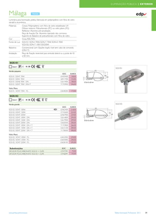 ILUMINAÇÃO PÚBLICA | EXTERIOR



Málaga                                                                                                                      ✔
Luminária para iluminação pública fabricada em polipropileno com ﬁbra de vidro
versátil e económica.
Materiais        Corpo: Polipropileno com ﬁbra de vidro estabilizado UV
                 Difusor exterior: Policarbonato (PC) ou vidro plano (FG)
                 Reﬂector: Alumínio pré-anodizado.
                 Peça de ﬁxação: De Alumínio injectado não corrosivo.
                 Suporte do Balastro: de policarbonato com ﬁbra de vidro.
Cor              Cinza RAL7035
Fonte de Luz     SGS101: SON-I 70W, SON-T 70W, SON-E 70W
                 SGS102: SON-T 100/150/250W
Balastros        Convencional com Opções duplo nivel sem cabo de comando
                 (DN+T)
Instalação       Peça de ﬁxação reversível para entrada lateral ou a poste de 42
                 a 60 mm.


 SGS101
                 65 IK 08
                                                                                        SGS101
Versão pequena
                                                                 EOC       EUROS
SGS101   SONT 70W                                              63459400     158,00
SGS101   SONI 70W                                              26917700     153,00
SGS101   SONE 70W DN                                           52614400     188,00
SGS101   SONT 70W DN+T                                         71743900     246,00

Vidro Plano
SGS101 SONT 70W FG                                             63648200    173,00

 SGS102
                 65 IK 08

Versão grande                                                                           SGS102
                                                                 EOC       EUROS
SGS102   SONT 100W                                             63462400     218,00
SGS102   SONT 150W                                             27102600     224,00
SGS102   SONT 250W                                             63467900     229,00
SGS102   SONT 100W      DN                                     52616800     294,00
SGS102   SONT 150W      DN                                     52619900     299,00
SGS102   SONT 250W      DN                                     52620500     300,00
SGS102   SONT 100W      DN + T                                 71737800     366,00
SGS102   SONT 150W      DN + T                                 52615100     384,00
SGS102   SONT 250W      DN + T                                 71738500     400,00

Vidro Plano
SGS102 SONT 100W FG                                            63652900    234,00
SGS102 SONT 150W FG                                            63655000    240,00
SGS102 SONT 250W FG                                            63658100    245,00


 Substituições                                                  EOC       EUROS
DIFUSOR POLICARBONATO SGS101 + CLIPS                          13747799      75,00
DIFUSOR POLICARBONATO SGS102 + CLIPS                          13746099     135,00




www.philips.pt/iluminacao                                                              Tabela Iluminação Proﬁssional 2012   59
 