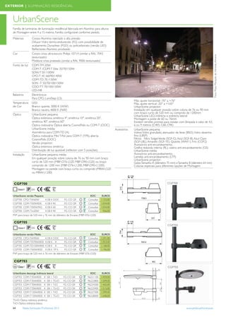 EXTERIOR | ILUMINAÇÃO RESIDÊNCIAL



   UrbanScene
   Família de luminárias de iluminação residêncial fabricada em Alumínio para alturas
   de Montagem entre 4 a 15 metros. Família conﬁgurável conforme pedido.
   Materiais          Corpo: Alumínio injectado a alta pressão
                      Difusor: Vidro termo-endurecido (FG) com possibilidade de
                      acabamento Dynaclean (FGD) ou policarbonato (versão LED)
                      Reﬂectores: Alumínio anodizado
   Cor                Corpo: cinza ultra-escuro Philips 10714 (similar a RAL 7043




                                                                                                                                                                              Foto: Plaza Marqués de Hereida, Almería
                      texturizado)
                      Moldura: cinza prateado (similar a RAL 9006 texturizado)
   Fonte de luz       CDM-TM 20W
                      CDM-T /CDM-T Elite 35/70/150W
                      SDW-T 50 /100W
                      CPO-T 45 /60/90/140W
                      CDM-TD 70 /150W
                      SON -T 50/70/100/150W
                      CDO-TT 70/100/150W
                      LED-HB
   Balastros          Electrónicos
                      Para CPO, LumiStep (LS)
                                                                                                        Máx. ajuste horizontal: -76° a +76º
   Temperatura        LED:                                                                              Máx. ajuste vertical: -20° a +165º
   de Cor             Branco quente, 3000 K (WW)                                                        UrbanScene projector:
                      Branco neutro, 4000 K (NW)                                                        Instalação em qualquer posição sobre coluna de 76 ou 90 mm
                                                                                                        com braço curto de 520 mm ou comprido de 1200mm
   Óptica             UrbanScene pequena:                                                               UrbanScene LED, indirecta e indirecta lateral:
                      Óptica extensiva: simétrica 4°, simétrica 10°, simétrica 20°,                     Montagem a poste de 60 ou 76mm
                      simétrica 40°, simétrica 60°                                                      Existem versões prontas para instalar com lâmpada e cabo de 4.5,
                      Óptica rodoviária: Óptica aberta CosmoPolis ou CDM-T (OOC)                        6 ou 9 metros (C4K5, C6K, C9K)
                      UrbanScene média:                                                    Acessórios   UrbanScene pequena:
                      Assimétrica para CDM-TD (A)                                                       Vidros: Vidro granulado, atenuador de feixe (BSO), Vidro desenho
                      Óptica rodoviária: Mini T-Pot para CDM-T (TPS), aberta                            ﬁno (LBSP)
                      CosmoPolis (OOC)                                                                  Filtros: Filtro Solgel Verde (SGF-G), Azul (SGF-B), Azul Claro
                      Versão projector:                                                                 (SGF-LBL), Amarelo (SGF-YE). Quente (WAF1), Frio (COF2)
                                                                                                        Acessórios anti-encandeamento:
                      Óptica extensiva simétrica                                                        Grelha redonda interna (RL), viseira anti-encandeamento (GS)
                      Distribuição de luz ajustável (reﬂector com 5 posições)                           UrbanScene média:
   Instalação         UrbanScene pequena, média:                                                        Acessórios anti-encandeamento:
                      Em qualquer posição sobre coluna de 76 ou 90 mm com braço                         Lamelas anti-encandeamento (LTP)
                                                                                                        UrbanScene projector:
                      curto de 520 mm (MBP-D76-L520, MBP-D90-L520) ou braço                             Gobo:Tamanho A (diâmetro 75 mm) e Tamanho B (diâmetro 64 mm)
                      comprido de 1200 mm (MBP-D76-L1200, MBP-D90-L1200)                                Colunas especiais para diferentes opções de Montagem
                      Montagem na parede com braço curto ou comprido (MBW-L520
                      ou MBW-L1200)


    CGP700                                                                                                                         CGP700



   UrbanScene versão Pequena                                         EOC       EUROS
   CGP700 CPO-TW60W                K EB II OOC     FG CO GR         Consultar 1.152,00
   CGP700 CDM-TI50W830             K EB II 40      FG CO GR         Consultar 1.034,00
   CGP700 CDM-TI50W/942            K EB II 60      FG CO GR         Consultar 1.034,00
   CGP700 CDM-Tm20W                K EB II 40      FG CO GR         Consultar   926,00
   PVP para braço de 520 mm y 76 mm de diâmetro de Encaixe (MBP-076-L520)

    CGP705
                                                                                                                                   CGP705


   UrbanScene versão Média                                           EOC         EUROS
   CGP705 CPO-TW90W                K EB II OOC     FG CO GR         Consultar   1.291,00
   CGP705 CDM-TD70W/830            K EB II A       FG CO GR         Consultar   1.053,00
   CGP705 CDM-TD150W/830           K EB II A       FG CO GR         Consultar   1.168,00
   CGP705 CDM-TI50W/830            K EB II TP-S    FG CO GR         Consultar   1.196,00
   PVP para braço de 520 mm e 76 mm de diâmetro de Encaixe (MBP-076-L520)

    CGP703                                            Disponível até Setembro de 2012

         Classe I                                                                                                                  CGP703
   UrbanScene descarga Indirecta lateral                              EOC        EUROS
   CGP703 CDM-T35W/830 K EB I T-IO                 FG CO GR         96221100    1.459,00
   CGP703 CDM-T35W/830 K EB I TS-IO                FG CO GR         96222800    1.509,00
   CGP703 CDM-T70W/830 K EB I T-IO                 FG CO GR         96224200    1.465,00
   CGP703 CDM-T70W/830 K EB I TS-IO                FG CO GR         96225900    1.515,00
   CGP703 CDM-T150W/830 K EB I T-IO                FG CO GR         96227300    1.599,00
   CGP703 CDM-T150W/830 K EB I TS-IO               FG CO GR         96228000    1.648,00
   TS-IO: Óptica indirecta simétrica.
   T-IO: Óptica indirecta básica.
   64         Tabela Iluminação Proﬁssional 2012                                                                                                  www.philips.pt/iluminacao
 