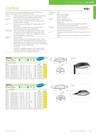 ILUMINAÇÃO RESIDÊNCIAL | EXTERIOR



CitySoul                                                                                                                                                                         ✔
Família de luminárias para iluminação residêncial de Alumínio fundido para                         Temperatura   LED:
lâmpadas de descarga e módulos LED. Fácil manutenção                                               de Cor        Branco quente, 3000 K
Versões             LED: EconomyLine (530 mA) para um Fluxo luminoso máximo                                      Branco neutro, 4000 K
                    GreenLine (350 mA) para uma eﬁcácia (lm/W) máxima                                            Branco Frio, 5700 K
Materiais           Corpo, moldura e acesso lateral Alumínio fundido                               Ópticas       Óptica Cosmopolis (OC)
                    Dissipador de calor (versões LED): Alumínio injectado a alta                                 Óptica CT-POT facetada (OR)
                    pressão, resistente à corrosão.                                                              Versões LED:
Cor                 Corpo: Cinza ultra-escuro Philips 10714 (similar a RAL 7043                                  LEDgine multicapa: estreita (DN), média (DM), larga (DW),
                    texturizado)                                                                                 conforto(DC) e pavimento húmido (DK)
                    Moldura: Cinza prateado (similar a RAL 9006 texturizado)                       Instalação    Montagem post-top invertido (5º) ou invertido ajustável por
                    Difusor: Vidro plano (FG) ou policarbonato (PC)                                              meio de rótula de 60 ou 76 mm, lateral de 42 ou 60 mm (0º) ou
Fonte de luz        SON-T 50/ 70/ 100/ 150/ 250W; CDO-TT 70/ 100/ 150W/                                          suspensa com tubo de 34 mm.
                    250W; CDM-T 70/ 150/ 250W; CDM-TMW 210W; CPO-T                                 Scx           Montagem post-top e Difusor PC: 0,015 m2 frontal e 0,073 m2
                    45/ 60/ 90/ 140W; PL-T 32/42W; PL-H 60/85W; QL 55/ 85W;                                      lateral
                    módulos LEDgine até 21100 lúmenes                                                            Entrada lateral e Difusor Vidro plano: 0,013 m2 frontal e 0,053 m2
Balastros           Versão descarga:                                                                             lateral
                    Balastros convencionais com opções duplo nivel com cabo de
                    comando (DN) ou temporizador (DN+T) ou Electrónicos com
                    opções duplo nivel com cabo de comando (D5), Dynadimmer
                    (DD), LumiStep (LS) ou telegestão (D6). Consultar disponibilidade
                    com Balastros DynaVision Xtreme DALI
                    Versão LED:
                    Lumistep (LS), regulação programável (até 5 passos),cabo de
                    comando com SDU (D5), regulação cabeceira de linha (D13),
                    1-10V (D7), DALI (D9) e telegestão (D6 ou D8).




 BGP430                                                                         I DA
                                                                                       DE
                                                                         N OV
      Classe I                            08
 MiniCitySoul LEDGINE
Tipo                                                                      EOC       EUROS
BGP430 ECO35-2S/830 II DW CO GR 76P                                     34782800     764,00
BGP430 GRN49-2S/740 II DW CO GR 76P                                     34762000     904,00
BGP430 GRN48-2S/830 II DW CO GR 76P                                     34768200     930,00
BGP430 GRN59-2S/740 II DM CO GR 60S                                     34757600     930,00
BGP430 GRN68-2S/740 II DM CO GR 60S                                     34758300     981,00
BGP430 GRN68-2S/740 II DM CO GR LS-6-50                                 34770500 1.021,00
BGP430 GRN56-2S/830 II DC CO GR LS-6-50                                 34773600 1.021,00
BGP430 ECO58-2S/830 II DC CO GR LS-6-50                                 34774300     940,00
ECO35 - 2S/830: ECO: EconomyLine, 35: 3500 lm, 2S: 2ª geração, 830      IRC>80, 3000 K




 BGP431                                                                            DE
                                                                              I DA
                                                                         N OV
      Classe I                            08
 CitySoul    LEDGINE
Tipo                                                                        EOC         EUROS
BGP431        GRN64-2S/830 II DW AL              GR 76P                   34747700      1.164,00
BGP431        GRN78-2S/740 II DW AL              GR 76P                   34748400      1.164,00
BGP431        GRN80-2S/830 II DW AL              GR 76P                   34744600      1.236,00
BGP431        ECO81-2S/830 II DW AL              GR 76P                   34745300      1.138,00
BGP431        GRN88-2S/740 II DM CO              GR 60S                   34727900      1.206,00
BGP431        ECO93-2S/830 II DC CO              GR LS-6-50               34743900      1.165,00
BGP431        GRN96-2S/830 II DC CO              GR LS-6-50               34742200      1.497,00
BGP431        GRN98-2S/740 II DM CO              GR 60S                   34728600      1.236,00
BGP431        GRN117-2S/740 II DM CO             GR 60S                   34729300      1.453,00
BGP431        GRN117-2S/740 II DM CO             GR LS-6-50               34739200      1.493,00
GRN64 -      2S/830: GRN: GreenLine, 64: 6400   lm, 2S: 2ª geração, 830 IRC>80, 3000   K




www.philips.pt/iluminacao                                                                                                                   Tabela Iluminação Proﬁssional 2012   67
 