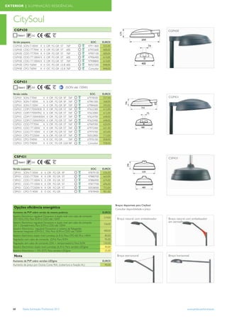 EXTERIOR | ILUMINAÇÃO RESIDÊNCIAL



   CitySoul
    CGP430
                    66

   Versão pequena                                                              EOC       EUROS
   CGP430 SON-T100W K            II    OR    FG GR   ST       76P            47911800     555,00
   CGP430 CDO-TT70W K            II    OR    FG GR   ST       60S            67955600     600,00
   CGP430 CDO-TT70W K            II    OR    FG GR   ST       76P            47907100     600,00
   CGP430 CDO-TT100W K           II    OR    FG GR   ST       60S            47906400     610,00
   CGP430 CDO-TT100W K           II    OR    FG GR   ST       76P            47908800     610,00
   CGP430 CPO-T60W   K           II    OC    FG GR   LS-8     60S            96927200     848,00
   CGP430 CPO-T60W   K           II    OC    FG GR   LS-8     76P            Consultar    848,00




    CGP431
                    66                                      (SON até 150W)

   Versão média                                                            EOC           EUROS
   CGP431 SON-T70W      K              II   OR   FG GR   SP   76P        67978500         557,00                                       CGP431
   CGP431 SON-T100W     K              II   OR   FG GR   SP   76P        67981500         568,00
   CGP431 SON-T150W     K              II   OR   FG GR   SP   76P        67984600         593,00
   CGP431 CDM-T70W/830 K               II   OR   FG GR   ST   76P        47622300         612,00
   CGP431 CDM-T70W/942 K               II   OR   FG GR   ST   76P        47623000         612,00
   CGP431 CDM-T150W/830 K              II   OR   FG GR   ST   76P        47624700         648,00
   CGP431 CDM-T150W/942 K              II   OR   FG GR   ST   76P        47625400         648,00
   CGP431 CDO-TT70W     K              II   OR   FG GR   ST   76P        67969300         620,00
   CGP431 CDO-TT100W K                 II   OR   FG GR   ST   76P        67972300         631,00
   CGP431 CDO-TT150W K                 II   OR   FG GR   ST   76P        67974700         653,00
   CGP431 CPO-TT250W    K              II   OR   FG GR   ST   76P        50552800         713,00
   CGP431 CPO-TI40W     K              II   OC   FG GR        76P        67976100         858,00
   CGP431 CPO-TI40W     K              II   OC   FG GR   LS-8 76P        Consultar        938,00




    CSP431                                                                                                                             CSP431
                    66

   Versão suspensa                                                             EOC       EUROS
   CSP431 SON-T150W          K    II   OR    FG GR    SP                     47879100     636,00
   CSP431 CDO-TT70W          K    II   OR    FG GR    ST                     47880700     663,00
   CSP431 CDO-TT100W         K    II   OR    FG GR    ST                     47886900     674,00
   CSP431 CDO-TT150W         K    II   OR    FG GR    ST                     47877700     696,00
   CSP431 CDO-TT250W         K    II   OR    FG GR    ST                     50558000     753,00
   CSP431 CPO-T140W          K    II   OC    FG GR                           47878400     901,00




                                                                                                   Braços disponíveis para CitySoul
    Opções eﬁciência energética                                                                    Consultar disponibilidade e preço
   Aumento de PVP sobre versão da mesma potência                                         EUROS
   Balastro Electrónico regulável Dynavision e duplo nivel com cabo de comando
   (DV+SDU, D5). Para SON e CDO até 150W                                                  219,00    Braço natural com embelezador      Braço natural com embelezador
   Balastro Electrónico regulável Dynavision e duplo nivel sem cabo de comando                                                         em vermelho
                                                                                          336,00
   (DV + Dynadimmer). Para SON e CDO até 150W
   Balastro Electrónico regulável Dynavision e sistema de Telegestão
   Starsense Integrado (DV-OLC, D6). Para SON e CDO até 150W                              400,00
   Balastro Electrónico duplo nivel Lumistep (6, 8 h). Para CPO 60, 90 e 140W             80,00
   Regulação com cabo de comando (DN). Para SON                                           95,00
   Regulação sem cabo de comando (DN + temporizadorr). Para SON                          150,00
   Balastro Electrónico duplo nivel Lumistep (6, 8 h). Para versões LEDgine               40,00
   Balastro Electrónico 1-10V (D7). Para versões LEDgine                                  25,00

    Nota                                                                                            Braço estructural                  Braço horizontal
   Aumento de PVP sobre versões LEDgine                                                  EUROS
   Aumento de preço por Outras Cores RAL (cobertura e ﬁxação AL)                           90,00




   68      Tabela Iluminação Proﬁssional 2012                                                                                                        www.philips.pt/iluminacao
 