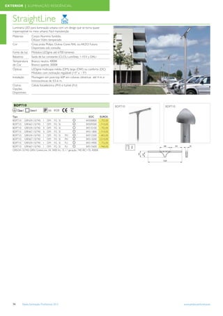 EXTERIOR | ILUMINAÇÃO RESIDÊNCIAL



   StraightLine
   Luminária LED para iluminação urbana com um design que se torna quase
   imperceptível no meio urbano. Fácil manutenção
   Materiais          Corpo: Alumínio fundido.
                      Difusor: Vidro temperado
   Cor                Cinza prata Philips. Outras Cores RAL ou AKZO Futura
                      Disponíveis sob consulta
   Fonte de luz       Módulos LEDgine até 6700 lúmenes
   Balastros          Saida de luz constante (CLO), LumiStep, 1-10 V y DALI
   Temperatura        Branco neutro, 4000K
   de Cor             Branco quente, 3000K
   Ópticas            LEDgine multicapa: média (DM), larga (DW) ou conforto (DC)
                      Módulos com inclinação regulável (+5º a - 5º)
   Instalação         Montagem em post-top 60P em colunas cilíndricas até 4 m. e
                      troncocónicas de 4.5-6 m.
   Outras             Célula fotoeléctrica (PH) e fuzível (FU)
   Opções
   Disponíveis



    BDP710                                                                                     BDP710   BDP710
         Classe I                     66      08

   Tipo                                                                  EOC        EUROS
   BDP710 GRN34-1S/740 I DM FG SI                                      84508800     1.702,00
   BDP710 GRN67-1S/740 I DM FG SI                                      84509500     1.910,00
   BDP710 GRN34-1S/740 II DM FG SI                                     84510100     1.702,00
   BDP710 GRN67-1S/740 II DM FG SI                                     84511800     1.910,00
   BDP710 GRN34-1S/740 I DM FG SI                PH                    84512500     1.802,00
   BDP710 GRN67-1S/740 I DM FG SI                PH                    84513200     2.010,00
   BDP710 GRN34-1S/740 I DM FG SI                FU                    84514900     1.752,00
   BDP710 GRN67-1S/740 I DM FG SI                FU                    84515600     1.960,00
   GRN34-1S/740: GRN: GreenLine, 34: 3400 lm, 1S: 1.ª geração, 740: IRC>70, 4000K




   74         Tabela Iluminação Proﬁssional 2012                                                                 www.philips.pt/iluminacao
 