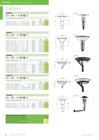 EXTERIOR | ILUMINAÇÃO RESIDÊNCIAL



   CitySpirit
    CDS462                                                                        CDS462
                     65 IK 09
    CitySpirit descarga Lanterna Moderna
                                                             EOC        EUROS
   CDS462 SON-T70W               K II LO-D/I    60P        72966400      435,00
   CDS462 CPO-TW45W              K II LO-D/I EB 60P        72978700      674,00
   CDS462 CPO-TW60W              K II LO-D/I EB 60P        72981700      682,00




    CDS470
                     65 IK 09                                                     CDS470

    CitySpirit descarga Cone
                                                             EOC        EUROS
   CDS470    SON-T70W            K   II   TS-IO      60P   29120900      535,00
   CDS470    SON-T150W           K   II   LO         60P   72657100      537,00
   CDS470    CDO-TT70W           K   II   TS-IO      60P   29121600      591,00
   CDS470    CDO-TT100W          K   II   LO         60P   72658800      598,00
   CDS470    CDO-TT150W          K   II   LO         60P   72659500      598,00
   CDS470    CPO-TW60W           K   II   TS-IO EB   60P   29045500      782,00
   CDS470    CPO-TW60W           K   II   TB-IO EB   60P   29048600      783,00


    CDS480                                                                        CDS480
                     65 IK 09
    CitySpirit descarga Street
                                                             EOC        EUROS
   CDS480    CDM-T150W               II   CR   60P         72689200      723,00
   CDS480    SON-T100W           K   II   OR   60P         72685400      713,00
   CDS480    SON-T150W           K   II   OR   60P         72686100      729,00
   CDS480    CDO-TT100W          K   II   OR   60P         72687800      797,00
   CDS480    CDO-TT150W          K   II   OR   60P         72688500      797,00
   CDS480    CDO-TT150W          K   II   OR   76P C4K5     consultar    917,00

    CDS482                                                                        CDS482
                     65 IK 09
    CitySpirit descarga StreetColour
                                                             EOC     EUROS
   CDS482    CDM-T70W/830 K          II              60P   29374600   722,00
   CDS482    CDM-T70W/830 K          II   C6K        76P   29375300   860,00
   CDS482    CPO-TW60W K             II   LED-LXN EB 60P   29398200 Consultar
   CDS482    CPO-TW60W K             II   LED-LXN EB 76P   29399900 Consultar




    CWS464                                                                        CWS464
                     65 IK 09
    CitySpirit descarga Aplique Mural
                                                             EOC        EUROS
   CWS464 SON-T70W               K II     TA-IO    60P     29127800      488,00
   CWS464 CDO-TT70W              K II     TA-IO    60P     29128500      544,00
   CWS464 CPO-TW90W              K II     TA-IO EB 60P     29126100      814,00




    Opções eﬁciência energética
   Aumento de PVP sobre versões LEDGINE                                 EUROS
   Balastro Electrónico duplo nivel LumiStep (6, 8h)                      40,00
   Balastro Electrónico DALI (D9)                                         25,00
   Balastro Electrónico e sistema de telegestão (D8)                     240,00




   80       Tabela Iluminação Proﬁssional 2012                                             www.philips.pt/iluminacao
 