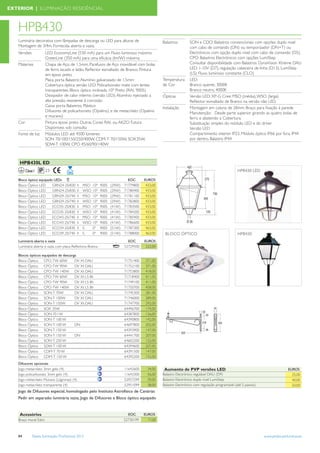 EXTERIOR | ILUMINAÇÃO RESIDÊNCIAL



   HPB430
   Luminária decorativa com lâmpadas de descarga ou LED para alturas de                          Balastros        SON e CDO: Balastros convencionais com opções duplo nivel
   Montagem de 3/4m. Fornecida aberta e vazia.                                                                    com cabo de comando (DN) ou temporizador (DN+T) ou
   Versões            LED: EconomyLine (530 mA) para um Fluxo luminoso máximo                                     Electrónicos com opção duplo nivel com cabo de comando (D5).
                      GreenLine (350 mA) para uma eﬁcácia (lm/W) máxima                                           CPO: Balastros Electrónicos com opções LumiStep
   Materiais          Chapa de Aço de 1,5mm. Parafusos de Aço inoxidável com bolas                                Consultar disponibilidade com Balastros DynaVision Xtreme DALI
                      de ferro lacado e latão. Reﬂector esmaltado de Branco. Pintura                              LED: 1-10V (D7), regulação cabeceira de linha (D13), LumiStep
                      em epoxi preto.                                                                             (LS), Fluxo luminoso constante (CLO)
                      Placa porta Balastro: Alumínio galvanizado de 1,5mm                        Temperatura      LED:
                      Cobertura óptica versão LED: Policarbonato mate com lentes                 de Cor           Branco quente, 3000K
                      transparentes. Bloco óptico inclinado 10º Preto (RAL 9005)                                  Branco neutro, 4000K
                      Dissipador de calor interno (versão LED): Alumínio injectado a             Ópticas          Versão LED: XP-G Cree: MSO (média), WSO (larga)
                      alta pressão, resistente à corrosão                                                         Reﬂector esmaltado de Branco na versão não LED.
                      Caixa porta Balastros: Plástico                                            Instalação       Montagem em coluna de 28mm. Braço para ﬁxação à parede
                      Difusores de policarbonato (Opalino), e de metacrilato (Opalino                             Manutenção: Desde parte superior girando as quatro bolas de
                      e murano)                                                                                   ferro e abatendo a Cobertura.
   Cor                Pintura epoxi preto. Outras Cores RAL ou AKZO Futura                                        Substituição simples do módulo LED e do driver
                      Disponíveis sob consulta                                                                    Versão LED
   Fonte de luz       Módulos LED até 4500 lúmenes                                                                Compartimento interior IP23. Módulo óptico IP66 por fora, IP44
                      SON 70/100/150/250/400W, CDM-T 70/150W, SOX35W,                                             por dentro. Balastro IP44
                      SDW-T 100W, CPO 45/60/90/140W



    HPB430L ED
         Classe I     23                                                                                                                          HPB430 LED

   Bloco óptico equipado LEDs                                                 EOC      EUROS
   Bloco Óptico LED     GRN24-2S/830        II   MSO   10°   9005   (29W)   71779800    433,00
   Bloco Óptico LED     GRN24-2S/830        II   WSO   10°   9005   (29W)   71780400    433,00
   Bloco Óptico LED     GRN29-2S/740        II   MSO   10°   9005   (29W)   71781100    433,00
   Bloco Óptico LED     GRN29-2S/740        II   WSO   10°   9005   (29W)   71782800    433,00
   Bloco Óptico LED     ECO35-2S/830        II   MSO   10°   9005   (41W)   71783500    433,00
   Bloco Óptico LED     ECO35-2S/830        II   WSO   10°   9005   (41W)   71784200    433,00
   Bloco Óptico LED     ECO43-2S/740        II   MSO   10°   9005   (41W)   71785900    433,00
   Bloco Óptico LED     ECO43-2S/740        II   WSO   10°   9005   (41W)   71786600    433,00
   Bloco Óptico LED     ECO34-2S/830        II   S     0°    9005   (51W)   71787300    463,00
   Bloco Óptico LED     ECO39-2S/740        II   S     0°    9005   (51W)   71788000    463,00    BLOCO ÓPTICO                                    HPB430
   Luminária aberta e vazia                                                   EOC      EUROS
   Luminária aberta e vazia com placa Reﬂectora Branca                      52729500    222,00

   Blocos ópticos equipados de descarga
   Bloco Óptico CPO-TW 60W            DV Xt DALI                            71751400    371,00
   Bloco Óptico CPO-TW 90W            DV Xt DALI                            71752100    371,00
   Bloco Óptico CPO-TW 140W DV Xt DALI                                      71753800    418,00
   Bloco Óptico CPO-TW 60W            DV Xt LS 8h                           71718400    411,00
   Bloco Óptico CPO-TW 90W            DV Xt LS 8h                           71749100    411,00
   Bloco Óptico CPO-TW 140W DV Xt LS 8h                                     71750700    458,00
   Bloco Óptico SON-T 70W             DV Xt DALI                            71745300    281,00
   Bloco Óptico SON-T 100W            DV Xt DALI                            71746000    289,00
   Bloco Óptico SON-T 150W            DV Xt DALI                            71747700    292,00
   Bloco Óptico SOX 35W                                                     64496700    174,00
   Bloco Óptico SON-70 I W                                                  64387800    126,00
   Bloco Óptico SON-T 100 W                                                 64390800    142,00
   Bloco Óptico SON-T 100 W           DN                                    64697800    202,00
   Bloco Óptico SON-T 150 W                                                 64393900    147,00
   Bloco Óptico SON-T 150 W           DN                                    64441700    207,00
   Bloco Óptico SON-T 250 W                                                 64602200    152,00
   Bloco Óptico SDW-T 100 W                                                 64394600    207,00
   Bloco Óptico CDM-T 70 W                                                  64391500    147,00
   Bloco Óptico CDM-T 150 W                                                 64392200    152,00
   Difusores opcionais
   Jogo metacrilato 3mm gelo (4)                                            11642600     34,00    Aumento de PVP versões LED                                                     EUROS
   Jogo policarbonato 3mm gelo (4)                                          11643300     56,00   Balastro Electrónico regulável DALI (D9)                                          25,00
   Jogo metacrilato Murano (Lágrimas) (4)                                   52957299     39,00   Balastro Electrónico duplo nivel LumiStep                                         40,00
   Jogo metacrilato transparente (4)                                        52951099     38,00   Balastro Electrónico com regulação programável (até 5 passos)                     50,00
   Jogo de Difusores especial, homologado pelo Instituto Astrofísico de Canárias
   Pedir em separado: luminária vazia, Jogo de Difusores e Bloco óptico equipado


    Acessórios                                                                EOC      EUROS
   Braço mural 0.6m                                                         52730199     71,00



   84         Tabela Iluminação Proﬁssional 2012                                                                                                                 www.philips.pt/iluminacao
 