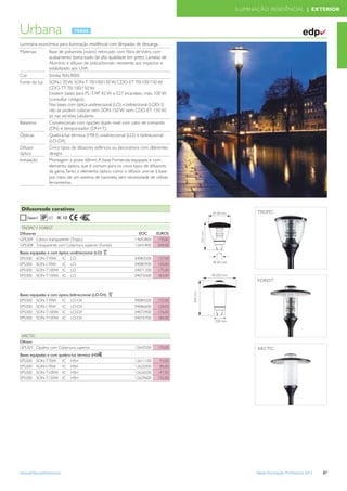 ILUMINAÇÃO RESIDÊNCIAL | EXTERIOR



Urbana                                                                                                                          ✔
Luminária económica para iluminação residêncial com lâmpadas de descarga.
Materiais        Base de poliamida (nylon) reforçado com ﬁbra de Vidro, com
                 acabamento texturizado de alta qualidade em preto, Lamelas de
                 Alumínio e difusor de policarbonato resistente aos impactos e
                 estabilizado aos UVA
Cor              Similar RAL9005
Fonte de luz     SON-I 70 W, SON-T 70/100/150 W, CDO-ET 70/100/150 W,
                 CDO-TT 70/ 100/150 W.
                 Existem bases para PL-T/4P 42 W e E27 Incandesc. máx. 100 W
                 (consultar códigos).
                 Nas bases com óptica unidireccional (LO) e bidireccional (LOD/ I)
                 não se podem colocar nem SON 150 W nem CDO-ET 150 W,
                 só nas versões tubulares
Balastros        Convencionais com opções duplo nivel com cabo de comando
                 (DN) e temporizador (DN+T).
Ópticas          Quebra-luz térmica (HSH), unidireccional (LO) e bidireccional
                 (LO-D/I)
Difusor          Cinco tipos de difusores esféricos ou decorativos com diferentes
óptico           designs
Instalação       Montagem a poste 60mm. A base Fornecida equipada e com
                 elemento óptico, que é comum para os cinco tipos de difusores
                 da gama. Tanto o elemento óptico como o difusor, une-se à base
                 por meio de um sistema de baioneta, sem necessidade de utilizar
                 ferramentas.




 Difusoresde corativos
                                                                                            TROPIC
                 65 IK 10

 TROPIC Y FOREST
Difusores                                                        EOC       EUROS
GPS309 Cónico transparente (Tropic)                            14692800     170,00
GPS308 Transparente com Cobertura superior (Forest)            12641800     204,00
Bases equipadas e com óptica unidireccional (LO)
EPS300 SON-T70W IC LO                                          04083500     127,00
EPS300 SON-I-70W        IC LO                                  04085900     120,00
EPS300 SON-T100W IC LO                                         04071200     175,00
EPS300 SON-T150W IC LO                                         04075000     183,00
                                                                                            FOREST


Bases equipadas e com óptica bidireccional (LO-D/I)
EPS300 SON-T70W IC LO-D/I                                      04084200     137,00
EPS300 SON-I-70W        IC LO-D/I                              04086600     128,00
EPS300 SON-T100W IC LO-D/I                                     04072900     176,00
EPS300 SON-T150W IC LO-D/I                                     04076700     184,00



 ARCTIC
Difusor
GPS307 Opalino com Cobertura superior                          12642500     170,00          ARCTIC
Bases equipadas e com quebra-luz térmico (HSH)
EPS300 SON-T70W IC HSH                                         12611100      93,00
EPS300 SON-I-70W        IC HSH                                 12620300      85,00
EPS300 SON-T100W IC HSH                                        12626500     147,00
EPS300 SON-T150W IC HSH                                        12629600     155,00




www.philips.pt/iluminacao                                                                  Tabela Iluminação Proﬁssional 2012   87
 
