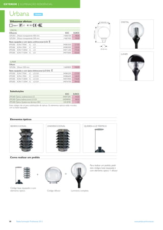 EXTERIOR | ILUMINAÇÃO RESIDÊNCIAL



   Urbana
    Difusorese sféricos                                                                                                                   CRISTAL
                    65 IK 10

    CRISTAL
   Difusores                                                               EOC        EUROS
   GPS303 Difusor transparente 400 mm                                    14686700       48,00
   GPS304 Difusor transparente 500 mm                                    14687400       59,00
   Bases equipadas e com óptica unidireccional (LO)
   EPS300 SON-T70W IC LO                                                 04083500      127,00
   EPS300 SON-I-70W        IC LO                                         04085900      120,00
   EPS300 SON-T100W IC LO                                                04071200      175,00
   EPS300 SON-T150W IC LO                                                04075000      183,00
                                                                                                                                          LUNER


    LUNER
   Difusor
   GPS306 Difusor 500 mm                                                 14689800      140,00
   Bases equipadas e com óptica bidireccional (LO-D/I)
   EPS300 SON-T70W IC LO-D/I                                             04084200      137,00
   EPS300 SON-I-70W        IC LO-D/I                                     04086600      128,00
   EPS300 SON-T100W IC LO-D/I                                            04072900      176,00
   EPS300 SON-T150W IC LO-D/I                                            04076700      184,00




    Substituições
                                                                           EOC        EUROS
   ZPS300 Óptica unidireccional LO                                       04097200       44,00
   ZPS300 Óptica bidireccional LO-D/I                                    04098900       48,00
   ZPS300 Óptica Quebra-luz térmica HSH                                  13018700       11,00
   Estes códigos são só para substituições de ópticas. Os elementos ópticos estão incluídos
   com as bases equipadas.




    Elementos ópticos

    BIDIRECCIONAL                                   UNIDIRECCIONAL                               QUEBRA-LUZ TÉRMICA




    Como realizar um pedido


                                                                                                         Para realizar um pedido, pedir
                                                                                                         dois códigos: base equipada e
                                                                                                         com elemento óptico + difusor
                                      +                                    =



    Código base equipada e com
    elemento óptico                                 Código difusor                  Luminária completa




   88      Tabela Iluminação Proﬁssional 2012                                                                                                       www.philips.pt/iluminacao
 