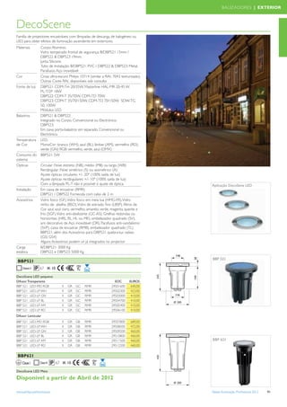 BALIZADORES | EXTERIOR



DecoScene
Família de projectores encastráveis com lâmpadas de descarga, de halogéneo ou
LED, para obter efeitos de iluminação ascendente em exteriores.
Materiais         Corpo: Alumínio.
                  Vidro temperado frontal de segurança: B/DBP521 15mm /
                  DBP522 & DBP523 19mm.
                  Junta: Silicone.
                  Tubo de Instalação: B/DBP521: PVC / DBP522 & DBP523: Metal.
                  Parafusos: Aço inoxidável
Cor               Cinza ultra-escuro Philips 10714 (similar a RAL 7043 texturizado).
                  Outras Cores RAL disponíveis sob consulta
Fonte de luz      DBP521: CDM-Tm 20/35W, Masterline HAL-MR 20-45 W,
                  PL-T/2P 18W
                  DBP522: CDM-T 35/70W, CDM-TD 70W
                  DBP523: CDM-T 35/70/150W, CDM-TD 70/150W, SDW-TG
                  50, 100W
                  Módulos LED
Balastros         DBP521 & DBP522:
                  Integrado no Corpo. Convencional ou Electrónico.
                  DBP523:
                  Em caixa porta-balastros em separado. Convencional ou
                  Electrónico.
Temperatura       LED:
de Cor            MonoCor: branco (WH), azul (BL), âmbar (AM), vermelho (RD),
                  verde (GN) RGB: vermelho, verde, azul (DMX)
Consumo do        BBP521: 5W
sistema
Opticas           Circular: Feixe estreito (NB), médio (MB) ou largo (WB)
                  Rectângular: Feixe simétrico (S) ou assimétrico (A)
                  Ajuste ópticas circulares: +/- 20º (100% saída de luz)
                  Ajuste ópticas rectângulares: +/- 10º (100% saída de luz)
                  Com a lâmpada PL-T não é possível o ajuste de óptica.                Aplicação DecoSene LED
Instalação        Em caixa de encastrar (RMR)
                  DBP521 / DBP522 Fornecida com cabo de 2 m
Acessórios        Vidro fosco (GF), Vidro fosco em meia lua (HMG-FR), Vidro
                  ninho de abelha (BSO), Vidro de estriado ﬁno (LBSP), ﬁltros de
                  Cor azul, azul claro, vermelho, amarelo, verde, magenta, quente e
                  frio (SGF), Vidro anti-deslizante (GC-AS), Grelhas redondas ou
                  horizontais (HRL, RL, HL ou MK), embelezador quadrado (SV),
                  aro decorativo de Aço inoxidável (DR), Parafusos anti-vandalismo
                  (SVP), caixa de encastrar (RMB), embelezador quadrado (TL)
                  BBP521: além dos Acessórios para DBP521 quebra-luz radiais
                  (GSI, GS4)
                  Alguns Acessórios podem vir já integrados no projector
Carga             B/DBP521: 3000 Kg
estática          DBP522 e DBP523: 5000 Kg

 BBP521
                  67 IK 10

DecoScene LED pequeno
Difusor Transparente                                              EOC       EUROS
BBP 521 LED-MD RGB              II   GR   GC   RMR              29501600     640,00
BBP 521 LED-LP WH               II   GR   GC   RMR              29502300     423,00
BBP 521 LED-LP GN               II   GR   GC   RMR              29503000     410,00
BBP 521 LED-LP BL               II   GR   GC   RMR              29504700     410,00
BBP 521 LED-LP AM               II   GR   GC   RMR              29505400     410,00
BBP 521 LED-LP RD               II   GR   GC   RMR              29506100     410,00
Difusor Lenticular
BBP 521      LED-MD RGB         II   GR   GB   RMR              29507800     689,00
BBP 521      LED-LP WH          II   GR   GB   RMR              29508500     472,00
BBP 521      LED-LP GN          II   GR   GB   RMR              29509200     460,00
BBP 521      LED-LP BL          II   GR   GB   RMR              29510800     460,00
BBP 521      LED-LP AM          II   GR   GB   RMR              29511500     460,00    BBP 621
BBP 521      LED-LP RD          II   GR   GB   RMR              29512200     460,00


 BBP621
      Classe I               67 IK 10

DecoScene LED Meio

Disponível a partir de Abril de 2012

www.philips.pt/iluminacao                                                              Tabela Iluminação Proﬁssional 2012   91
 